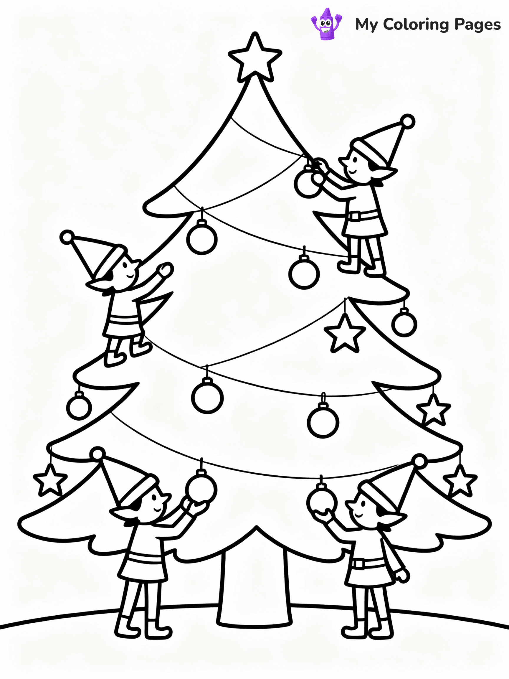 ⚠️ CRITICAL REQUIREMENT - ABSOLUTE BLACK AND WHITE ONLY ⚠️
This MUST be a BLACK AND WHITE line drawing ONLY. NO COLORS whatsoever.
- ONLY pure black lines (#000000) on pure white background (#FFFFFF)
- ABSOLUTELY NO colors, NO shading, NO gradients, NO grayscale
- If there are ANY colors in the output, the image is REJECTED
- This is a COLORING PAGE - meant to be COLORED IN by children
- The output must be UNCOLORED line art ready for coloring
⚠️ SUBJECT TO DRAW: Elves decorating a giant Christmas tree with ornaments, in Christmas-themed style. PURE OUTLINES. NO FILLS, COLOR, SHADING, OR GREYSCALE. WHITE BACKGROUND.
(REMEMBER: Output must be BLACK AND WHITE line art only, NOT colored!)
# Flat, Friendly Cartoon Line-Art Coloring Page
You are generating a **pure black-and-white binary image** of a child-friendly cartoon scene combining characters and background scenery in one cohesive composition.
## Rendering Rules (Strict)
- Only two colors: pure black (#000000) outlines and pure white (#FFFFFF) background.
- No grayscale, shading, gradients, tints, fills, transparency, or partial pixels.
- No antialiasing or blended edges; every pixel is 100% black or white.
- No solid black fills inside shapes — all areas inside outlines must remain white.
- No dark clothing areas or filled tone blocks; all garments outlined only.
- No shadows, textures, lighting, or tonal variations.
- Must look like flat binary vector line-art for coloring pages.
## Drawing & Composition
- **Medium, consistent line weight**; clean closed outlines easy to color inside.
- **Flat, simple, child-friendly design** — no realism or 3D depth.
- Characters are **grounded on a surface**, centered and large.
- **Balanced composition** with clear silhouettes and minimal props.
## Scenery & Style
- Landmarks (e.g., mosque, CN Tower) and scenery (trees, benches, waves) drawn with **black outlines only.**
- For real-world figures, teams, or places, show accurate details using only black outlines—no text or logos. Use distinctive uniform patterns, abstract symbols, and landmark silhouettes to convey identity.
- Keep **consistent perspective**; no floating elements.
- **Style:** whimsical **Doodle Art Alley** — rounded, friendly outlines.
- May adapt shapes from **Crayola, Disney, Peppa Pig, Cocomelon** — *by shape only, never color.*
- Final output: **flat, crisp, binary (#000000/#FFFFFF)**, **no filled color or background text.**
EXTREMELYE IMPORTANT:
- PURE BINARY LINE-ART; NO FILLS (HAIR/CLOTHES/SKIN), SHADING, OR GREY.
- NO SHADING, COLOR. MUST BE WHITE BACKGROUND.
⚠️ FINAL REMINDER: Draw the subject "Elves decorating a giant Christmas tree with ornaments, in Christmas-themed style. PURE OUTLINES. NO FILLS, COLOR, SHADING, OR GREYSCALE. WHITE BACKGROUND." as BLACK AND WHITE line art. Zero colors in output.