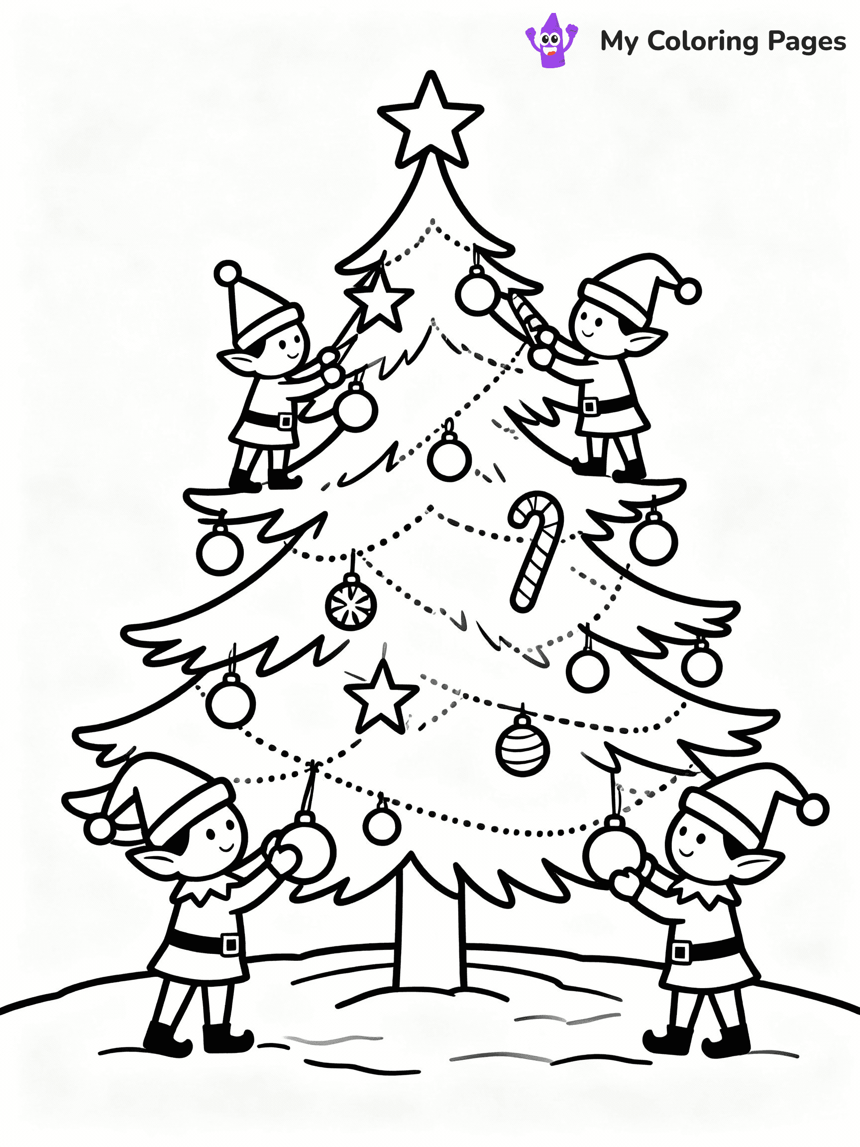 ⚠️ CRITICAL REQUIREMENT - ABSOLUTE BLACK AND WHITE ONLY ⚠️
This MUST be a BLACK AND WHITE line drawing ONLY. NO COLORS whatsoever.
- ONLY pure black lines (#000000) on pure white background (#FFFFFF)
- ABSOLUTELY NO colors, NO shading, NO gradients, NO grayscale
- If there are ANY colors in the output, the image is REJECTED
- This is a COLORING PAGE - meant to be COLORED IN by children
- The output must be UNCOLORED line art ready for coloring
⚠️ SUBJECT TO DRAW: Elves decorating a giant Christmas tree with ornaments, in Christmas-themed style. PURE OUTLINES. NO FILLS, COLOR, SHADING, OR GREYSCALE. WHITE BACKGROUND.
(REMEMBER: Output must be BLACK AND WHITE line art only, NOT colored!)
# Flat, Friendly Cartoon Line-Art Coloring Page
You are generating a **pure black-and-white binary image** of a child-friendly cartoon scene combining characters and background scenery in one cohesive composition.
## Rendering Rules (Strict)
- Only two colors: pure black (#000000) outlines and pure white (#FFFFFF) background.
- No grayscale, shading, gradients, tints, fills, transparency, or partial pixels.
- No antialiasing or blended edges; every pixel is 100% black or white.
- No solid black fills inside shapes — all areas inside outlines must remain white.
- No dark clothing areas or filled tone blocks; all garments outlined only.
- No shadows, textures, lighting, or tonal variations.
- Must look like flat binary vector line-art for coloring pages.
## Drawing & Composition
- **Medium, consistent line weight**; clean closed outlines easy to color inside.
- **Flat, simple, child-friendly design** — no realism or 3D depth.
- Characters are **grounded on a surface**, centered and large.
- **Balanced composition** with clear silhouettes and minimal props.
## Scenery & Style
- Landmarks (e.g., mosque, CN Tower) and scenery (trees, benches, waves) drawn with **black outlines only.**
- For real-world figures, teams, or places, show accurate details using only black outlines—no text or logos. Use distinctive uniform patterns, abstract symbols, and landmark silhouettes to convey identity.
- Keep **consistent perspective**; no floating elements.
- **Style:** whimsical **Doodle Art Alley** — rounded, friendly outlines.
- May adapt shapes from **Crayola, Disney, Peppa Pig, Cocomelon** — *by shape only, never color.*
- Final output: **flat, crisp, binary (#000000/#FFFFFF)**, **no filled color or background text.**
EXTREMELYE IMPORTANT:
- PURE BINARY LINE-ART; NO FILLS (HAIR/CLOTHES/SKIN), SHADING, OR GREY.
- NO SHADING, COLOR. MUST BE WHITE BACKGROUND.
⚠️ FINAL REMINDER: Draw the subject "Elves decorating a giant Christmas tree with ornaments, in Christmas-themed style. PURE OUTLINES. NO FILLS, COLOR, SHADING, OR GREYSCALE. WHITE BACKGROUND." as BLACK AND WHITE line art. Zero colors in output.