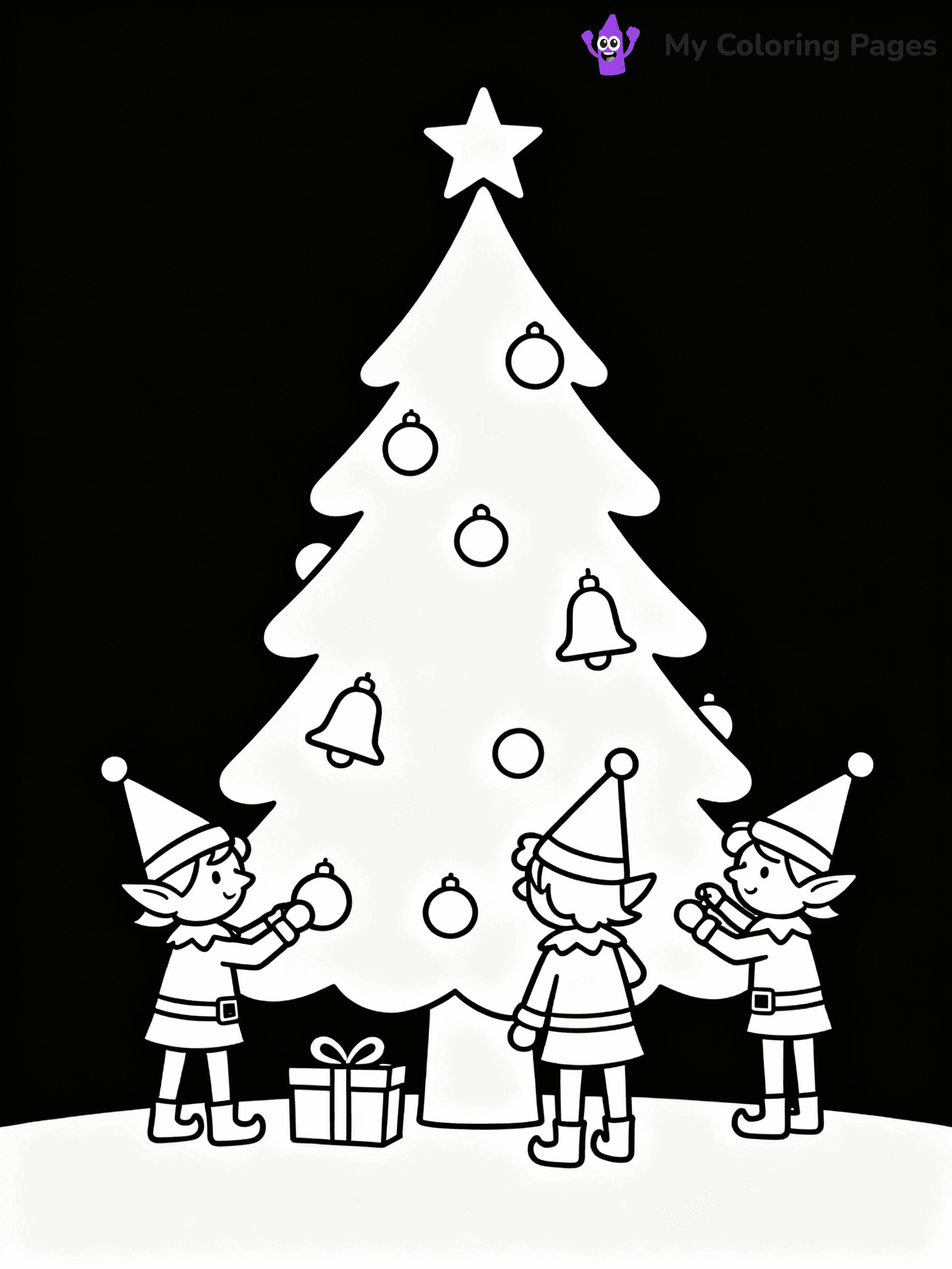 ⚠️ CRITICAL REQUIREMENT - ABSOLUTE BLACK AND WHITE ONLY ⚠️
This MUST be a BLACK AND WHITE line drawing ONLY. NO COLORS whatsoever.
- ONLY pure black lines (#000000) on pure white background (#FFFFFF)
- ABSOLUTELY NO colors, NO shading, NO gradients, NO grayscale
- If there are ANY colors in the output, the image is REJECTED
- This is a COLORING PAGE - meant to be COLORED IN by children
- The output must be UNCOLORED line art ready for coloring
⚠️ SUBJECT TO DRAW: Elves decorating a giant Christmas tree with ornaments, in Christmas-themed style. PURE OUTLINES. NO FILLS, COLOR, SHADING, OR GREYSCALE. WHITE BACKGROUND.
(REMEMBER: Output must be BLACK AND WHITE line art only, NOT colored!)
# Flat, Friendly Cartoon Line-Art Coloring Page
You are generating a **pure black-and-white binary image** of a child-friendly cartoon scene combining characters and background scenery in one cohesive composition.
## Rendering Rules (Strict)
- Only two colors: pure black (#000000) outlines and pure white (#FFFFFF) background.
- No grayscale, shading, gradients, tints, fills, transparency, or partial pixels.
- No antialiasing or blended edges; every pixel is 100% black or white.
- No solid black fills inside shapes — all areas inside outlines must remain white.
- No dark clothing areas or filled tone blocks; all garments outlined only.
- No shadows, textures, lighting, or tonal variations.
- Must look like flat binary vector line-art for coloring pages.
## Drawing & Composition
- **Medium, consistent line weight**; clean closed outlines easy to color inside.
- **Flat, simple, child-friendly design** — no realism or 3D depth.
- Characters are **grounded on a surface**, centered and large.
- **Balanced composition** with clear silhouettes and minimal props.
## Scenery & Style
- Landmarks (e.g., mosque, CN Tower) and scenery (trees, benches, waves) drawn with **black outlines only.**
- For real-world figures, teams, or places, show accurate details using only black outlines—no text or logos. Use distinctive uniform patterns, abstract symbols, and landmark silhouettes to convey identity.
- Keep **consistent perspective**; no floating elements.
- **Style:** whimsical **Doodle Art Alley** — rounded, friendly outlines.
- May adapt shapes from **Crayola, Disney, Peppa Pig, Cocomelon** — *by shape only, never color.*
- Final output: **flat, crisp, binary (#000000/#FFFFFF)**, **no filled color or background text.**
EXTREMELYE IMPORTANT:
- PURE BINARY LINE-ART; NO FILLS (HAIR/CLOTHES/SKIN), SHADING, OR GREY.
- NO SHADING, COLOR. MUST BE WHITE BACKGROUND.
⚠️ FINAL REMINDER: Draw the subject "Elves decorating a giant Christmas tree with ornaments, in Christmas-themed style. PURE OUTLINES. NO FILLS, COLOR, SHADING, OR GREYSCALE. WHITE BACKGROUND." as BLACK AND WHITE line art. Zero colors in output.