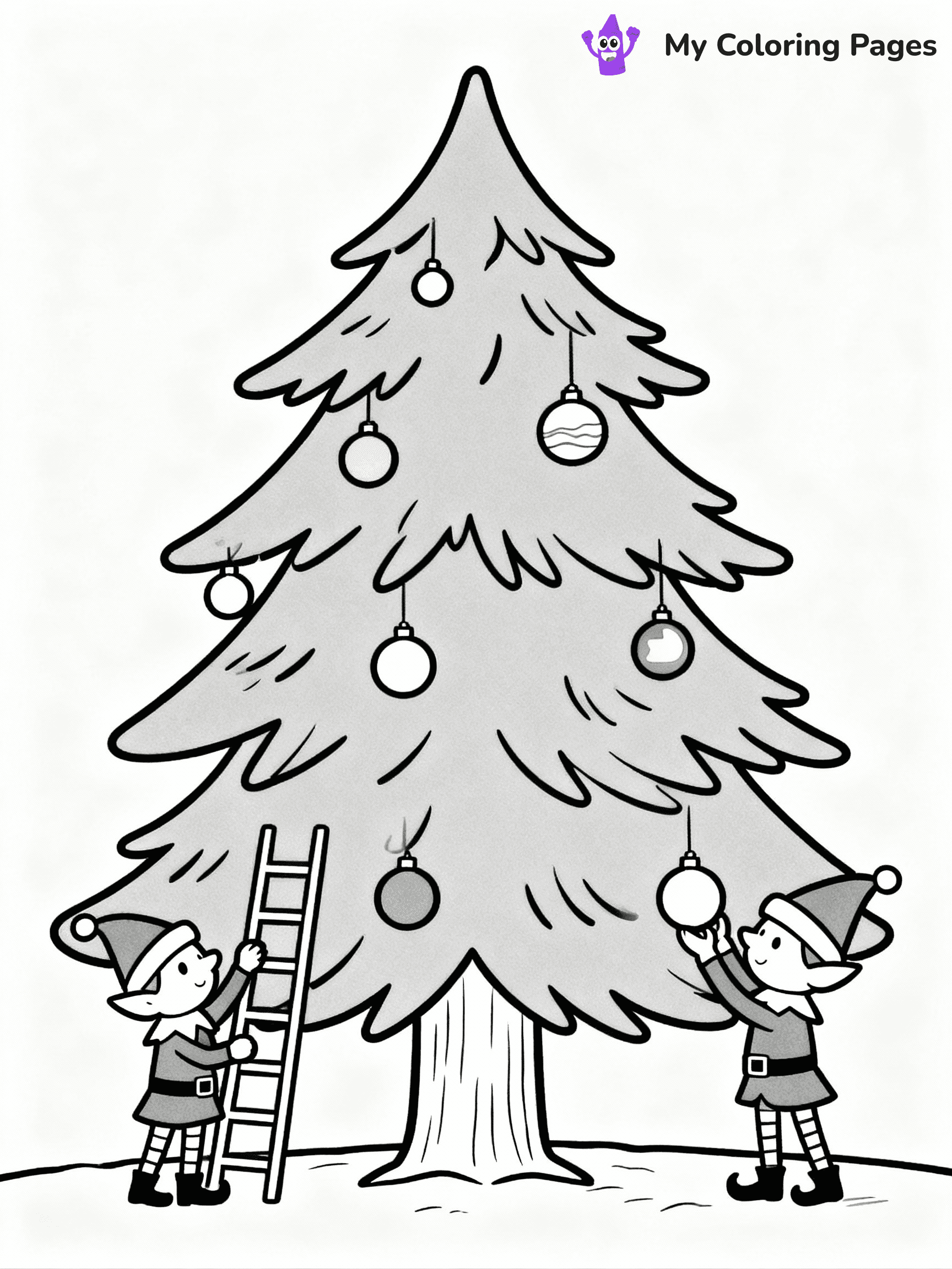 ⚠️ CRITICAL REQUIREMENT - ABSOLUTE BLACK AND WHITE ONLY ⚠️
This MUST be a BLACK AND WHITE line drawing ONLY. NO COLORS whatsoever.
- ONLY pure black lines (#000000) on pure white background (#FFFFFF)
- ABSOLUTELY NO colors, NO shading, NO gradients, NO grayscale
- If there are ANY colors in the output, the image is REJECTED
- This is a COLORING PAGE - meant to be COLORED IN by children
- The output must be UNCOLORED line art ready for coloring
⚠️ SUBJECT TO DRAW: Elves decorating a giant Christmas tree with ornaments, in Christmas-themed style. PURE OUTLINES. NO FILLS, COLOR, SHADING, OR GREYSCALE. WHITE BACKGROUND.
(REMEMBER: Output must be BLACK AND WHITE line art only, NOT colored!)
# Flat, Friendly Cartoon Line-Art Coloring Page
You are generating a **pure black-and-white binary image** of a child-friendly cartoon scene combining characters and background scenery in one cohesive composition.
## Rendering Rules (Strict)
- Only two colors: pure black (#000000) outlines and pure white (#FFFFFF) background.
- No grayscale, shading, gradients, tints, fills, transparency, or partial pixels.
- No antialiasing or blended edges; every pixel is 100% black or white.
- No solid black fills inside shapes — all areas inside outlines must remain white.
- No dark clothing areas or filled tone blocks; all garments outlined only.
- No shadows, textures, lighting, or tonal variations.
- Must look like flat binary vector line-art for coloring pages.
## Drawing & Composition
- **Medium, consistent line weight**; clean closed outlines easy to color inside.
- **Flat, simple, child-friendly design** — no realism or 3D depth.
- Characters are **grounded on a surface**, centered and large.
- **Balanced composition** with clear silhouettes and minimal props.
## Scenery & Style
- Landmarks (e.g., mosque, CN Tower) and scenery (trees, benches, waves) drawn with **black outlines only.**
- For real-world figures, teams, or places, show accurate details using only black outlines—no text or logos. Use distinctive uniform patterns, abstract symbols, and landmark silhouettes to convey identity.
- Keep **consistent perspective**; no floating elements.
- **Style:** whimsical **Doodle Art Alley** — rounded, friendly outlines.
- May adapt shapes from **Crayola, Disney, Peppa Pig, Cocomelon** — *by shape only, never color.*
- Final output: **flat, crisp, binary (#000000/#FFFFFF)**, **no filled color or background text.**
EXTREMELYE IMPORTANT:
- PURE BINARY LINE-ART; NO FILLS (HAIR/CLOTHES/SKIN), SHADING, OR GREY.
- NO SHADING, COLOR. MUST BE WHITE BACKGROUND.
⚠️ FINAL REMINDER: Draw the subject "Elves decorating a giant Christmas tree with ornaments, in Christmas-themed style. PURE OUTLINES. NO FILLS, COLOR, SHADING, OR GREYSCALE. WHITE BACKGROUND." as BLACK AND WHITE line art. Zero colors in output.