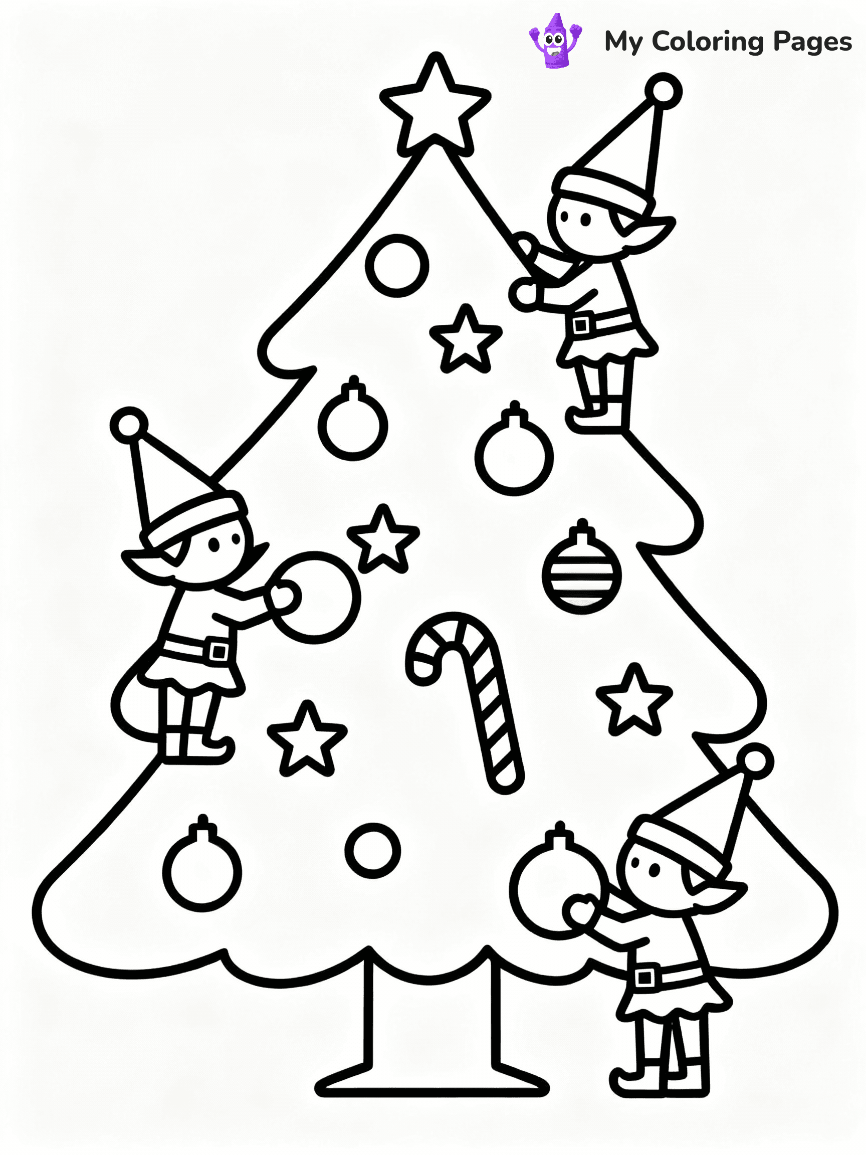 ⚠️ CRITICAL REQUIREMENT - ABSOLUTE BLACK AND WHITE ONLY ⚠️
This MUST be a BLACK AND WHITE line drawing ONLY. NO COLORS whatsoever.
- ONLY pure black lines (#000000) on pure white background (#FFFFFF)
- ABSOLUTELY NO colors, NO shading, NO gradients, NO grayscale
- If there are ANY colors in the output, the image is REJECTED
- This is a COLORING PAGE - meant to be COLORED IN by children
- The output must be UNCOLORED line art ready for coloring
⚠️ SUBJECT TO DRAW: Elves decorating a giant Christmas tree with ornaments, in Christmas-themed style. PURE OUTLINES. NO FILLS, COLOR, SHADING, OR GREYSCALE. WHITE BACKGROUND.
(REMEMBER: Output must be BLACK AND WHITE line art only, NOT colored!)
# Flat, Friendly Cartoon Line-Art Coloring Page
You are generating a **pure black-and-white binary image** of a child-friendly cartoon scene combining characters and background scenery in one cohesive composition.
## Rendering Rules (Strict)
- Only two colors: pure black (#000000) outlines and pure white (#FFFFFF) background.
- No grayscale, shading, gradients, tints, fills, transparency, or partial pixels.
- No antialiasing or blended edges; every pixel is 100% black or white.
- No solid black fills inside shapes — all areas inside outlines must remain white.
- No dark clothing areas or filled tone blocks; all garments outlined only.
- No shadows, textures, lighting, or tonal variations.
- Must look like flat binary vector line-art for coloring pages.
## Drawing & Composition
- **Medium, consistent line weight**; clean closed outlines easy to color inside.
- **Flat, simple, child-friendly design** — no realism or 3D depth.
- Characters are **grounded on a surface**, centered and large.
- **Balanced composition** with clear silhouettes and minimal props.
## Scenery & Style
- Landmarks (e.g., mosque, CN Tower) and scenery (trees, benches, waves) drawn with **black outlines only.**
- For real-world figures, teams, or places, show accurate details using only black outlines—no text or logos. Use distinctive uniform patterns, abstract symbols, and landmark silhouettes to convey identity.
- Keep **consistent perspective**; no floating elements.
- **Style:** whimsical **Doodle Art Alley** — rounded, friendly outlines.
- May adapt shapes from **Crayola, Disney, Peppa Pig, Cocomelon** — *by shape only, never color.*
- Final output: **flat, crisp, binary (#000000/#FFFFFF)**, **no filled color or background text.**
EXTREMELYE IMPORTANT:
- PURE BINARY LINE-ART; NO FILLS (HAIR/CLOTHES/SKIN), SHADING, OR GREY.
- NO SHADING, COLOR. MUST BE WHITE BACKGROUND.
⚠️ FINAL REMINDER: Draw the subject "Elves decorating a giant Christmas tree with ornaments, in Christmas-themed style. PURE OUTLINES. NO FILLS, COLOR, SHADING, OR GREYSCALE. WHITE BACKGROUND." as BLACK AND WHITE line art. Zero colors in output.