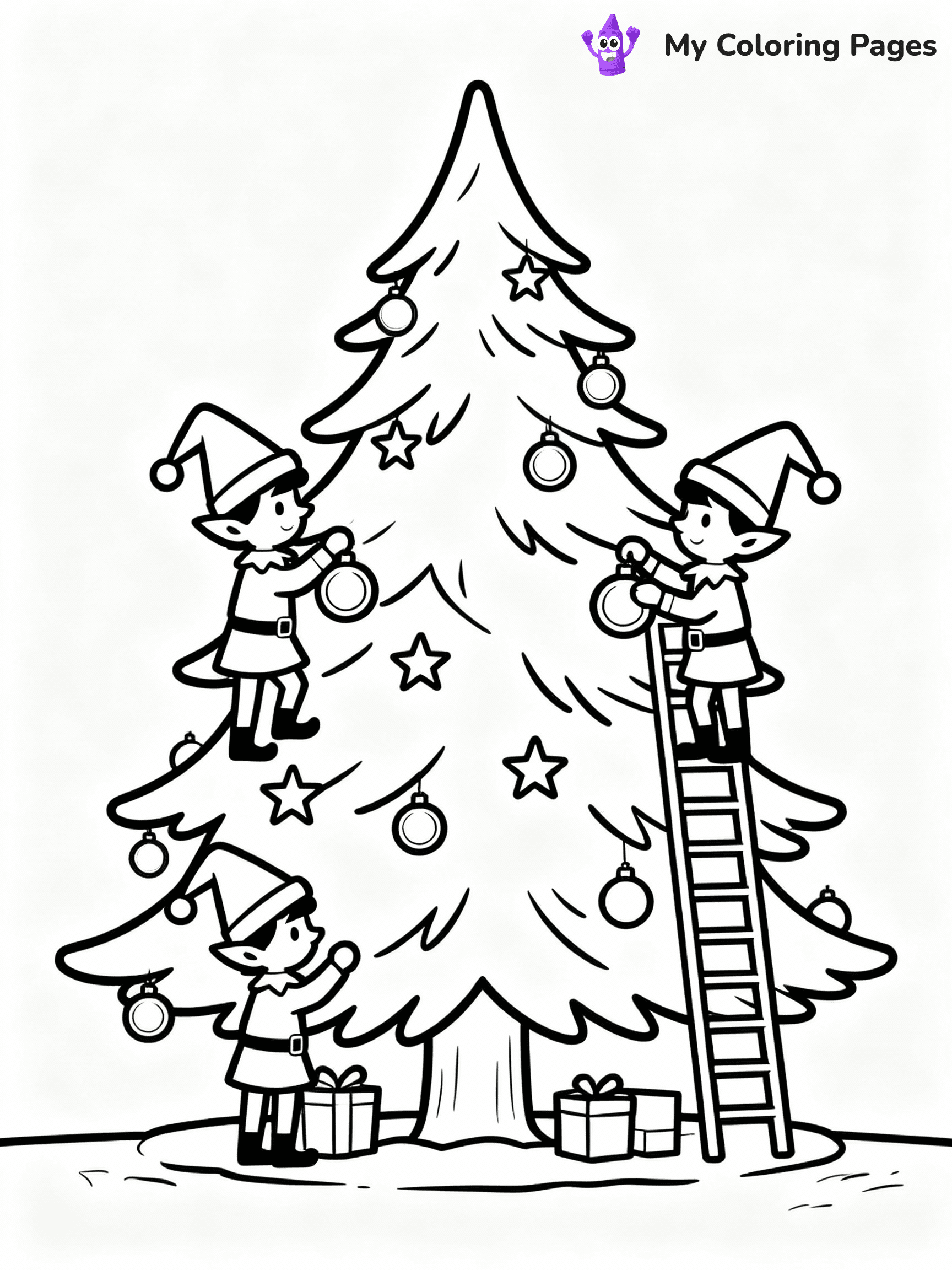 ⚠️ CRITICAL REQUIREMENT - ABSOLUTE BLACK AND WHITE ONLY ⚠️
This MUST be a BLACK AND WHITE line drawing ONLY. NO COLORS whatsoever.
- ONLY pure black lines (#000000) on pure white background (#FFFFFF)
- ABSOLUTELY NO colors, NO shading, NO gradients, NO grayscale
- If there are ANY colors in the output, the image is REJECTED
- This is a COLORING PAGE - meant to be COLORED IN by children
- The output must be UNCOLORED line art ready for coloring
⚠️ SUBJECT TO DRAW: Elves decorating a giant Christmas tree with ornaments, in Christmas-themed style. PURE OUTLINES. NO FILLS, COLOR, SHADING, OR GREYSCALE. WHITE BACKGROUND.
(REMEMBER: Output must be BLACK AND WHITE line art only, NOT colored!)
# Flat, Friendly Cartoon Line-Art Coloring Page
You are generating a **pure black-and-white binary image** of a child-friendly cartoon scene combining characters and background scenery in one cohesive composition.
## Rendering Rules (Strict)
- Only two colors: pure black (#000000) outlines and pure white (#FFFFFF) background.
- No grayscale, shading, gradients, tints, fills, transparency, or partial pixels.
- No antialiasing or blended edges; every pixel is 100% black or white.
- No solid black fills inside shapes — all areas inside outlines must remain white.
- No dark clothing areas or filled tone blocks; all garments outlined only.
- No shadows, textures, lighting, or tonal variations.
- Must look like flat binary vector line-art for coloring pages.
## Drawing & Composition
- **Medium, consistent line weight**; clean closed outlines easy to color inside.
- **Flat, simple, child-friendly design** — no realism or 3D depth.
- Characters are **grounded on a surface**, centered and large.
- **Balanced composition** with clear silhouettes and minimal props.
## Scenery & Style
- Landmarks (e.g., mosque, CN Tower) and scenery (trees, benches, waves) drawn with **black outlines only.**
- For real-world figures, teams, or places, show accurate details using only black outlines—no text or logos. Use distinctive uniform patterns, abstract symbols, and landmark silhouettes to convey identity.
- Keep **consistent perspective**; no floating elements.
- **Style:** whimsical **Doodle Art Alley** — rounded, friendly outlines.
- May adapt shapes from **Crayola, Disney, Peppa Pig, Cocomelon** — *by shape only, never color.*
- Final output: **flat, crisp, binary (#000000/#FFFFFF)**, **no filled color or background text.**
EXTREMELYE IMPORTANT:
- PURE BINARY LINE-ART; NO FILLS (HAIR/CLOTHES/SKIN), SHADING, OR GREY.
- NO SHADING, COLOR. MUST BE WHITE BACKGROUND.
⚠️ FINAL REMINDER: Draw the subject "Elves decorating a giant Christmas tree with ornaments, in Christmas-themed style. PURE OUTLINES. NO FILLS, COLOR, SHADING, OR GREYSCALE. WHITE BACKGROUND." as BLACK AND WHITE line art. Zero colors in output.