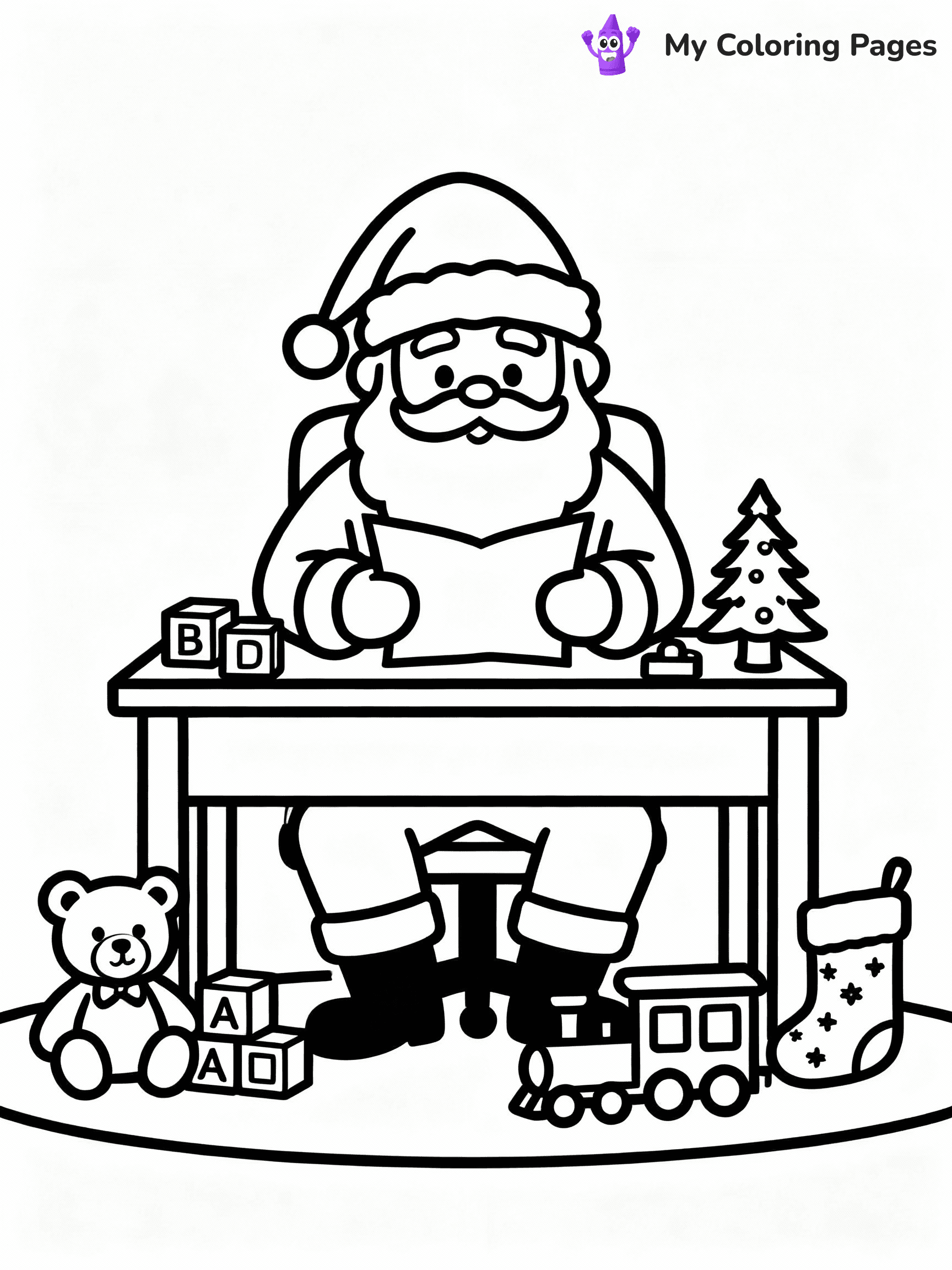 ⚠️ CRITICAL REQUIREMENT - ABSOLUTE BLACK AND WHITE ONLY ⚠️
This MUST be a BLACK AND WHITE line drawing ONLY. NO COLORS whatsoever.
- ONLY pure black lines (#000000) on pure white background (#FFFFFF)
- ABSOLUTELY NO colors, NO shading, NO gradients, NO grayscale
- If there are ANY colors in the output, the image is REJECTED
- This is a COLORING PAGE - meant to be COLORED IN by children
- The output must be UNCOLORED line art ready for coloring
⚠️ SUBJECT TO DRAW: Santa reading letters at his desk surrounded by toys, in Christmas-themed style. PURE OUTLINES. NO FILLS, COLOR, SHADING, OR GREYSCALE. WHITE BACKGROUND.
(REMEMBER: Output must be BLACK AND WHITE line art only, NOT colored!)
# Flat, Friendly Cartoon Line-Art Coloring Page
You are generating a **pure black-and-white binary image** of a child-friendly cartoon scene combining characters and background scenery in one cohesive composition.
## Rendering Rules (Strict)
- Only two colors: pure black (#000000) outlines and pure white (#FFFFFF) background.
- No grayscale, shading, gradients, tints, fills, transparency, or partial pixels.
- No antialiasing or blended edges; every pixel is 100% black or white.
- No solid black fills inside shapes — all areas inside outlines must remain white.
- No dark clothing areas or filled tone blocks; all garments outlined only.
- No shadows, textures, lighting, or tonal variations.
- Must look like flat binary vector line-art for coloring pages.
## Drawing & Composition
- **Medium, consistent line weight**; clean closed outlines easy to color inside.
- **Flat, simple, child-friendly design** — no realism or 3D depth.
- Characters are **grounded on a surface**, centered and large.
- **Balanced composition** with clear silhouettes and minimal props.
## Scenery & Style
- Landmarks (e.g., mosque, CN Tower) and scenery (trees, benches, waves) drawn with **black outlines only.**
- For real-world figures, teams, or places, show accurate details using only black outlines—no text or logos. Use distinctive uniform patterns, abstract symbols, and landmark silhouettes to convey identity.
- Keep **consistent perspective**; no floating elements.
- **Style:** whimsical **Doodle Art Alley** — rounded, friendly outlines.
- May adapt shapes from **Crayola, Disney, Peppa Pig, Cocomelon** — *by shape only, never color.*
- Final output: **flat, crisp, binary (#000000/#FFFFFF)**, **no filled color or background text.**
EXTREMELYE IMPORTANT:
- PURE BINARY LINE-ART; NO FILLS (HAIR/CLOTHES/SKIN), SHADING, OR GREY.
- NO SHADING, COLOR. MUST BE WHITE BACKGROUND.
⚠️ FINAL REMINDER: Draw the subject "Santa reading letters at his desk surrounded by toys, in Christmas-themed style. PURE OUTLINES. NO FILLS, COLOR, SHADING, OR GREYSCALE. WHITE BACKGROUND." as BLACK AND WHITE line art. Zero colors in output.