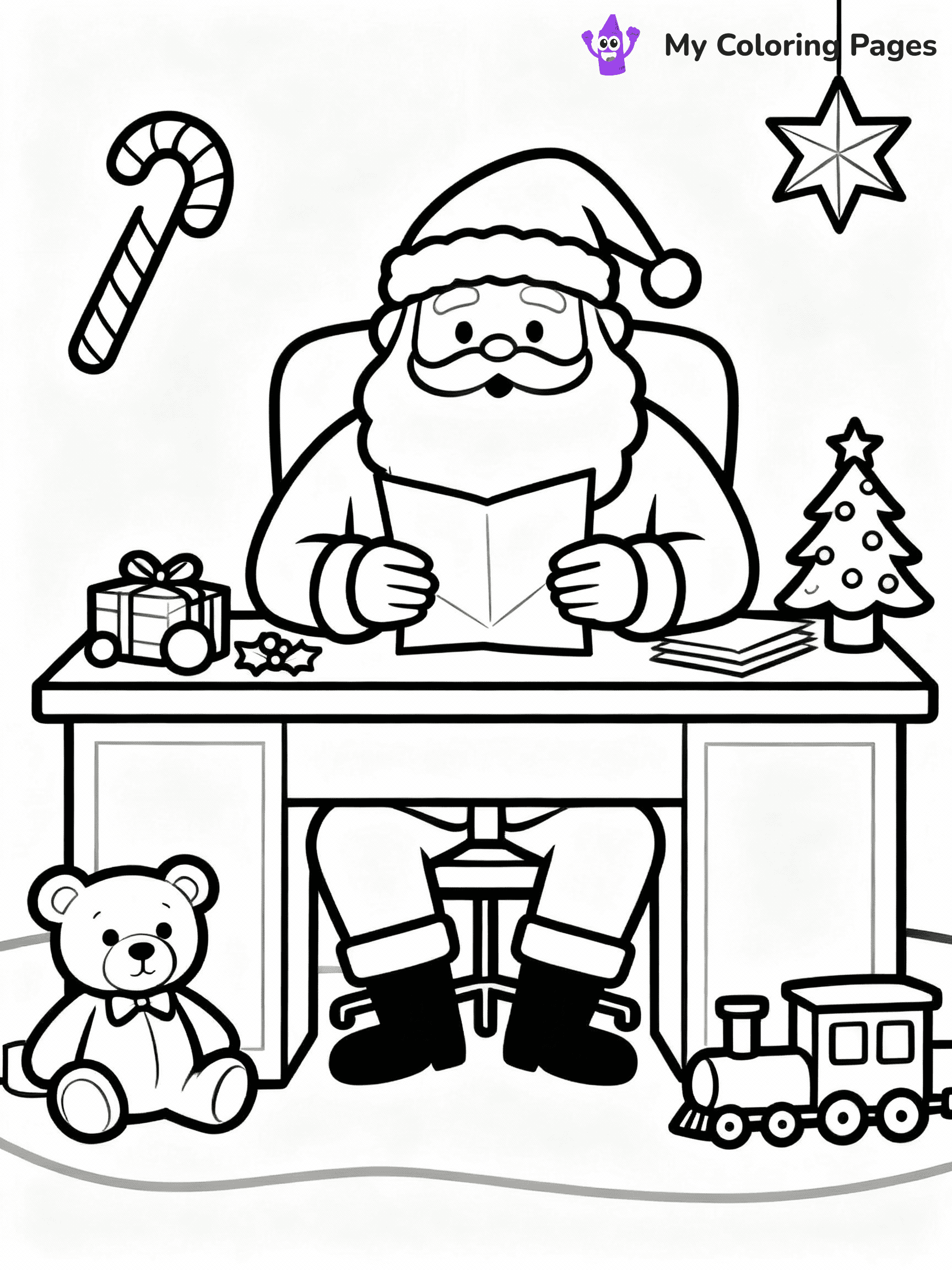 ⚠️ CRITICAL REQUIREMENT - ABSOLUTE BLACK AND WHITE ONLY ⚠️
This MUST be a BLACK AND WHITE line drawing ONLY. NO COLORS whatsoever.
- ONLY pure black lines (#000000) on pure white background (#FFFFFF)
- ABSOLUTELY NO colors, NO shading, NO gradients, NO grayscale
- If there are ANY colors in the output, the image is REJECTED
- This is a COLORING PAGE - meant to be COLORED IN by children
- The output must be UNCOLORED line art ready for coloring
⚠️ SUBJECT TO DRAW: Santa reading letters at his desk surrounded by toys, in Christmas-themed style. PURE OUTLINES. NO FILLS, COLOR, SHADING, OR GREYSCALE. WHITE BACKGROUND.
(REMEMBER: Output must be BLACK AND WHITE line art only, NOT colored!)
# Flat, Friendly Cartoon Line-Art Coloring Page
You are generating a **pure black-and-white binary image** of a child-friendly cartoon scene combining characters and background scenery in one cohesive composition.
## Rendering Rules (Strict)
- Only two colors: pure black (#000000) outlines and pure white (#FFFFFF) background.
- No grayscale, shading, gradients, tints, fills, transparency, or partial pixels.
- No antialiasing or blended edges; every pixel is 100% black or white.
- No solid black fills inside shapes — all areas inside outlines must remain white.
- No dark clothing areas or filled tone blocks; all garments outlined only.
- No shadows, textures, lighting, or tonal variations.
- Must look like flat binary vector line-art for coloring pages.
## Drawing & Composition
- **Medium, consistent line weight**; clean closed outlines easy to color inside.
- **Flat, simple, child-friendly design** — no realism or 3D depth.
- Characters are **grounded on a surface**, centered and large.
- **Balanced composition** with clear silhouettes and minimal props.
## Scenery & Style
- Landmarks (e.g., mosque, CN Tower) and scenery (trees, benches, waves) drawn with **black outlines only.**
- For real-world figures, teams, or places, show accurate details using only black outlines—no text or logos. Use distinctive uniform patterns, abstract symbols, and landmark silhouettes to convey identity.
- Keep **consistent perspective**; no floating elements.
- **Style:** whimsical **Doodle Art Alley** — rounded, friendly outlines.
- May adapt shapes from **Crayola, Disney, Peppa Pig, Cocomelon** — *by shape only, never color.*
- Final output: **flat, crisp, binary (#000000/#FFFFFF)**, **no filled color or background text.**
EXTREMELYE IMPORTANT:
- PURE BINARY LINE-ART; NO FILLS (HAIR/CLOTHES/SKIN), SHADING, OR GREY.
- NO SHADING, COLOR. MUST BE WHITE BACKGROUND.
⚠️ FINAL REMINDER: Draw the subject "Santa reading letters at his desk surrounded by toys, in Christmas-themed style. PURE OUTLINES. NO FILLS, COLOR, SHADING, OR GREYSCALE. WHITE BACKGROUND." as BLACK AND WHITE line art. Zero colors in output.