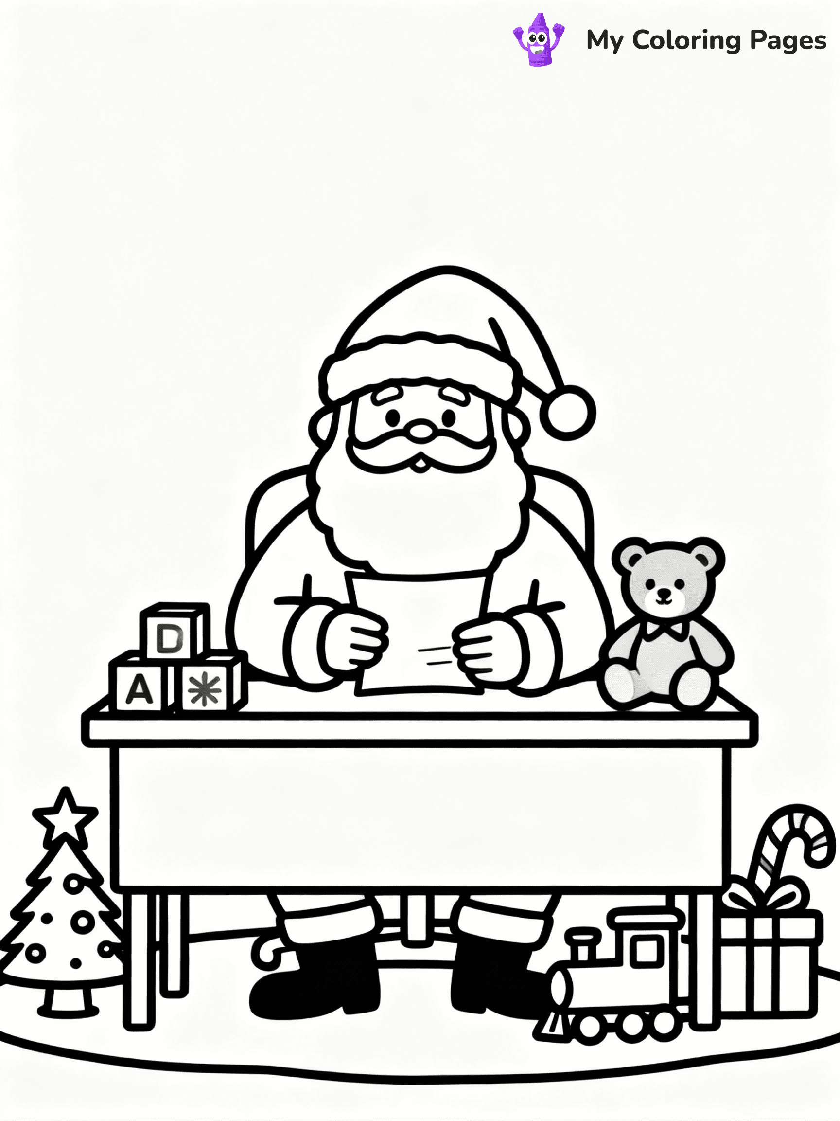 ⚠️ CRITICAL REQUIREMENT - ABSOLUTE BLACK AND WHITE ONLY ⚠️
This MUST be a BLACK AND WHITE line drawing ONLY. NO COLORS whatsoever.
- ONLY pure black lines (#000000) on pure white background (#FFFFFF)
- ABSOLUTELY NO colors, NO shading, NO gradients, NO grayscale
- If there are ANY colors in the output, the image is REJECTED
- This is a COLORING PAGE - meant to be COLORED IN by children
- The output must be UNCOLORED line art ready for coloring
⚠️ SUBJECT TO DRAW: Santa reading letters at his desk surrounded by toys, in Christmas-themed style. PURE OUTLINES. NO FILLS, COLOR, SHADING, OR GREYSCALE. WHITE BACKGROUND.
(REMEMBER: Output must be BLACK AND WHITE line art only, NOT colored!)
# Flat, Friendly Cartoon Line-Art Coloring Page
You are generating a **pure black-and-white binary image** of a child-friendly cartoon scene combining characters and background scenery in one cohesive composition.
## Rendering Rules (Strict)
- Only two colors: pure black (#000000) outlines and pure white (#FFFFFF) background.
- No grayscale, shading, gradients, tints, fills, transparency, or partial pixels.
- No antialiasing or blended edges; every pixel is 100% black or white.
- No solid black fills inside shapes — all areas inside outlines must remain white.
- No dark clothing areas or filled tone blocks; all garments outlined only.
- No shadows, textures, lighting, or tonal variations.
- Must look like flat binary vector line-art for coloring pages.
## Drawing & Composition
- **Medium, consistent line weight**; clean closed outlines easy to color inside.
- **Flat, simple, child-friendly design** — no realism or 3D depth.
- Characters are **grounded on a surface**, centered and large.
- **Balanced composition** with clear silhouettes and minimal props.
## Scenery & Style
- Landmarks (e.g., mosque, CN Tower) and scenery (trees, benches, waves) drawn with **black outlines only.**
- For real-world figures, teams, or places, show accurate details using only black outlines—no text or logos. Use distinctive uniform patterns, abstract symbols, and landmark silhouettes to convey identity.
- Keep **consistent perspective**; no floating elements.
- **Style:** whimsical **Doodle Art Alley** — rounded, friendly outlines.
- May adapt shapes from **Crayola, Disney, Peppa Pig, Cocomelon** — *by shape only, never color.*
- Final output: **flat, crisp, binary (#000000/#FFFFFF)**, **no filled color or background text.**
EXTREMELYE IMPORTANT:
- PURE BINARY LINE-ART; NO FILLS (HAIR/CLOTHES/SKIN), SHADING, OR GREY.
- NO SHADING, COLOR. MUST BE WHITE BACKGROUND.
⚠️ FINAL REMINDER: Draw the subject "Santa reading letters at his desk surrounded by toys, in Christmas-themed style. PURE OUTLINES. NO FILLS, COLOR, SHADING, OR GREYSCALE. WHITE BACKGROUND." as BLACK AND WHITE line art. Zero colors in output.