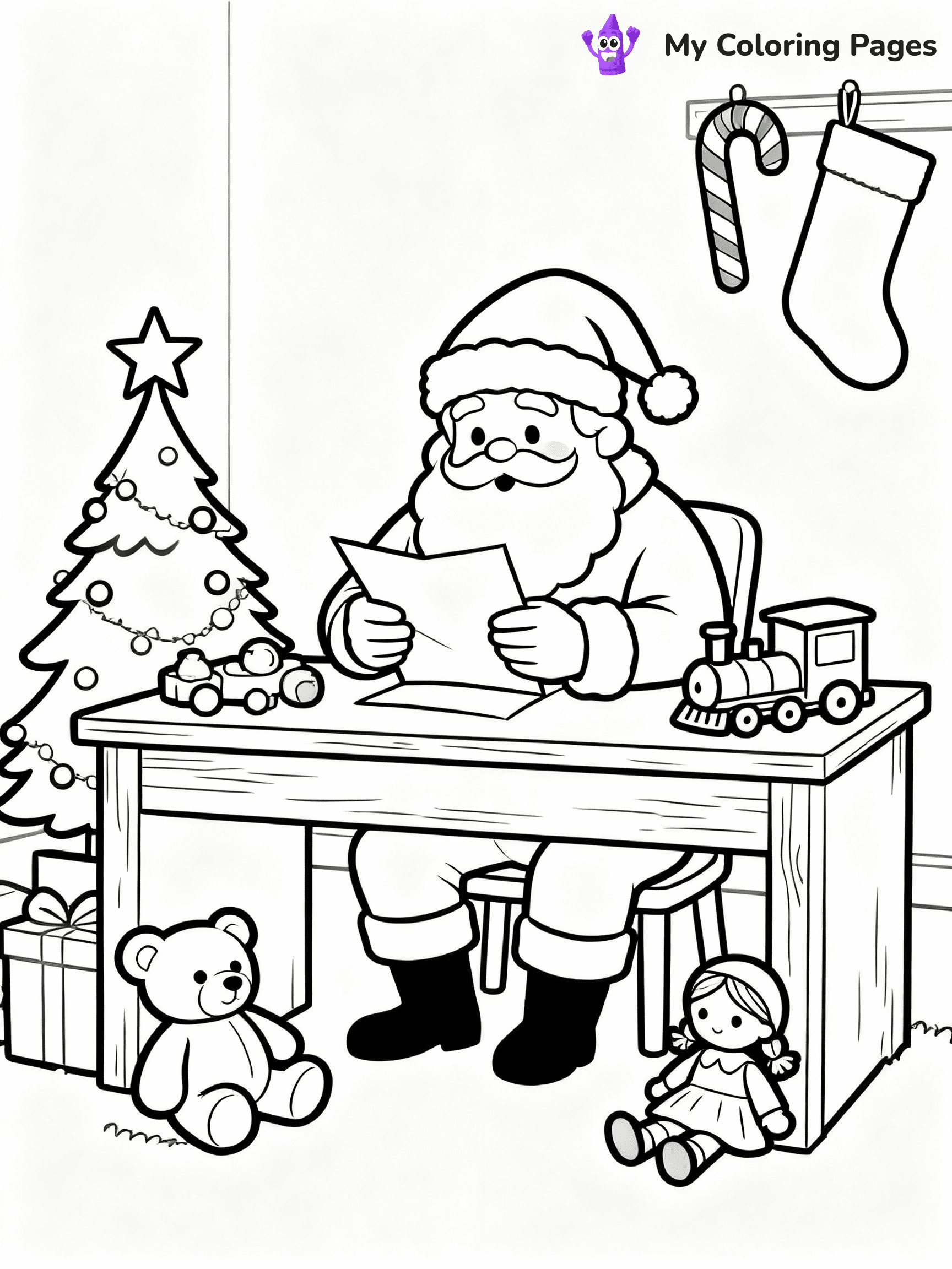 ⚠️ CRITICAL REQUIREMENT - ABSOLUTE BLACK AND WHITE ONLY ⚠️
This MUST be a BLACK AND WHITE line drawing ONLY. NO COLORS whatsoever.
- ONLY pure black lines (#000000) on pure white background (#FFFFFF)
- ABSOLUTELY NO colors, NO shading, NO gradients, NO grayscale
- If there are ANY colors in the output, the image is REJECTED
- This is a COLORING PAGE - meant to be COLORED IN by children
- The output must be UNCOLORED line art ready for coloring
⚠️ SUBJECT TO DRAW: Santa reading letters at his desk surrounded by toys, in Christmas-themed style. PURE OUTLINES. NO FILLS, COLOR, SHADING, OR GREYSCALE. WHITE BACKGROUND.
(REMEMBER: Output must be BLACK AND WHITE line art only, NOT colored!)
# Flat, Friendly Cartoon Line-Art Coloring Page
You are generating a **pure black-and-white binary image** of a child-friendly cartoon scene combining characters and background scenery in one cohesive composition.
## Rendering Rules (Strict)
- Only two colors: pure black (#000000) outlines and pure white (#FFFFFF) background.
- No grayscale, shading, gradients, tints, fills, transparency, or partial pixels.
- No antialiasing or blended edges; every pixel is 100% black or white.
- No solid black fills inside shapes — all areas inside outlines must remain white.
- No dark clothing areas or filled tone blocks; all garments outlined only.
- No shadows, textures, lighting, or tonal variations.
- Must look like flat binary vector line-art for coloring pages.
## Drawing & Composition
- **Medium, consistent line weight**; clean closed outlines easy to color inside.
- **Flat, simple, child-friendly design** — no realism or 3D depth.
- Characters are **grounded on a surface**, centered and large.
- **Balanced composition** with clear silhouettes and minimal props.
## Scenery & Style
- Landmarks (e.g., mosque, CN Tower) and scenery (trees, benches, waves) drawn with **black outlines only.**
- For real-world figures, teams, or places, show accurate details using only black outlines—no text or logos. Use distinctive uniform patterns, abstract symbols, and landmark silhouettes to convey identity.
- Keep **consistent perspective**; no floating elements.
- **Style:** whimsical **Doodle Art Alley** — rounded, friendly outlines.
- May adapt shapes from **Crayola, Disney, Peppa Pig, Cocomelon** — *by shape only, never color.*
- Final output: **flat, crisp, binary (#000000/#FFFFFF)**, **no filled color or background text.**
EXTREMELYE IMPORTANT:
- PURE BINARY LINE-ART; NO FILLS (HAIR/CLOTHES/SKIN), SHADING, OR GREY.
- NO SHADING, COLOR. MUST BE WHITE BACKGROUND.
⚠️ FINAL REMINDER: Draw the subject "Santa reading letters at his desk surrounded by toys, in Christmas-themed style. PURE OUTLINES. NO FILLS, COLOR, SHADING, OR GREYSCALE. WHITE BACKGROUND." as BLACK AND WHITE line art. Zero colors in output.