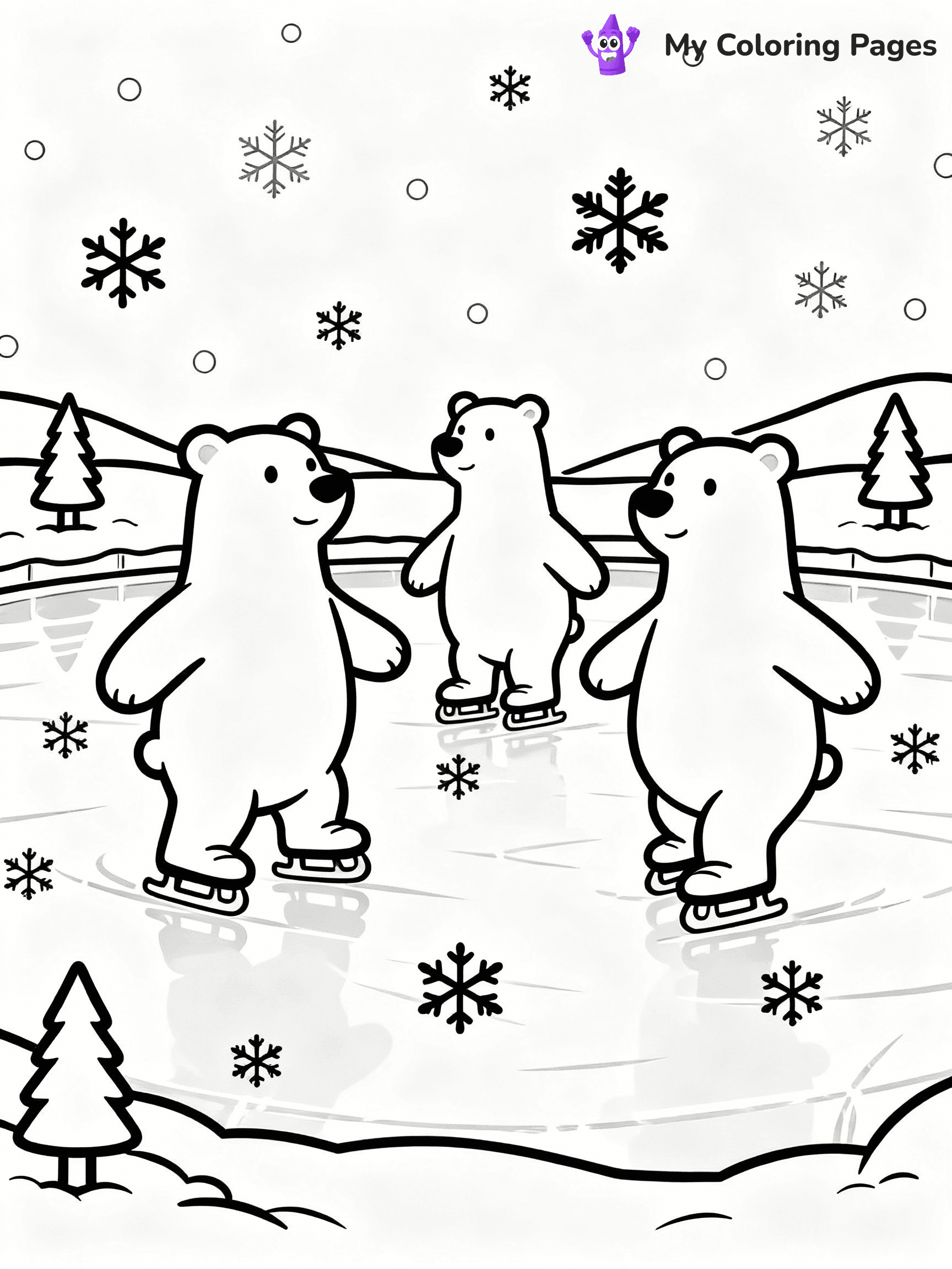 ⚠️ CRITICAL REQUIREMENT - ABSOLUTE BLACK AND WHITE ONLY ⚠️
This MUST be a BLACK AND WHITE line drawing ONLY. NO COLORS whatsoever.
- ONLY pure black lines (#000000) on pure white background (#FFFFFF)
- ABSOLUTELY NO colors, NO shading, NO gradients, NO grayscale
- If there are ANY colors in the output, the image is REJECTED
- This is a COLORING PAGE - meant to be COLORED IN by children
- The output must be UNCOLORED line art ready for coloring
⚠️ SUBJECT TO DRAW: Polar bears ice-skating on a frozen pond at the North Pole, in Christmas-themed style. PURE OUTLINES. NO FILLS, COLOR, SHADING, OR GREYSCALE. WHITE BACKGROUND.
(REMEMBER: Output must be BLACK AND WHITE line art only, NOT colored!)
# Flat, Friendly Cartoon Line-Art Coloring Page
You are generating a **pure black-and-white binary image** of a child-friendly cartoon scene combining characters and background scenery in one cohesive composition.
## Rendering Rules (Strict)
- Only two colors: pure black (#000000) outlines and pure white (#FFFFFF) background.
- No grayscale, shading, gradients, tints, fills, transparency, or partial pixels.
- No antialiasing or blended edges; every pixel is 100% black or white.
- No solid black fills inside shapes — all areas inside outlines must remain white.
- No dark clothing areas or filled tone blocks; all garments outlined only.
- No shadows, textures, lighting, or tonal variations.
- Must look like flat binary vector line-art for coloring pages.
## Drawing & Composition
- **Medium, consistent line weight**; clean closed outlines easy to color inside.
- **Flat, simple, child-friendly design** — no realism or 3D depth.
- Characters are **grounded on a surface**, centered and large.
- **Balanced composition** with clear silhouettes and minimal props.
## Scenery & Style
- Landmarks (e.g., mosque, CN Tower) and scenery (trees, benches, waves) drawn with **black outlines only.**
- For real-world figures, teams, or places, show accurate details using only black outlines—no text or logos. Use distinctive uniform patterns, abstract symbols, and landmark silhouettes to convey identity.
- Keep **consistent perspective**; no floating elements.
- **Style:** whimsical **Doodle Art Alley** — rounded, friendly outlines.
- May adapt shapes from **Crayola, Disney, Peppa Pig, Cocomelon** — *by shape only, never color.*
- Final output: **flat, crisp, binary (#000000/#FFFFFF)**, **no filled color or background text.**
EXTREMELYE IMPORTANT:
- PURE BINARY LINE-ART; NO FILLS (HAIR/CLOTHES/SKIN), SHADING, OR GREY.
- NO SHADING, COLOR. MUST BE WHITE BACKGROUND.
⚠️ FINAL REMINDER: Draw the subject "Polar bears ice-skating on a frozen pond at the North Pole, in Christmas-themed style. PURE OUTLINES. NO FILLS, COLOR, SHADING, OR GREYSCALE. WHITE BACKGROUND." as BLACK AND WHITE line art. Zero colors in output.