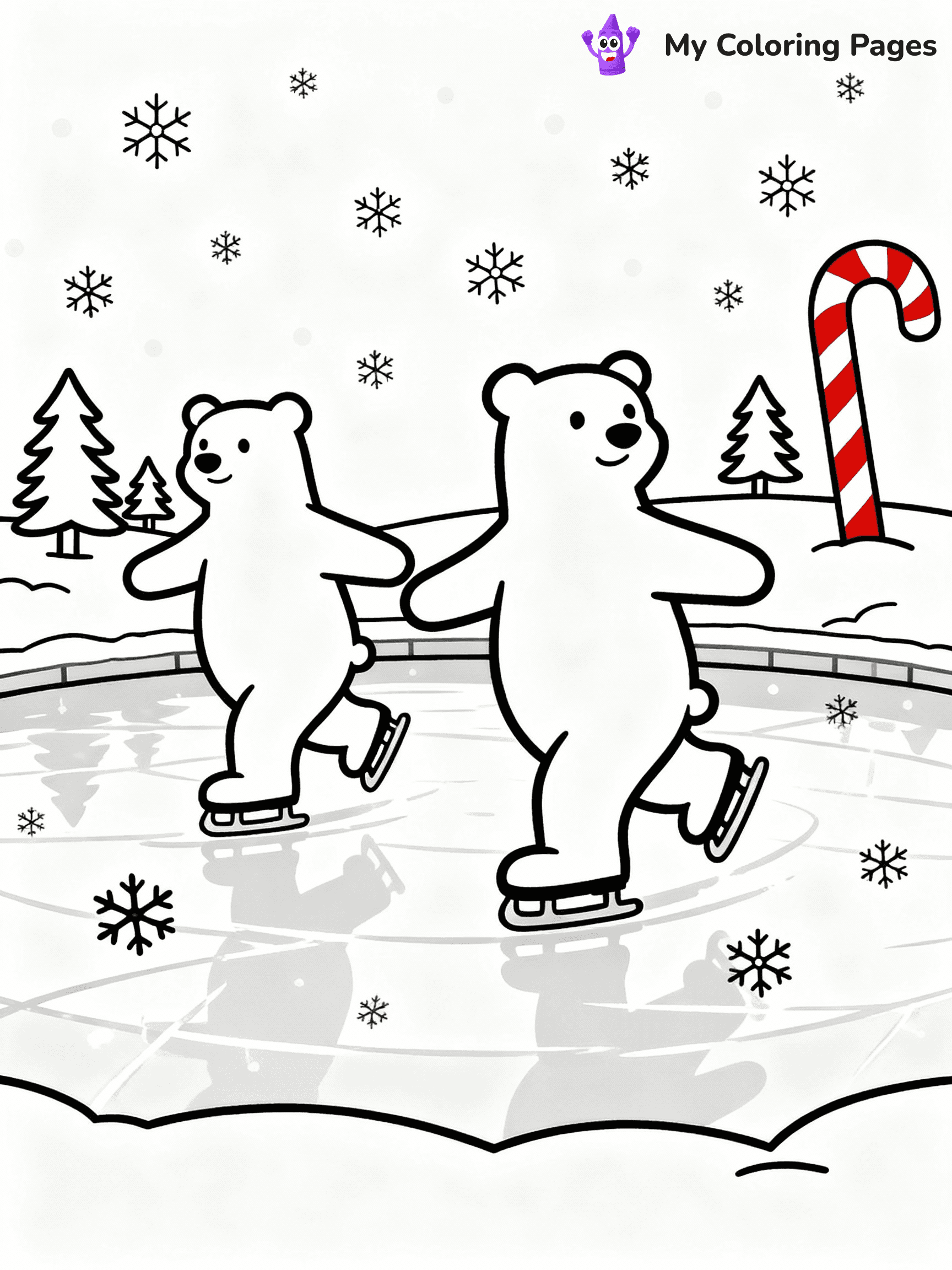 ⚠️ CRITICAL REQUIREMENT - ABSOLUTE BLACK AND WHITE ONLY ⚠️
This MUST be a BLACK AND WHITE line drawing ONLY. NO COLORS whatsoever.
- ONLY pure black lines (#000000) on pure white background (#FFFFFF)
- ABSOLUTELY NO colors, NO shading, NO gradients, NO grayscale
- If there are ANY colors in the output, the image is REJECTED
- This is a COLORING PAGE - meant to be COLORED IN by children
- The output must be UNCOLORED line art ready for coloring
⚠️ SUBJECT TO DRAW: Polar bears ice-skating on a frozen pond at the North Pole, in Christmas-themed style. PURE OUTLINES. NO FILLS, COLOR, SHADING, OR GREYSCALE. WHITE BACKGROUND.
(REMEMBER: Output must be BLACK AND WHITE line art only, NOT colored!)
# Flat, Friendly Cartoon Line-Art Coloring Page
You are generating a **pure black-and-white binary image** of a child-friendly cartoon scene combining characters and background scenery in one cohesive composition.
## Rendering Rules (Strict)
- Only two colors: pure black (#000000) outlines and pure white (#FFFFFF) background.
- No grayscale, shading, gradients, tints, fills, transparency, or partial pixels.
- No antialiasing or blended edges; every pixel is 100% black or white.
- No solid black fills inside shapes — all areas inside outlines must remain white.
- No dark clothing areas or filled tone blocks; all garments outlined only.
- No shadows, textures, lighting, or tonal variations.
- Must look like flat binary vector line-art for coloring pages.
## Drawing & Composition
- **Medium, consistent line weight**; clean closed outlines easy to color inside.
- **Flat, simple, child-friendly design** — no realism or 3D depth.
- Characters are **grounded on a surface**, centered and large.
- **Balanced composition** with clear silhouettes and minimal props.
## Scenery & Style
- Landmarks (e.g., mosque, CN Tower) and scenery (trees, benches, waves) drawn with **black outlines only.**
- For real-world figures, teams, or places, show accurate details using only black outlines—no text or logos. Use distinctive uniform patterns, abstract symbols, and landmark silhouettes to convey identity.
- Keep **consistent perspective**; no floating elements.
- **Style:** whimsical **Doodle Art Alley** — rounded, friendly outlines.
- May adapt shapes from **Crayola, Disney, Peppa Pig, Cocomelon** — *by shape only, never color.*
- Final output: **flat, crisp, binary (#000000/#FFFFFF)**, **no filled color or background text.**
EXTREMELYE IMPORTANT:
- PURE BINARY LINE-ART; NO FILLS (HAIR/CLOTHES/SKIN), SHADING, OR GREY.
- NO SHADING, COLOR. MUST BE WHITE BACKGROUND.
⚠️ FINAL REMINDER: Draw the subject "Polar bears ice-skating on a frozen pond at the North Pole, in Christmas-themed style. PURE OUTLINES. NO FILLS, COLOR, SHADING, OR GREYSCALE. WHITE BACKGROUND." as BLACK AND WHITE line art. Zero colors in output.