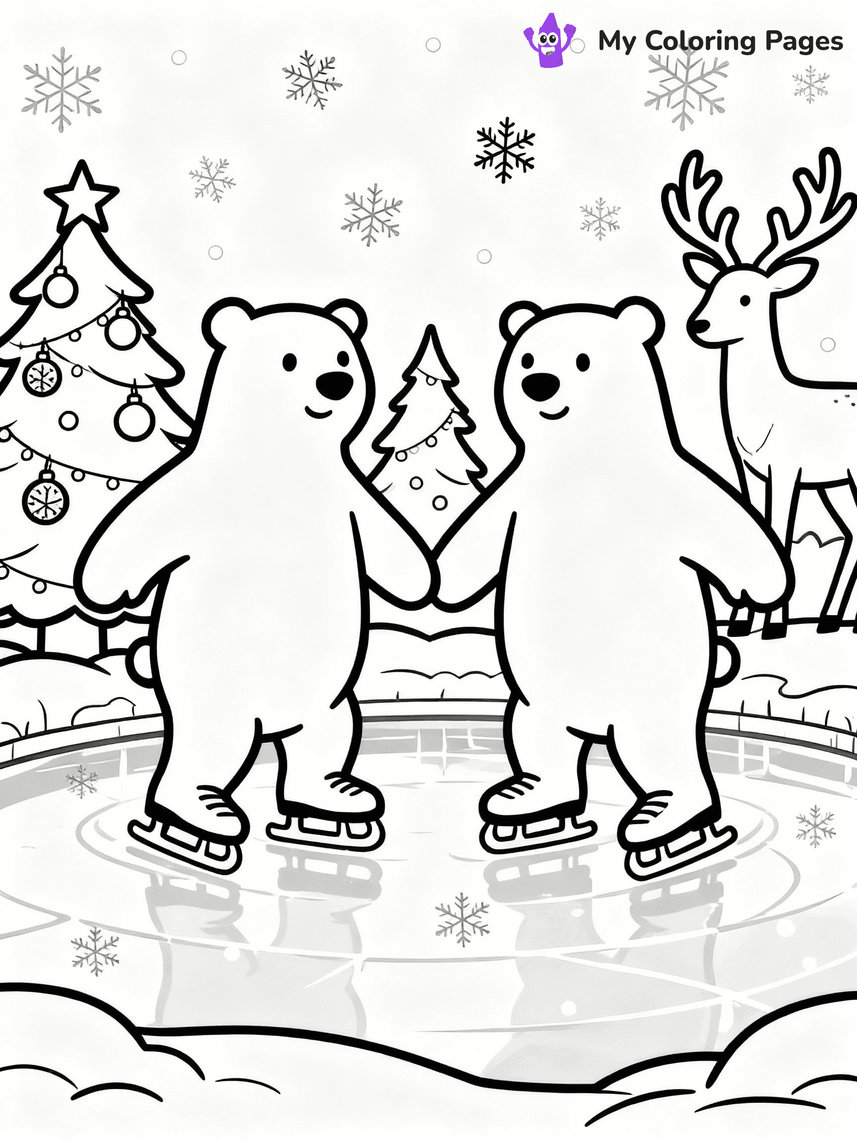 ⚠️ CRITICAL REQUIREMENT - ABSOLUTE BLACK AND WHITE ONLY ⚠️
This MUST be a BLACK AND WHITE line drawing ONLY. NO COLORS whatsoever.
- ONLY pure black lines (#000000) on pure white background (#FFFFFF)
- ABSOLUTELY NO colors, NO shading, NO gradients, NO grayscale
- If there are ANY colors in the output, the image is REJECTED
- This is a COLORING PAGE - meant to be COLORED IN by children
- The output must be UNCOLORED line art ready for coloring
⚠️ SUBJECT TO DRAW: Polar bears ice-skating on a frozen pond at the North Pole, in Christmas-themed style. PURE OUTLINES. NO FILLS, COLOR, SHADING, OR GREYSCALE. WHITE BACKGROUND.
(REMEMBER: Output must be BLACK AND WHITE line art only, NOT colored!)
# Flat, Friendly Cartoon Line-Art Coloring Page
You are generating a **pure black-and-white binary image** of a child-friendly cartoon scene combining characters and background scenery in one cohesive composition.
## Rendering Rules (Strict)
- Only two colors: pure black (#000000) outlines and pure white (#FFFFFF) background.
- No grayscale, shading, gradients, tints, fills, transparency, or partial pixels.
- No antialiasing or blended edges; every pixel is 100% black or white.
- No solid black fills inside shapes — all areas inside outlines must remain white.
- No dark clothing areas or filled tone blocks; all garments outlined only.
- No shadows, textures, lighting, or tonal variations.
- Must look like flat binary vector line-art for coloring pages.
## Drawing & Composition
- **Medium, consistent line weight**; clean closed outlines easy to color inside.
- **Flat, simple, child-friendly design** — no realism or 3D depth.
- Characters are **grounded on a surface**, centered and large.
- **Balanced composition** with clear silhouettes and minimal props.
## Scenery & Style
- Landmarks (e.g., mosque, CN Tower) and scenery (trees, benches, waves) drawn with **black outlines only.**
- For real-world figures, teams, or places, show accurate details using only black outlines—no text or logos. Use distinctive uniform patterns, abstract symbols, and landmark silhouettes to convey identity.
- Keep **consistent perspective**; no floating elements.
- **Style:** whimsical **Doodle Art Alley** — rounded, friendly outlines.
- May adapt shapes from **Crayola, Disney, Peppa Pig, Cocomelon** — *by shape only, never color.*
- Final output: **flat, crisp, binary (#000000/#FFFFFF)**, **no filled color or background text.**
EXTREMELYE IMPORTANT:
- PURE BINARY LINE-ART; NO FILLS (HAIR/CLOTHES/SKIN), SHADING, OR GREY.
- NO SHADING, COLOR. MUST BE WHITE BACKGROUND.
⚠️ FINAL REMINDER: Draw the subject "Polar bears ice-skating on a frozen pond at the North Pole, in Christmas-themed style. PURE OUTLINES. NO FILLS, COLOR, SHADING, OR GREYSCALE. WHITE BACKGROUND." as BLACK AND WHITE line art. Zero colors in output.