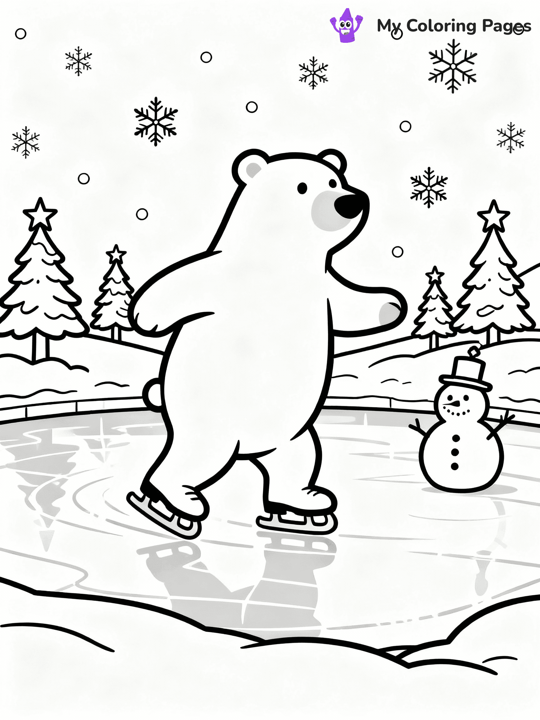 ⚠️ CRITICAL REQUIREMENT - ABSOLUTE BLACK AND WHITE ONLY ⚠️
This MUST be a BLACK AND WHITE line drawing ONLY. NO COLORS whatsoever.
- ONLY pure black lines (#000000) on pure white background (#FFFFFF)
- ABSOLUTELY NO colors, NO shading, NO gradients, NO grayscale
- If there are ANY colors in the output, the image is REJECTED
- This is a COLORING PAGE - meant to be COLORED IN by children
- The output must be UNCOLORED line art ready for coloring
⚠️ SUBJECT TO DRAW: Polar bears ice-skating on a frozen pond at the North Pole, in Christmas-themed style. PURE OUTLINES. NO FILLS, COLOR, SHADING, OR GREYSCALE. WHITE BACKGROUND.
(REMEMBER: Output must be BLACK AND WHITE line art only, NOT colored!)
# Flat, Friendly Cartoon Line-Art Coloring Page
You are generating a **pure black-and-white binary image** of a child-friendly cartoon scene combining characters and background scenery in one cohesive composition.
## Rendering Rules (Strict)
- Only two colors: pure black (#000000) outlines and pure white (#FFFFFF) background.
- No grayscale, shading, gradients, tints, fills, transparency, or partial pixels.
- No antialiasing or blended edges; every pixel is 100% black or white.
- No solid black fills inside shapes — all areas inside outlines must remain white.
- No dark clothing areas or filled tone blocks; all garments outlined only.
- No shadows, textures, lighting, or tonal variations.
- Must look like flat binary vector line-art for coloring pages.
## Drawing & Composition
- **Medium, consistent line weight**; clean closed outlines easy to color inside.
- **Flat, simple, child-friendly design** — no realism or 3D depth.
- Characters are **grounded on a surface**, centered and large.
- **Balanced composition** with clear silhouettes and minimal props.
## Scenery & Style
- Landmarks (e.g., mosque, CN Tower) and scenery (trees, benches, waves) drawn with **black outlines only.**
- For real-world figures, teams, or places, show accurate details using only black outlines—no text or logos. Use distinctive uniform patterns, abstract symbols, and landmark silhouettes to convey identity.
- Keep **consistent perspective**; no floating elements.
- **Style:** whimsical **Doodle Art Alley** — rounded, friendly outlines.
- May adapt shapes from **Crayola, Disney, Peppa Pig, Cocomelon** — *by shape only, never color.*
- Final output: **flat, crisp, binary (#000000/#FFFFFF)**, **no filled color or background text.**
EXTREMELYE IMPORTANT:
- PURE BINARY LINE-ART; NO FILLS (HAIR/CLOTHES/SKIN), SHADING, OR GREY.
- NO SHADING, COLOR. MUST BE WHITE BACKGROUND.
⚠️ FINAL REMINDER: Draw the subject "Polar bears ice-skating on a frozen pond at the North Pole, in Christmas-themed style. PURE OUTLINES. NO FILLS, COLOR, SHADING, OR GREYSCALE. WHITE BACKGROUND." as BLACK AND WHITE line art. Zero colors in output.