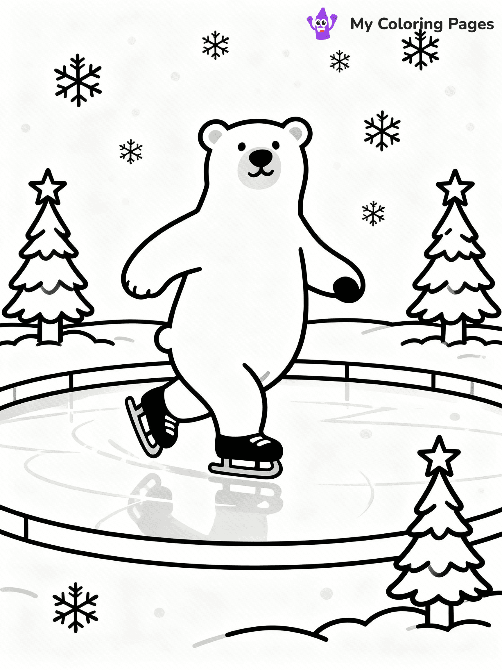 ⚠️ CRITICAL REQUIREMENT - ABSOLUTE BLACK AND WHITE ONLY ⚠️
This MUST be a BLACK AND WHITE line drawing ONLY. NO COLORS whatsoever.
- ONLY pure black lines (#000000) on pure white background (#FFFFFF)
- ABSOLUTELY NO colors, NO shading, NO gradients, NO grayscale
- If there are ANY colors in the output, the image is REJECTED
- This is a COLORING PAGE - meant to be COLORED IN by children
- The output must be UNCOLORED line art ready for coloring
⚠️ SUBJECT TO DRAW: Polar bears ice-skating on a frozen pond at the North Pole, in Christmas-themed style. PURE OUTLINES. NO FILLS, COLOR, SHADING, OR GREYSCALE. WHITE BACKGROUND.
(REMEMBER: Output must be BLACK AND WHITE line art only, NOT colored!)
# Flat, Friendly Cartoon Line-Art Coloring Page
You are generating a **pure black-and-white binary image** of a child-friendly cartoon scene combining characters and background scenery in one cohesive composition.
## Rendering Rules (Strict)
- Only two colors: pure black (#000000) outlines and pure white (#FFFFFF) background.
- No grayscale, shading, gradients, tints, fills, transparency, or partial pixels.
- No antialiasing or blended edges; every pixel is 100% black or white.
- No solid black fills inside shapes — all areas inside outlines must remain white.
- No dark clothing areas or filled tone blocks; all garments outlined only.
- No shadows, textures, lighting, or tonal variations.
- Must look like flat binary vector line-art for coloring pages.
## Drawing & Composition
- **Medium, consistent line weight**; clean closed outlines easy to color inside.
- **Flat, simple, child-friendly design** — no realism or 3D depth.
- Characters are **grounded on a surface**, centered and large.
- **Balanced composition** with clear silhouettes and minimal props.
## Scenery & Style
- Landmarks (e.g., mosque, CN Tower) and scenery (trees, benches, waves) drawn with **black outlines only.**
- For real-world figures, teams, or places, show accurate details using only black outlines—no text or logos. Use distinctive uniform patterns, abstract symbols, and landmark silhouettes to convey identity.
- Keep **consistent perspective**; no floating elements.
- **Style:** whimsical **Doodle Art Alley** — rounded, friendly outlines.
- May adapt shapes from **Crayola, Disney, Peppa Pig, Cocomelon** — *by shape only, never color.*
- Final output: **flat, crisp, binary (#000000/#FFFFFF)**, **no filled color or background text.**
EXTREMELYE IMPORTANT:
- PURE BINARY LINE-ART; NO FILLS (HAIR/CLOTHES/SKIN), SHADING, OR GREY.
- NO SHADING, COLOR. MUST BE WHITE BACKGROUND.
⚠️ FINAL REMINDER: Draw the subject "Polar bears ice-skating on a frozen pond at the North Pole, in Christmas-themed style. PURE OUTLINES. NO FILLS, COLOR, SHADING, OR GREYSCALE. WHITE BACKGROUND." as BLACK AND WHITE line art. Zero colors in output.