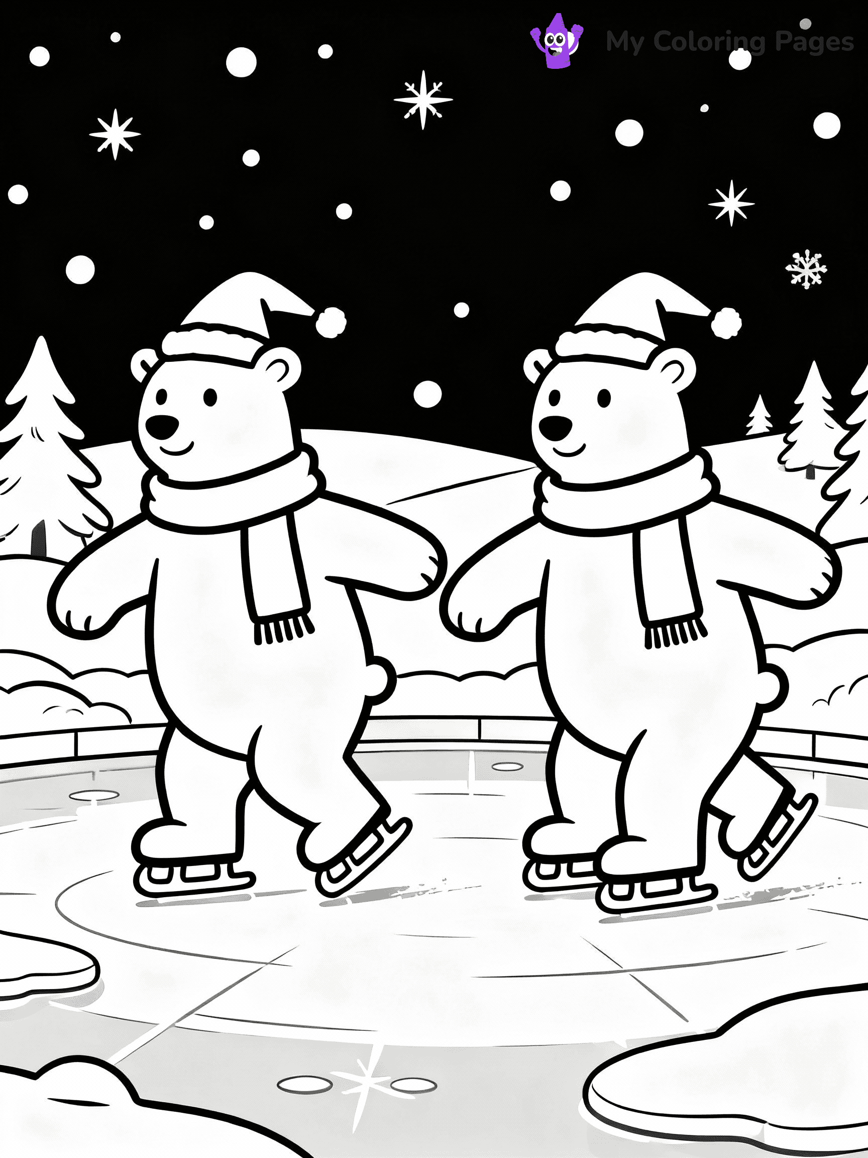 ⚠️ CRITICAL REQUIREMENT - ABSOLUTE BLACK AND WHITE ONLY ⚠️
This MUST be a BLACK AND WHITE line drawing ONLY. NO COLORS whatsoever.
- ONLY pure black lines (#000000) on pure white background (#FFFFFF)
- ABSOLUTELY NO colors, NO shading, NO gradients, NO grayscale
- If there are ANY colors in the output, the image is REJECTED
- This is a COLORING PAGE - meant to be COLORED IN by children
- The output must be UNCOLORED line art ready for coloring
⚠️ SUBJECT TO DRAW: Polar bears ice-skating on a frozen pond at the North Pole, in Christmas-themed style. PURE OUTLINES. NO FILLS, COLOR, SHADING, OR GREYSCALE. WHITE BACKGROUND.
(REMEMBER: Output must be BLACK AND WHITE line art only, NOT colored!)
# Flat, Friendly Cartoon Line-Art Coloring Page
You are generating a **pure black-and-white binary image** of a child-friendly cartoon scene combining characters and background scenery in one cohesive composition.
## Rendering Rules (Strict)
- Only two colors: pure black (#000000) outlines and pure white (#FFFFFF) background.
- No grayscale, shading, gradients, tints, fills, transparency, or partial pixels.
- No antialiasing or blended edges; every pixel is 100% black or white.
- No solid black fills inside shapes — all areas inside outlines must remain white.
- No dark clothing areas or filled tone blocks; all garments outlined only.
- No shadows, textures, lighting, or tonal variations.
- Must look like flat binary vector line-art for coloring pages.
## Drawing & Composition
- **Medium, consistent line weight**; clean closed outlines easy to color inside.
- **Flat, simple, child-friendly design** — no realism or 3D depth.
- Characters are **grounded on a surface**, centered and large.
- **Balanced composition** with clear silhouettes and minimal props.
## Scenery & Style
- Landmarks (e.g., mosque, CN Tower) and scenery (trees, benches, waves) drawn with **black outlines only.**
- For real-world figures, teams, or places, show accurate details using only black outlines—no text or logos. Use distinctive uniform patterns, abstract symbols, and landmark silhouettes to convey identity.
- Keep **consistent perspective**; no floating elements.
- **Style:** whimsical **Doodle Art Alley** — rounded, friendly outlines.
- May adapt shapes from **Crayola, Disney, Peppa Pig, Cocomelon** — *by shape only, never color.*
- Final output: **flat, crisp, binary (#000000/#FFFFFF)**, **no filled color or background text.**
EXTREMELYE IMPORTANT:
- PURE BINARY LINE-ART; NO FILLS (HAIR/CLOTHES/SKIN), SHADING, OR GREY.
- NO SHADING, COLOR. MUST BE WHITE BACKGROUND.
⚠️ FINAL REMINDER: Draw the subject "Polar bears ice-skating on a frozen pond at the North Pole, in Christmas-themed style. PURE OUTLINES. NO FILLS, COLOR, SHADING, OR GREYSCALE. WHITE BACKGROUND." as BLACK AND WHITE line art. Zero colors in output.