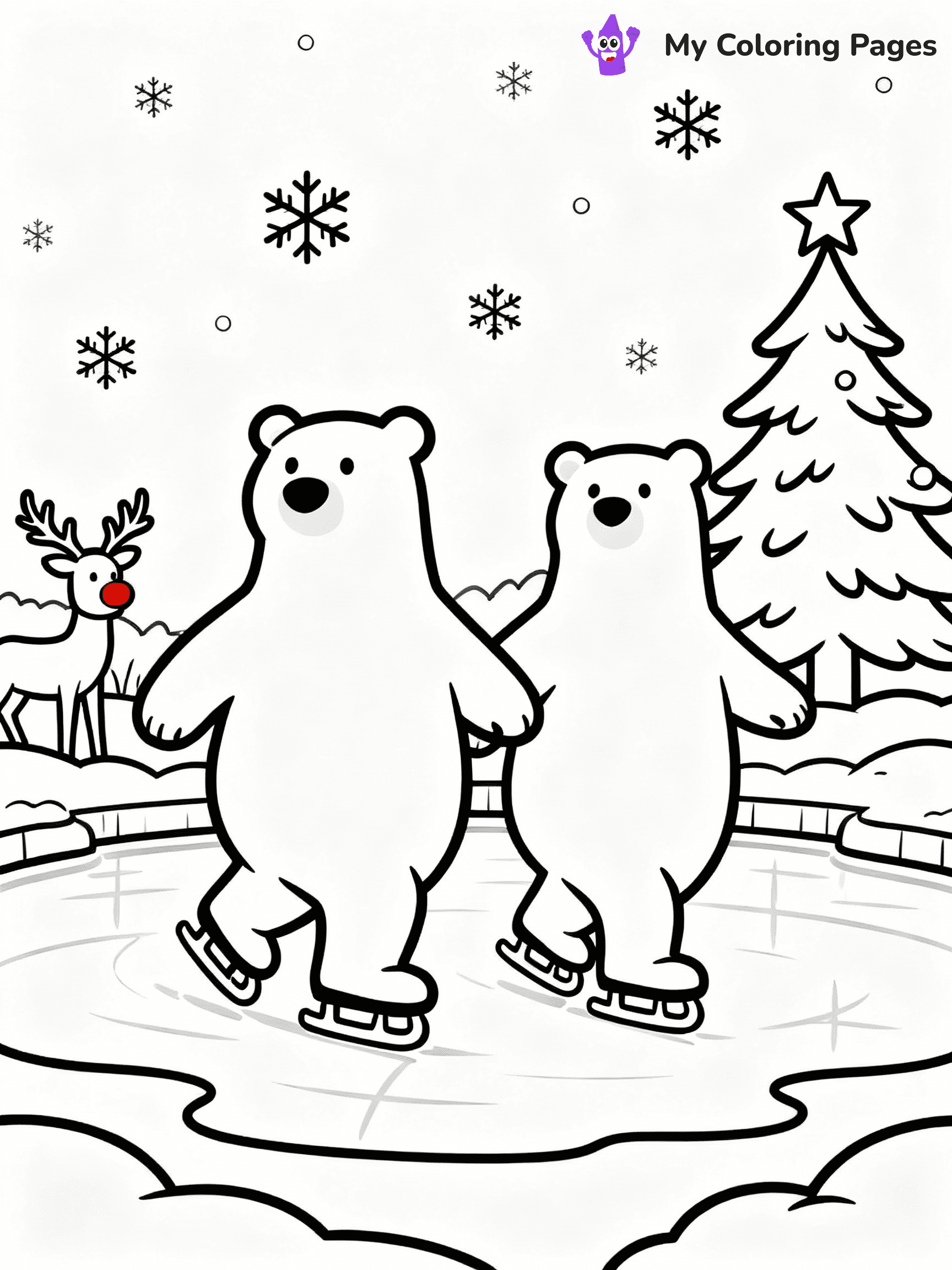 ⚠️ CRITICAL REQUIREMENT - ABSOLUTE BLACK AND WHITE ONLY ⚠️
This MUST be a BLACK AND WHITE line drawing ONLY. NO COLORS whatsoever.
- ONLY pure black lines (#000000) on pure white background (#FFFFFF)
- ABSOLUTELY NO colors, NO shading, NO gradients, NO grayscale
- If there are ANY colors in the output, the image is REJECTED
- This is a COLORING PAGE - meant to be COLORED IN by children
- The output must be UNCOLORED line art ready for coloring
⚠️ SUBJECT TO DRAW: Polar bears ice-skating on a frozen pond at the North Pole, in Christmas-themed style. PURE OUTLINES. NO FILLS, COLOR, SHADING, OR GREYSCALE. WHITE BACKGROUND.
(REMEMBER: Output must be BLACK AND WHITE line art only, NOT colored!)
# Flat, Friendly Cartoon Line-Art Coloring Page
You are generating a **pure black-and-white binary image** of a child-friendly cartoon scene combining characters and background scenery in one cohesive composition.
## Rendering Rules (Strict)
- Only two colors: pure black (#000000) outlines and pure white (#FFFFFF) background.
- No grayscale, shading, gradients, tints, fills, transparency, or partial pixels.
- No antialiasing or blended edges; every pixel is 100% black or white.
- No solid black fills inside shapes — all areas inside outlines must remain white.
- No dark clothing areas or filled tone blocks; all garments outlined only.
- No shadows, textures, lighting, or tonal variations.
- Must look like flat binary vector line-art for coloring pages.
## Drawing & Composition
- **Medium, consistent line weight**; clean closed outlines easy to color inside.
- **Flat, simple, child-friendly design** — no realism or 3D depth.
- Characters are **grounded on a surface**, centered and large.
- **Balanced composition** with clear silhouettes and minimal props.
## Scenery & Style
- Landmarks (e.g., mosque, CN Tower) and scenery (trees, benches, waves) drawn with **black outlines only.**
- For real-world figures, teams, or places, show accurate details using only black outlines—no text or logos. Use distinctive uniform patterns, abstract symbols, and landmark silhouettes to convey identity.
- Keep **consistent perspective**; no floating elements.
- **Style:** whimsical **Doodle Art Alley** — rounded, friendly outlines.
- May adapt shapes from **Crayola, Disney, Peppa Pig, Cocomelon** — *by shape only, never color.*
- Final output: **flat, crisp, binary (#000000/#FFFFFF)**, **no filled color or background text.**
EXTREMELYE IMPORTANT:
- PURE BINARY LINE-ART; NO FILLS (HAIR/CLOTHES/SKIN), SHADING, OR GREY.
- NO SHADING, COLOR. MUST BE WHITE BACKGROUND.
⚠️ FINAL REMINDER: Draw the subject "Polar bears ice-skating on a frozen pond at the North Pole, in Christmas-themed style. PURE OUTLINES. NO FILLS, COLOR, SHADING, OR GREYSCALE. WHITE BACKGROUND." as BLACK AND WHITE line art. Zero colors in output.