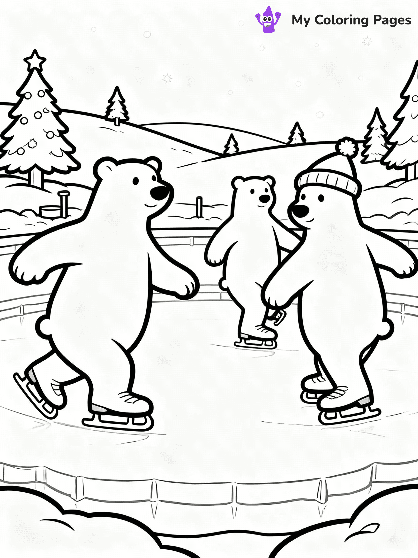 ⚠️ CRITICAL REQUIREMENT - ABSOLUTE BLACK AND WHITE ONLY ⚠️
This MUST be a BLACK AND WHITE line drawing ONLY. NO COLORS whatsoever.
- ONLY pure black lines (#000000) on pure white background (#FFFFFF)
- ABSOLUTELY NO colors, NO shading, NO gradients, NO grayscale
- If there are ANY colors in the output, the image is REJECTED
- This is a COLORING PAGE - meant to be COLORED IN by children
- The output must be UNCOLORED line art ready for coloring
⚠️ SUBJECT TO DRAW: Polar bears ice-skating on a frozen pond at the North Pole, in Christmas-themed style. PURE OUTLINES. NO FILLS, COLOR, SHADING, OR GREYSCALE. WHITE BACKGROUND.
(REMEMBER: Output must be BLACK AND WHITE line art only, NOT colored!)
# Flat, Friendly Cartoon Line-Art Coloring Page
You are generating a **pure black-and-white binary image** of a child-friendly cartoon scene combining characters and background scenery in one cohesive composition.
## Rendering Rules (Strict)
- Only two colors: pure black (#000000) outlines and pure white (#FFFFFF) background.
- No grayscale, shading, gradients, tints, fills, transparency, or partial pixels.
- No antialiasing or blended edges; every pixel is 100% black or white.
- No solid black fills inside shapes — all areas inside outlines must remain white.
- No dark clothing areas or filled tone blocks; all garments outlined only.
- No shadows, textures, lighting, or tonal variations.
- Must look like flat binary vector line-art for coloring pages.
## Drawing & Composition
- **Medium, consistent line weight**; clean closed outlines easy to color inside.
- **Flat, simple, child-friendly design** — no realism or 3D depth.
- Characters are **grounded on a surface**, centered and large.
- **Balanced composition** with clear silhouettes and minimal props.
## Scenery & Style
- Landmarks (e.g., mosque, CN Tower) and scenery (trees, benches, waves) drawn with **black outlines only.**
- For real-world figures, teams, or places, show accurate details using only black outlines—no text or logos. Use distinctive uniform patterns, abstract symbols, and landmark silhouettes to convey identity.
- Keep **consistent perspective**; no floating elements.
- **Style:** whimsical **Doodle Art Alley** — rounded, friendly outlines.
- May adapt shapes from **Crayola, Disney, Peppa Pig, Cocomelon** — *by shape only, never color.*
- Final output: **flat, crisp, binary (#000000/#FFFFFF)**, **no filled color or background text.**
EXTREMELYE IMPORTANT:
- PURE BINARY LINE-ART; NO FILLS (HAIR/CLOTHES/SKIN), SHADING, OR GREY.
- NO SHADING, COLOR. MUST BE WHITE BACKGROUND.
⚠️ FINAL REMINDER: Draw the subject "Polar bears ice-skating on a frozen pond at the North Pole, in Christmas-themed style. PURE OUTLINES. NO FILLS, COLOR, SHADING, OR GREYSCALE. WHITE BACKGROUND." as BLACK AND WHITE line art. Zero colors in output.