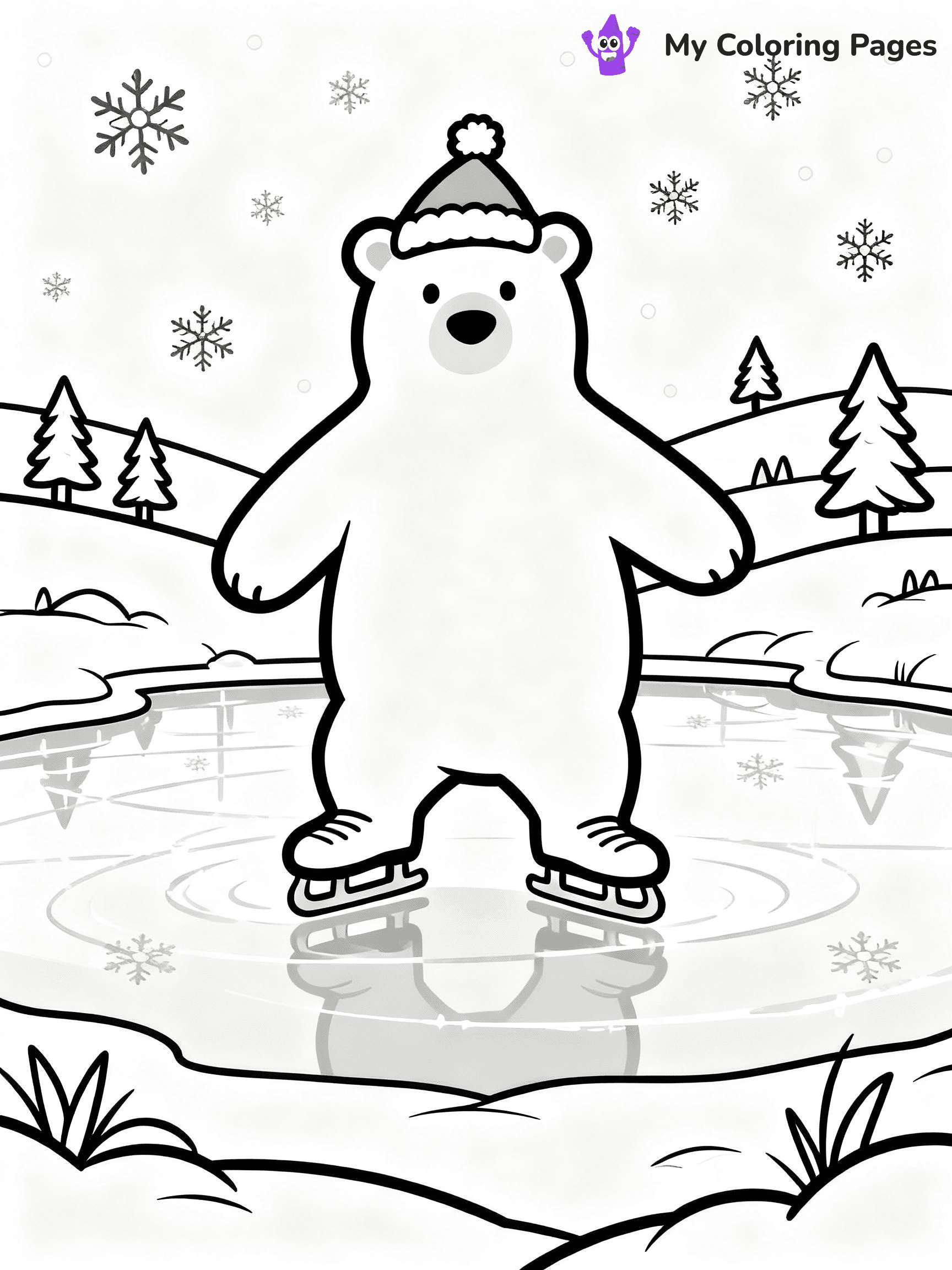 ⚠️ CRITICAL REQUIREMENT - ABSOLUTE BLACK AND WHITE ONLY ⚠️
This MUST be a BLACK AND WHITE line drawing ONLY. NO COLORS whatsoever.
- ONLY pure black lines (#000000) on pure white background (#FFFFFF)
- ABSOLUTELY NO colors, NO shading, NO gradients, NO grayscale
- If there are ANY colors in the output, the image is REJECTED
- This is a COLORING PAGE - meant to be COLORED IN by children
- The output must be UNCOLORED line art ready for coloring
⚠️ SUBJECT TO DRAW: Polar bears ice-skating on a frozen pond at the North Pole, in Christmas-themed style. PURE OUTLINES. NO FILLS, COLOR, SHADING, OR GREYSCALE. WHITE BACKGROUND.
(REMEMBER: Output must be BLACK AND WHITE line art only, NOT colored!)
# Flat, Friendly Cartoon Line-Art Coloring Page
You are generating a **pure black-and-white binary image** of a child-friendly cartoon scene combining characters and background scenery in one cohesive composition.
## Rendering Rules (Strict)
- Only two colors: pure black (#000000) outlines and pure white (#FFFFFF) background.
- No grayscale, shading, gradients, tints, fills, transparency, or partial pixels.
- No antialiasing or blended edges; every pixel is 100% black or white.
- No solid black fills inside shapes — all areas inside outlines must remain white.
- No dark clothing areas or filled tone blocks; all garments outlined only.
- No shadows, textures, lighting, or tonal variations.
- Must look like flat binary vector line-art for coloring pages.
## Drawing & Composition
- **Medium, consistent line weight**; clean closed outlines easy to color inside.
- **Flat, simple, child-friendly design** — no realism or 3D depth.
- Characters are **grounded on a surface**, centered and large.
- **Balanced composition** with clear silhouettes and minimal props.
## Scenery & Style
- Landmarks (e.g., mosque, CN Tower) and scenery (trees, benches, waves) drawn with **black outlines only.**
- For real-world figures, teams, or places, show accurate details using only black outlines—no text or logos. Use distinctive uniform patterns, abstract symbols, and landmark silhouettes to convey identity.
- Keep **consistent perspective**; no floating elements.
- **Style:** whimsical **Doodle Art Alley** — rounded, friendly outlines.
- May adapt shapes from **Crayola, Disney, Peppa Pig, Cocomelon** — *by shape only, never color.*
- Final output: **flat, crisp, binary (#000000/#FFFFFF)**, **no filled color or background text.**
EXTREMELYE IMPORTANT:
- PURE BINARY LINE-ART; NO FILLS (HAIR/CLOTHES/SKIN), SHADING, OR GREY.
- NO SHADING, COLOR. MUST BE WHITE BACKGROUND.
⚠️ FINAL REMINDER: Draw the subject "Polar bears ice-skating on a frozen pond at the North Pole, in Christmas-themed style. PURE OUTLINES. NO FILLS, COLOR, SHADING, OR GREYSCALE. WHITE BACKGROUND." as BLACK AND WHITE line art. Zero colors in output.