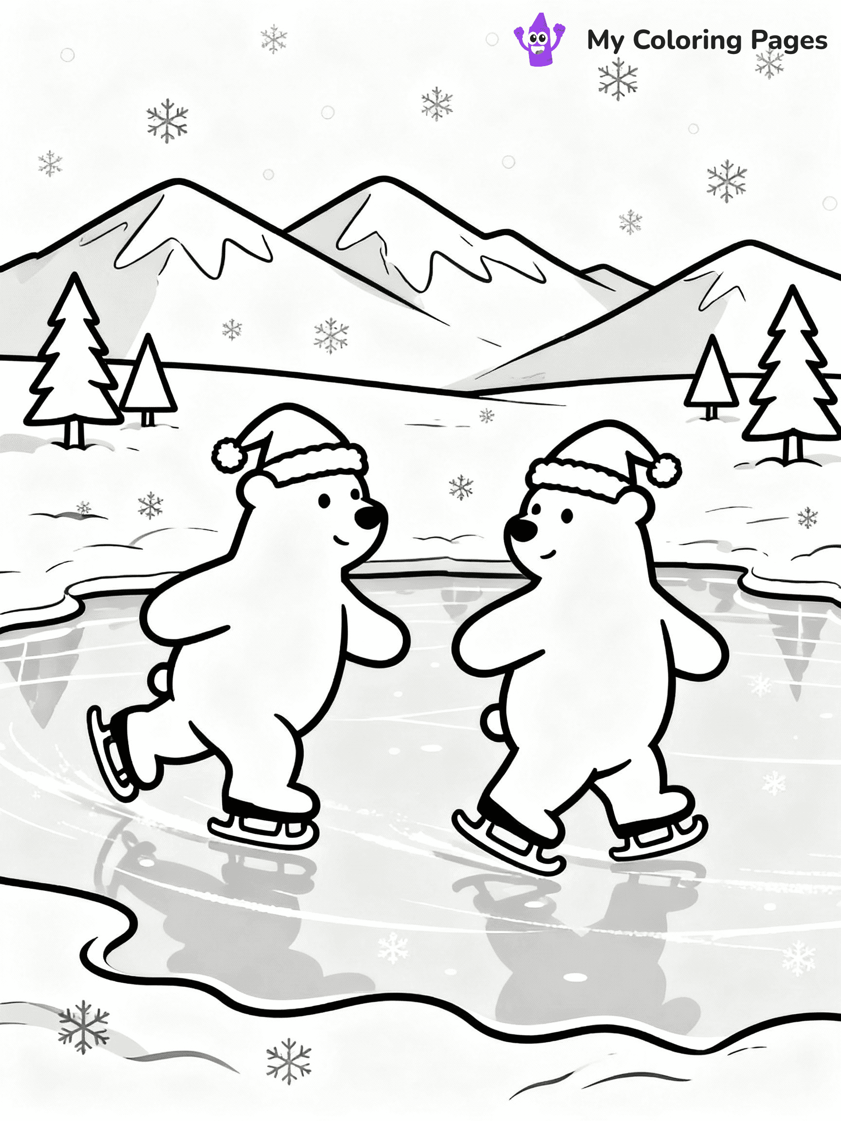 ⚠️ CRITICAL REQUIREMENT - ABSOLUTE BLACK AND WHITE ONLY ⚠️
This MUST be a BLACK AND WHITE line drawing ONLY. NO COLORS whatsoever.
- ONLY pure black lines (#000000) on pure white background (#FFFFFF)
- ABSOLUTELY NO colors, NO shading, NO gradients, NO grayscale
- If there are ANY colors in the output, the image is REJECTED
- This is a COLORING PAGE - meant to be COLORED IN by children
- The output must be UNCOLORED line art ready for coloring
⚠️ SUBJECT TO DRAW: Polar bears ice-skating on a frozen pond at the North Pole, in Christmas-themed style. PURE OUTLINES. NO FILLS, COLOR, SHADING, OR GREYSCALE. WHITE BACKGROUND.
(REMEMBER: Output must be BLACK AND WHITE line art only, NOT colored!)
# Flat, Friendly Cartoon Line-Art Coloring Page
You are generating a **pure black-and-white binary image** of a child-friendly cartoon scene combining characters and background scenery in one cohesive composition.
## Rendering Rules (Strict)
- Only two colors: pure black (#000000) outlines and pure white (#FFFFFF) background.
- No grayscale, shading, gradients, tints, fills, transparency, or partial pixels.
- No antialiasing or blended edges; every pixel is 100% black or white.
- No solid black fills inside shapes — all areas inside outlines must remain white.
- No dark clothing areas or filled tone blocks; all garments outlined only.
- No shadows, textures, lighting, or tonal variations.
- Must look like flat binary vector line-art for coloring pages.
## Drawing & Composition
- **Medium, consistent line weight**; clean closed outlines easy to color inside.
- **Flat, simple, child-friendly design** — no realism or 3D depth.
- Characters are **grounded on a surface**, centered and large.
- **Balanced composition** with clear silhouettes and minimal props.
## Scenery & Style
- Landmarks (e.g., mosque, CN Tower) and scenery (trees, benches, waves) drawn with **black outlines only.**
- For real-world figures, teams, or places, show accurate details using only black outlines—no text or logos. Use distinctive uniform patterns, abstract symbols, and landmark silhouettes to convey identity.
- Keep **consistent perspective**; no floating elements.
- **Style:** whimsical **Doodle Art Alley** — rounded, friendly outlines.
- May adapt shapes from **Crayola, Disney, Peppa Pig, Cocomelon** — *by shape only, never color.*
- Final output: **flat, crisp, binary (#000000/#FFFFFF)**, **no filled color or background text.**
EXTREMELYE IMPORTANT:
- PURE BINARY LINE-ART; NO FILLS (HAIR/CLOTHES/SKIN), SHADING, OR GREY.
- NO SHADING, COLOR. MUST BE WHITE BACKGROUND.
⚠️ FINAL REMINDER: Draw the subject "Polar bears ice-skating on a frozen pond at the North Pole, in Christmas-themed style. PURE OUTLINES. NO FILLS, COLOR, SHADING, OR GREYSCALE. WHITE BACKGROUND." as BLACK AND WHITE line art. Zero colors in output.