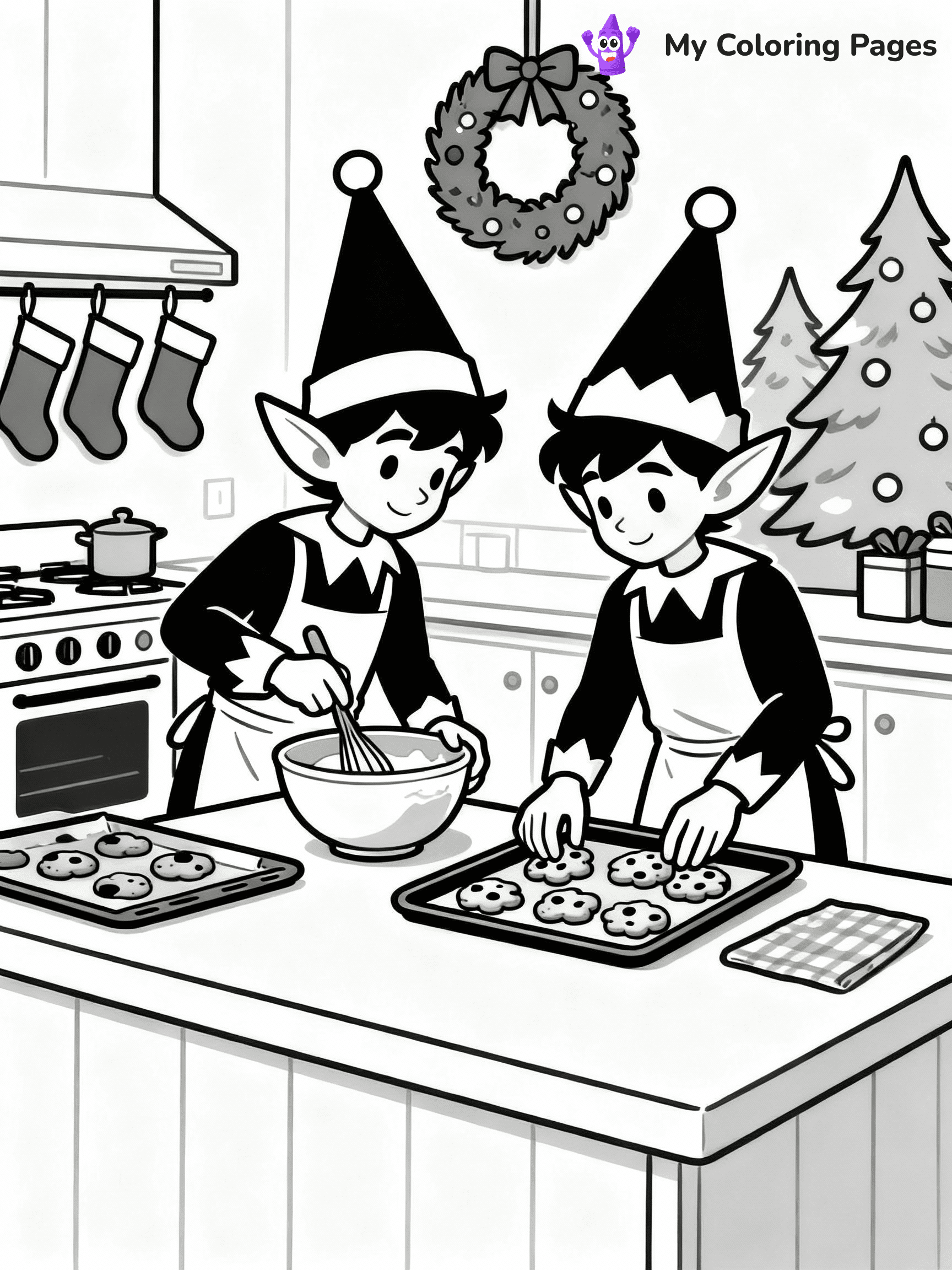 ⚠️ CRITICAL REQUIREMENT - ABSOLUTE BLACK AND WHITE ONLY ⚠️
This MUST be a BLACK AND WHITE line drawing ONLY. NO COLORS whatsoever.
- ONLY pure black lines (#000000) on pure white background (#FFFFFF)
- ABSOLUTELY NO colors, NO shading, NO gradients, NO grayscale
- If there are ANY colors in the output, the image is REJECTED
- This is a COLORING PAGE - meant to be COLORED IN by children
- The output must be UNCOLORED line art ready for coloring
⚠️ SUBJECT TO DRAW: Elves baking cookies in a cozy holiday kitchen, in Christmas-themed style. PURE OUTLINES. NO FILLS, COLOR, SHADING, OR GREYSCALE. WHITE BACKGROUND.
(REMEMBER: Output must be BLACK AND WHITE line art only, NOT colored!)
# Flat, Friendly Cartoon Line-Art Coloring Page
You are generating a **pure black-and-white binary image** of a child-friendly cartoon scene combining characters and background scenery in one cohesive composition.
## Rendering Rules (Strict)
- Only two colors: pure black (#000000) outlines and pure white (#FFFFFF) background.
- No grayscale, shading, gradients, tints, fills, transparency, or partial pixels.
- No antialiasing or blended edges; every pixel is 100% black or white.
- No solid black fills inside shapes — all areas inside outlines must remain white.
- No dark clothing areas or filled tone blocks; all garments outlined only.
- No shadows, textures, lighting, or tonal variations.
- Must look like flat binary vector line-art for coloring pages.
## Drawing & Composition
- **Medium, consistent line weight**; clean closed outlines easy to color inside.
- **Flat, simple, child-friendly design** — no realism or 3D depth.
- Characters are **grounded on a surface**, centered and large.
- **Balanced composition** with clear silhouettes and minimal props.
## Scenery & Style
- Landmarks (e.g., mosque, CN Tower) and scenery (trees, benches, waves) drawn with **black outlines only.**
- For real-world figures, teams, or places, show accurate details using only black outlines—no text or logos. Use distinctive uniform patterns, abstract symbols, and landmark silhouettes to convey identity.
- Keep **consistent perspective**; no floating elements.
- **Style:** whimsical **Doodle Art Alley** — rounded, friendly outlines.
- May adapt shapes from **Crayola, Disney, Peppa Pig, Cocomelon** — *by shape only, never color.*
- Final output: **flat, crisp, binary (#000000/#FFFFFF)**, **no filled color or background text.**
EXTREMELYE IMPORTANT:
- PURE BINARY LINE-ART; NO FILLS (HAIR/CLOTHES/SKIN), SHADING, OR GREY.
- NO SHADING, COLOR. MUST BE WHITE BACKGROUND.
⚠️ FINAL REMINDER: Draw the subject "Elves baking cookies in a cozy holiday kitchen, in Christmas-themed style. PURE OUTLINES. NO FILLS, COLOR, SHADING, OR GREYSCALE. WHITE BACKGROUND." as BLACK AND WHITE line art. Zero colors in output.