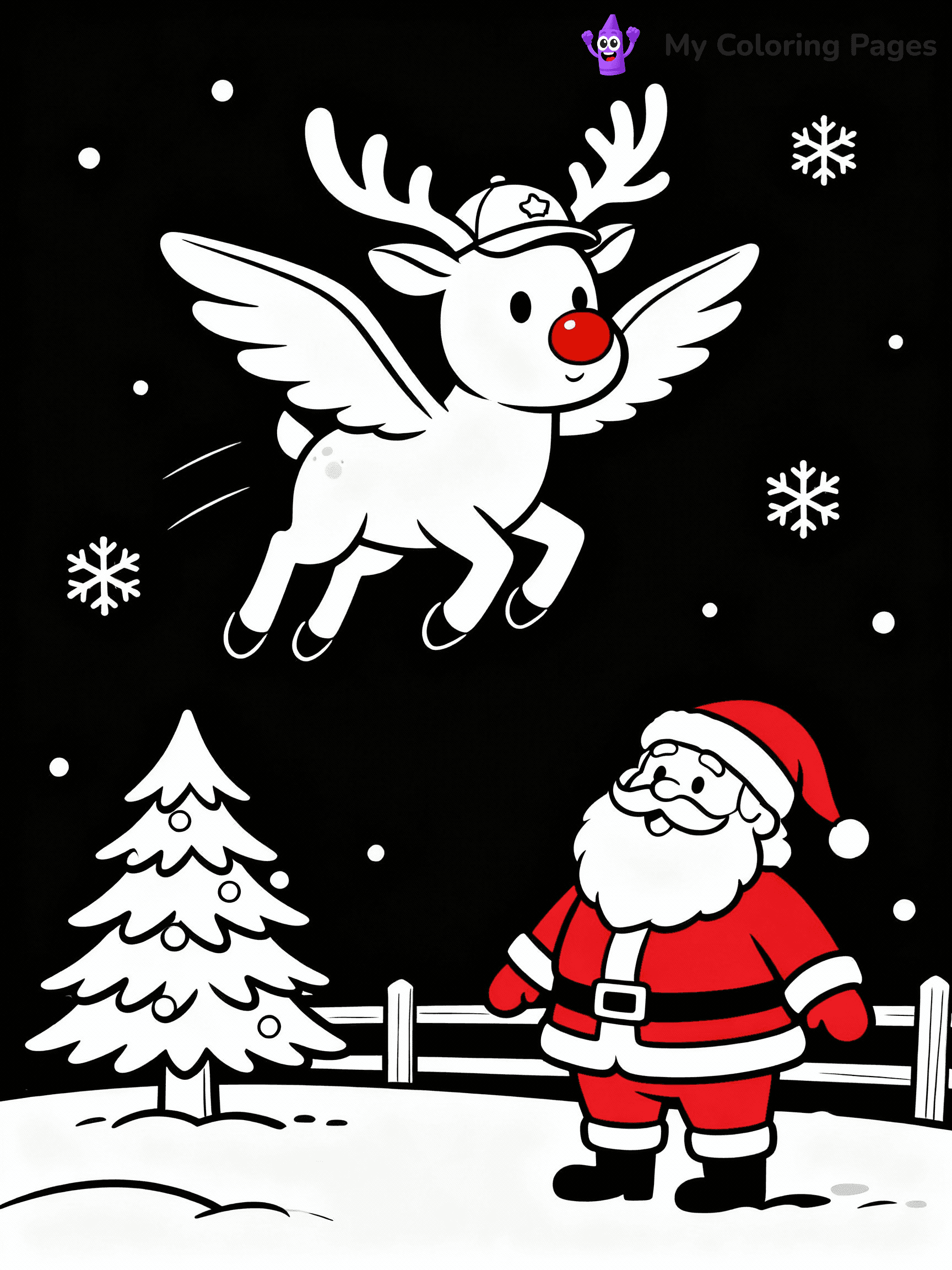 ⚠️ CRITICAL REQUIREMENT - ABSOLUTE BLACK AND WHITE ONLY ⚠️
This MUST be a BLACK AND WHITE line drawing ONLY. NO COLORS whatsoever.
- ONLY pure black lines (#000000) on pure white background (#FFFFFF)
- ABSOLUTELY NO colors, NO shading, NO gradients, NO grayscale
- If there are ANY colors in the output, the image is REJECTED
- This is a COLORING PAGE - meant to be COLORED IN by children
- The output must be UNCOLORED line art ready for coloring
⚠️ SUBJECT TO DRAW: Reindeer practicing flight training with Santa watching, in Christmas-themed style. PURE OUTLINES. NO FILLS, COLOR, SHADING, OR GREYSCALE. WHITE BACKGROUND.
(REMEMBER: Output must be BLACK AND WHITE line art only, NOT colored!)
# Flat, Friendly Cartoon Line-Art Coloring Page
You are generating a **pure black-and-white binary image** of a child-friendly cartoon scene combining characters and background scenery in one cohesive composition.
## Rendering Rules (Strict)
- Only two colors: pure black (#000000) outlines and pure white (#FFFFFF) background.
- No grayscale, shading, gradients, tints, fills, transparency, or partial pixels.
- No antialiasing or blended edges; every pixel is 100% black or white.
- No solid black fills inside shapes — all areas inside outlines must remain white.
- No dark clothing areas or filled tone blocks; all garments outlined only.
- No shadows, textures, lighting, or tonal variations.
- Must look like flat binary vector line-art for coloring pages.
## Drawing & Composition
- **Medium, consistent line weight**; clean closed outlines easy to color inside.
- **Flat, simple, child-friendly design** — no realism or 3D depth.
- Characters are **grounded on a surface**, centered and large.
- **Balanced composition** with clear silhouettes and minimal props.
## Scenery & Style
- Landmarks (e.g., mosque, CN Tower) and scenery (trees, benches, waves) drawn with **black outlines only.**
- For real-world figures, teams, or places, show accurate details using only black outlines—no text or logos. Use distinctive uniform patterns, abstract symbols, and landmark silhouettes to convey identity.
- Keep **consistent perspective**; no floating elements.
- **Style:** whimsical **Doodle Art Alley** — rounded, friendly outlines.
- May adapt shapes from **Crayola, Disney, Peppa Pig, Cocomelon** — *by shape only, never color.*
- Final output: **flat, crisp, binary (#000000/#FFFFFF)**, **no filled color or background text.**
EXTREMELYE IMPORTANT:
- PURE BINARY LINE-ART; NO FILLS (HAIR/CLOTHES/SKIN), SHADING, OR GREY.
- NO SHADING, COLOR. MUST BE WHITE BACKGROUND.
⚠️ FINAL REMINDER: Draw the subject "Reindeer practicing flight training with Santa watching, in Christmas-themed style. PURE OUTLINES. NO FILLS, COLOR, SHADING, OR GREYSCALE. WHITE BACKGROUND." as BLACK AND WHITE line art. Zero colors in output.