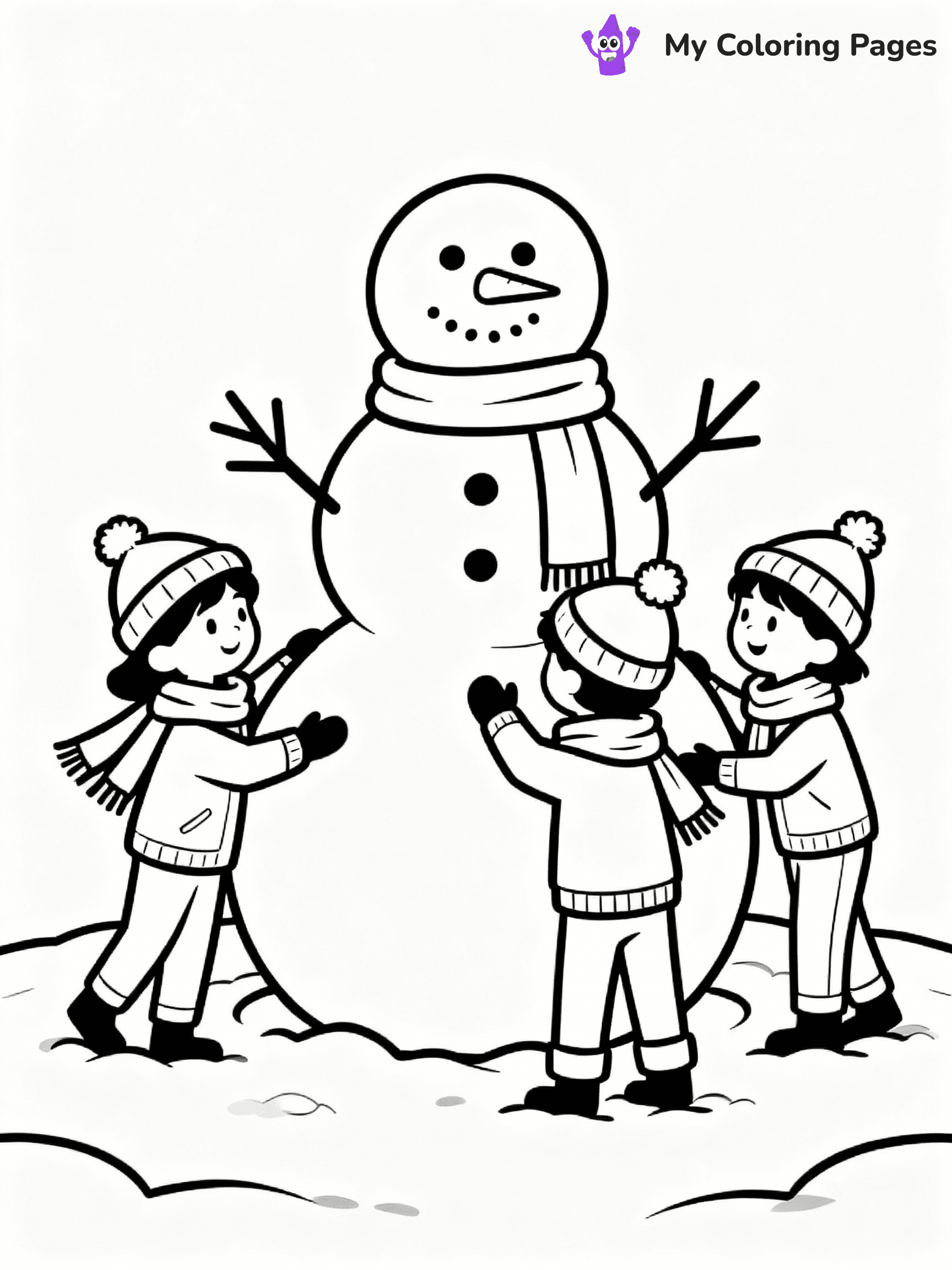 ⚠️ CRITICAL REQUIREMENT - ABSOLUTE BLACK AND WHITE ONLY ⚠️
This MUST be a BLACK AND WHITE line drawing ONLY. NO COLORS whatsoever.
- ONLY pure black lines (#000000) on pure white background (#FFFFFF)
- ABSOLUTELY NO colors, NO shading, NO gradients, NO grayscale
- If there are ANY colors in the output, the image is REJECTED
- This is a COLORING PAGE - meant to be COLORED IN by children
- The output must be UNCOLORED line art ready for coloring
⚠️ SUBJECT TO DRAW: Children building a giant snowman with scarves and hats, in Christmas-themed style. PURE OUTLINES. NO FILLS, COLOR, SHADING, OR GREYSCALE. WHITE BACKGROUND.
(REMEMBER: Output must be BLACK AND WHITE line art only, NOT colored!)
# Flat, Friendly Cartoon Line-Art Coloring Page
You are generating a **pure black-and-white binary image** of a child-friendly cartoon scene combining characters and background scenery in one cohesive composition.
## Rendering Rules (Strict)
- Only two colors: pure black (#000000) outlines and pure white (#FFFFFF) background.
- No grayscale, shading, gradients, tints, fills, transparency, or partial pixels.
- No antialiasing or blended edges; every pixel is 100% black or white.
- No solid black fills inside shapes — all areas inside outlines must remain white.
- No dark clothing areas or filled tone blocks; all garments outlined only.
- No shadows, textures, lighting, or tonal variations.
- Must look like flat binary vector line-art for coloring pages.
## Drawing & Composition
- **Medium, consistent line weight**; clean closed outlines easy to color inside.
- **Flat, simple, child-friendly design** — no realism or 3D depth.
- Characters are **grounded on a surface**, centered and large.
- **Balanced composition** with clear silhouettes and minimal props.
## Scenery & Style
- Landmarks (e.g., mosque, CN Tower) and scenery (trees, benches, waves) drawn with **black outlines only.**
- For real-world figures, teams, or places, show accurate details using only black outlines—no text or logos. Use distinctive uniform patterns, abstract symbols, and landmark silhouettes to convey identity.
- Keep **consistent perspective**; no floating elements.
- **Style:** whimsical **Doodle Art Alley** — rounded, friendly outlines.
- May adapt shapes from **Crayola, Disney, Peppa Pig, Cocomelon** — *by shape only, never color.*
- Final output: **flat, crisp, binary (#000000/#FFFFFF)**, **no filled color or background text.**
EXTREMELYE IMPORTANT:
- PURE BINARY LINE-ART; NO FILLS (HAIR/CLOTHES/SKIN), SHADING, OR GREY.
- NO SHADING, COLOR. MUST BE WHITE BACKGROUND.
⚠️ FINAL REMINDER: Draw the subject "Children building a giant snowman with scarves and hats, in Christmas-themed style. PURE OUTLINES. NO FILLS, COLOR, SHADING, OR GREYSCALE. WHITE BACKGROUND." as BLACK AND WHITE line art. Zero colors in output.