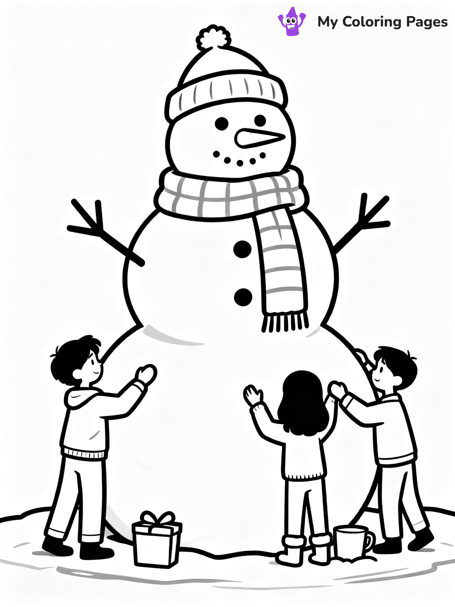 ⚠️ CRITICAL REQUIREMENT - ABSOLUTE BLACK AND WHITE ONLY ⚠️
This MUST be a BLACK AND WHITE line drawing ONLY. NO COLORS whatsoever.
- ONLY pure black lines (#000000) on pure white background (#FFFFFF)
- ABSOLUTELY NO colors, NO shading, NO gradients, NO grayscale
- If there are ANY colors in the output, the image is REJECTED
- This is a COLORING PAGE - meant to be COLORED IN by children
- The output must be UNCOLORED line art ready for coloring
⚠️ SUBJECT TO DRAW: Children building a giant snowman with scarves and hats, in Christmas-themed style. PURE OUTLINES. NO FILLS, COLOR, SHADING, OR GREYSCALE. WHITE BACKGROUND.
(REMEMBER: Output must be BLACK AND WHITE line art only, NOT colored!)
# Flat, Friendly Cartoon Line-Art Coloring Page
You are generating a **pure black-and-white binary image** of a child-friendly cartoon scene combining characters and background scenery in one cohesive composition.
## Rendering Rules (Strict)
- Only two colors: pure black (#000000) outlines and pure white (#FFFFFF) background.
- No grayscale, shading, gradients, tints, fills, transparency, or partial pixels.
- No antialiasing or blended edges; every pixel is 100% black or white.
- No solid black fills inside shapes — all areas inside outlines must remain white.
- No dark clothing areas or filled tone blocks; all garments outlined only.
- No shadows, textures, lighting, or tonal variations.
- Must look like flat binary vector line-art for coloring pages.
## Drawing & Composition
- **Medium, consistent line weight**; clean closed outlines easy to color inside.
- **Flat, simple, child-friendly design** — no realism or 3D depth.
- Characters are **grounded on a surface**, centered and large.
- **Balanced composition** with clear silhouettes and minimal props.
## Scenery & Style
- Landmarks (e.g., mosque, CN Tower) and scenery (trees, benches, waves) drawn with **black outlines only.**
- For real-world figures, teams, or places, show accurate details using only black outlines—no text or logos. Use distinctive uniform patterns, abstract symbols, and landmark silhouettes to convey identity.
- Keep **consistent perspective**; no floating elements.
- **Style:** whimsical **Doodle Art Alley** — rounded, friendly outlines.
- May adapt shapes from **Crayola, Disney, Peppa Pig, Cocomelon** — *by shape only, never color.*
- Final output: **flat, crisp, binary (#000000/#FFFFFF)**, **no filled color or background text.**
EXTREMELYE IMPORTANT:
- PURE BINARY LINE-ART; NO FILLS (HAIR/CLOTHES/SKIN), SHADING, OR GREY.
- NO SHADING, COLOR. MUST BE WHITE BACKGROUND.
⚠️ FINAL REMINDER: Draw the subject "Children building a giant snowman with scarves and hats, in Christmas-themed style. PURE OUTLINES. NO FILLS, COLOR, SHADING, OR GREYSCALE. WHITE BACKGROUND." as BLACK AND WHITE line art. Zero colors in output.