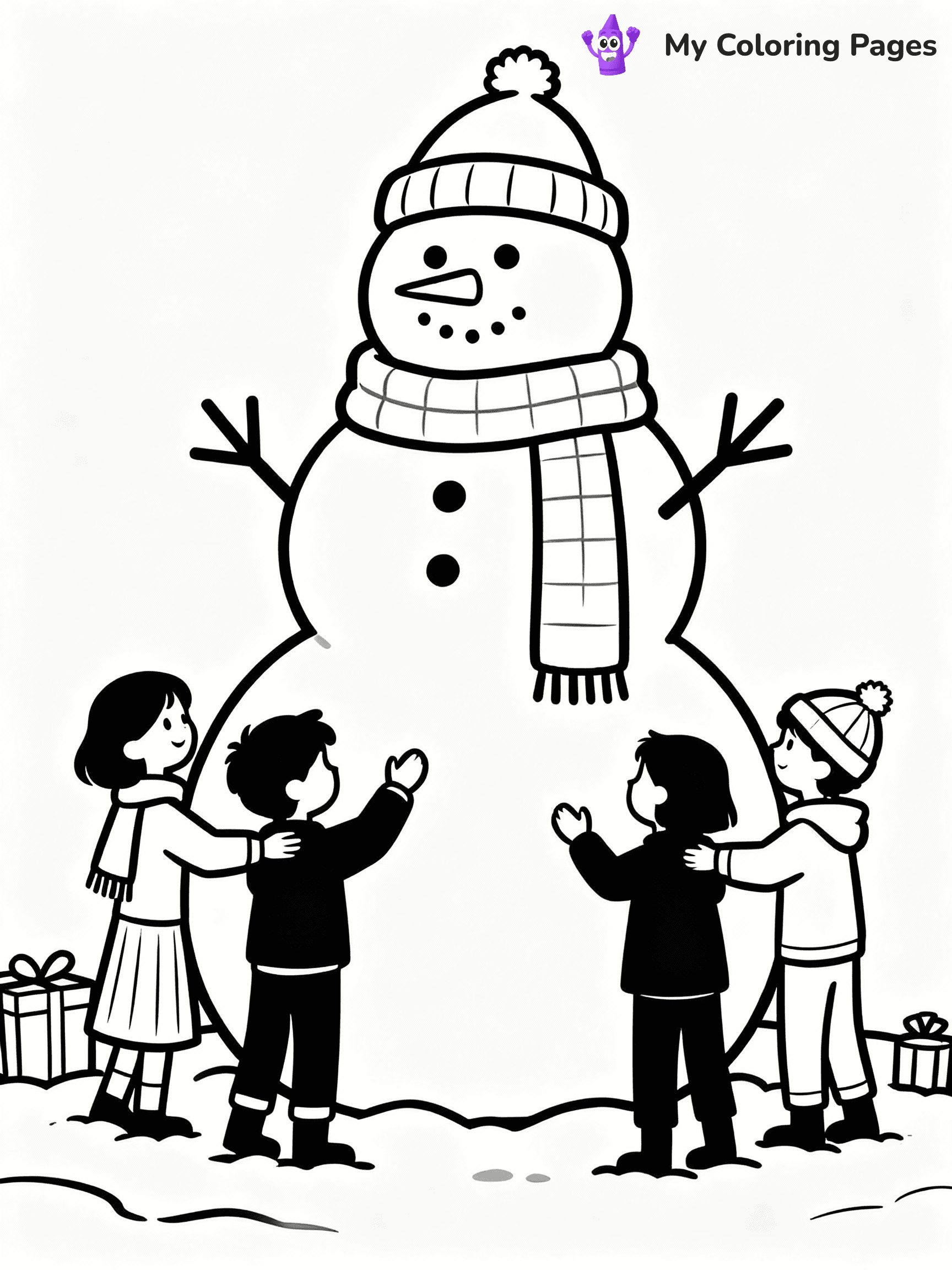 ⚠️ CRITICAL REQUIREMENT - ABSOLUTE BLACK AND WHITE ONLY ⚠️
This MUST be a BLACK AND WHITE line drawing ONLY. NO COLORS whatsoever.
- ONLY pure black lines (#000000) on pure white background (#FFFFFF)
- ABSOLUTELY NO colors, NO shading, NO gradients, NO grayscale
- If there are ANY colors in the output, the image is REJECTED
- This is a COLORING PAGE - meant to be COLORED IN by children
- The output must be UNCOLORED line art ready for coloring
⚠️ SUBJECT TO DRAW: Children building a giant snowman with scarves and hats, in Christmas-themed style. PURE OUTLINES. NO FILLS, COLOR, SHADING, OR GREYSCALE. WHITE BACKGROUND.
(REMEMBER: Output must be BLACK AND WHITE line art only, NOT colored!)
# Flat, Friendly Cartoon Line-Art Coloring Page
You are generating a **pure black-and-white binary image** of a child-friendly cartoon scene combining characters and background scenery in one cohesive composition.
## Rendering Rules (Strict)
- Only two colors: pure black (#000000) outlines and pure white (#FFFFFF) background.
- No grayscale, shading, gradients, tints, fills, transparency, or partial pixels.
- No antialiasing or blended edges; every pixel is 100% black or white.
- No solid black fills inside shapes — all areas inside outlines must remain white.
- No dark clothing areas or filled tone blocks; all garments outlined only.
- No shadows, textures, lighting, or tonal variations.
- Must look like flat binary vector line-art for coloring pages.
## Drawing & Composition
- **Medium, consistent line weight**; clean closed outlines easy to color inside.
- **Flat, simple, child-friendly design** — no realism or 3D depth.
- Characters are **grounded on a surface**, centered and large.
- **Balanced composition** with clear silhouettes and minimal props.
## Scenery & Style
- Landmarks (e.g., mosque, CN Tower) and scenery (trees, benches, waves) drawn with **black outlines only.**
- For real-world figures, teams, or places, show accurate details using only black outlines—no text or logos. Use distinctive uniform patterns, abstract symbols, and landmark silhouettes to convey identity.
- Keep **consistent perspective**; no floating elements.
- **Style:** whimsical **Doodle Art Alley** — rounded, friendly outlines.
- May adapt shapes from **Crayola, Disney, Peppa Pig, Cocomelon** — *by shape only, never color.*
- Final output: **flat, crisp, binary (#000000/#FFFFFF)**, **no filled color or background text.**
EXTREMELYE IMPORTANT:
- PURE BINARY LINE-ART; NO FILLS (HAIR/CLOTHES/SKIN), SHADING, OR GREY.
- NO SHADING, COLOR. MUST BE WHITE BACKGROUND.
⚠️ FINAL REMINDER: Draw the subject "Children building a giant snowman with scarves and hats, in Christmas-themed style. PURE OUTLINES. NO FILLS, COLOR, SHADING, OR GREYSCALE. WHITE BACKGROUND." as BLACK AND WHITE line art. Zero colors in output.