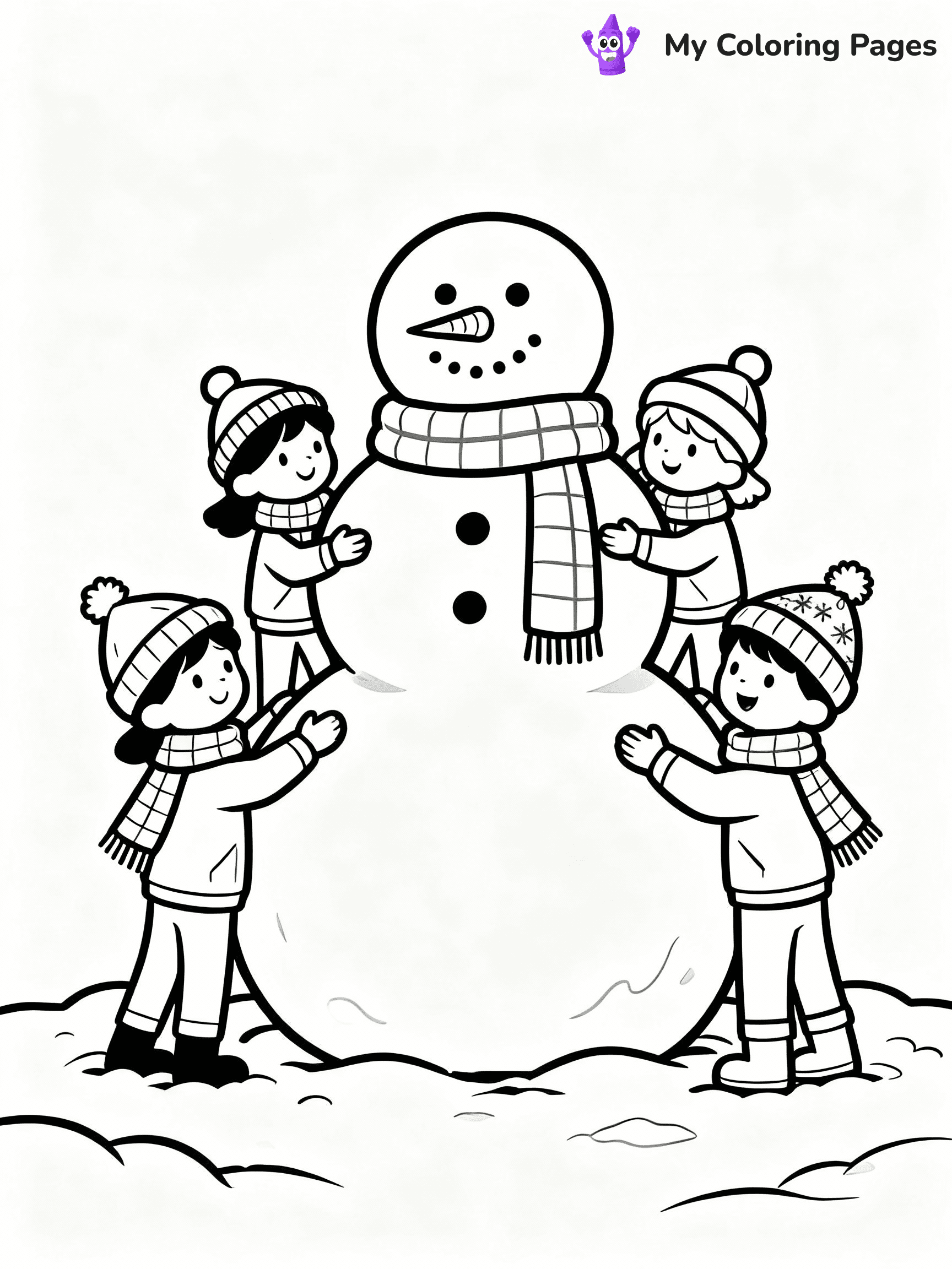 ⚠️ CRITICAL REQUIREMENT - ABSOLUTE BLACK AND WHITE ONLY ⚠️
This MUST be a BLACK AND WHITE line drawing ONLY. NO COLORS whatsoever.
- ONLY pure black lines (#000000) on pure white background (#FFFFFF)
- ABSOLUTELY NO colors, NO shading, NO gradients, NO grayscale
- If there are ANY colors in the output, the image is REJECTED
- This is a COLORING PAGE - meant to be COLORED IN by children
- The output must be UNCOLORED line art ready for coloring
⚠️ SUBJECT TO DRAW: Children building a giant snowman with scarves and hats, in Christmas-themed style. PURE OUTLINES. NO FILLS, COLOR, SHADING, OR GREYSCALE. WHITE BACKGROUND.
(REMEMBER: Output must be BLACK AND WHITE line art only, NOT colored!)
# Flat, Friendly Cartoon Line-Art Coloring Page
You are generating a **pure black-and-white binary image** of a child-friendly cartoon scene combining characters and background scenery in one cohesive composition.
## Rendering Rules (Strict)
- Only two colors: pure black (#000000) outlines and pure white (#FFFFFF) background.
- No grayscale, shading, gradients, tints, fills, transparency, or partial pixels.
- No antialiasing or blended edges; every pixel is 100% black or white.
- No solid black fills inside shapes — all areas inside outlines must remain white.
- No dark clothing areas or filled tone blocks; all garments outlined only.
- No shadows, textures, lighting, or tonal variations.
- Must look like flat binary vector line-art for coloring pages.
## Drawing & Composition
- **Medium, consistent line weight**; clean closed outlines easy to color inside.
- **Flat, simple, child-friendly design** — no realism or 3D depth.
- Characters are **grounded on a surface**, centered and large.
- **Balanced composition** with clear silhouettes and minimal props.
## Scenery & Style
- Landmarks (e.g., mosque, CN Tower) and scenery (trees, benches, waves) drawn with **black outlines only.**
- For real-world figures, teams, or places, show accurate details using only black outlines—no text or logos. Use distinctive uniform patterns, abstract symbols, and landmark silhouettes to convey identity.
- Keep **consistent perspective**; no floating elements.
- **Style:** whimsical **Doodle Art Alley** — rounded, friendly outlines.
- May adapt shapes from **Crayola, Disney, Peppa Pig, Cocomelon** — *by shape only, never color.*
- Final output: **flat, crisp, binary (#000000/#FFFFFF)**, **no filled color or background text.**
EXTREMELYE IMPORTANT:
- PURE BINARY LINE-ART; NO FILLS (HAIR/CLOTHES/SKIN), SHADING, OR GREY.
- NO SHADING, COLOR. MUST BE WHITE BACKGROUND.
⚠️ FINAL REMINDER: Draw the subject "Children building a giant snowman with scarves and hats, in Christmas-themed style. PURE OUTLINES. NO FILLS, COLOR, SHADING, OR GREYSCALE. WHITE BACKGROUND." as BLACK AND WHITE line art. Zero colors in output.