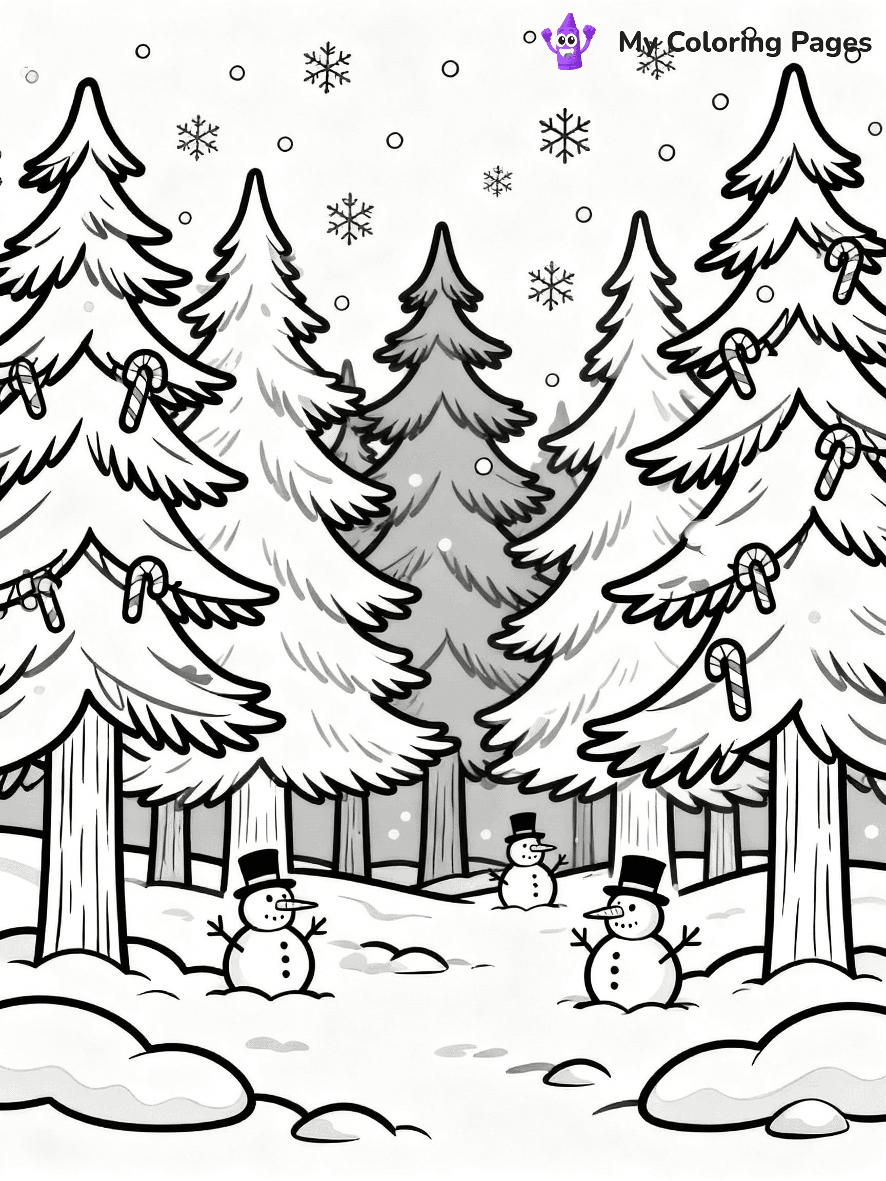 ⚠️ CRITICAL REQUIREMENT - ABSOLUTE BLACK AND WHITE ONLY ⚠️
This MUST be a BLACK AND WHITE line drawing ONLY. NO COLORS whatsoever.
- ONLY pure black lines (#000000) on pure white background (#FFFFFF)
- ABSOLUTELY NO colors, NO shading, NO gradients, NO grayscale
- If there are ANY colors in the output, the image is REJECTED
- This is a COLORING PAGE - meant to be COLORED IN by children
- The output must be UNCOLORED line art ready for coloring
⚠️ SUBJECT TO DRAW: A peaceful winter forest filled with tall pine trees, in Christmas-themed style. PURE OUTLINES. NO FILLS, COLOR, SHADING, OR GREYSCALE. WHITE BACKGROUND.
(REMEMBER: Output must be BLACK AND WHITE line art only, NOT colored!)
# Flat, Friendly Cartoon Line-Art Coloring Page
You are generating a **pure black-and-white binary image** of a child-friendly cartoon scene combining characters and background scenery in one cohesive composition.
## Rendering Rules (Strict)
- Only two colors: pure black (#000000) outlines and pure white (#FFFFFF) background.
- No grayscale, shading, gradients, tints, fills, transparency, or partial pixels.
- No antialiasing or blended edges; every pixel is 100% black or white.
- No solid black fills inside shapes — all areas inside outlines must remain white.
- No dark clothing areas or filled tone blocks; all garments outlined only.
- No shadows, textures, lighting, or tonal variations.
- Must look like flat binary vector line-art for coloring pages.
## Drawing & Composition
- **Medium, consistent line weight**; clean closed outlines easy to color inside.
- **Flat, simple, child-friendly design** — no realism or 3D depth.
- Characters are **grounded on a surface**, centered and large.
- **Balanced composition** with clear silhouettes and minimal props.
## Scenery & Style
- Landmarks (e.g., mosque, CN Tower) and scenery (trees, benches, waves) drawn with **black outlines only.**
- For real-world figures, teams, or places, show accurate details using only black outlines—no text or logos. Use distinctive uniform patterns, abstract symbols, and landmark silhouettes to convey identity.
- Keep **consistent perspective**; no floating elements.
- **Style:** whimsical **Doodle Art Alley** — rounded, friendly outlines.
- May adapt shapes from **Crayola, Disney, Peppa Pig, Cocomelon** — *by shape only, never color.*
- Final output: **flat, crisp, binary (#000000/#FFFFFF)**, **no filled color or background text.**
EXTREMELYE IMPORTANT:
- PURE BINARY LINE-ART; NO FILLS (HAIR/CLOTHES/SKIN), SHADING, OR GREY.
- NO SHADING, COLOR. MUST BE WHITE BACKGROUND.
⚠️ FINAL REMINDER: Draw the subject "A peaceful winter forest filled with tall pine trees, in Christmas-themed style. PURE OUTLINES. NO FILLS, COLOR, SHADING, OR GREYSCALE. WHITE BACKGROUND." as BLACK AND WHITE line art. Zero colors in output.