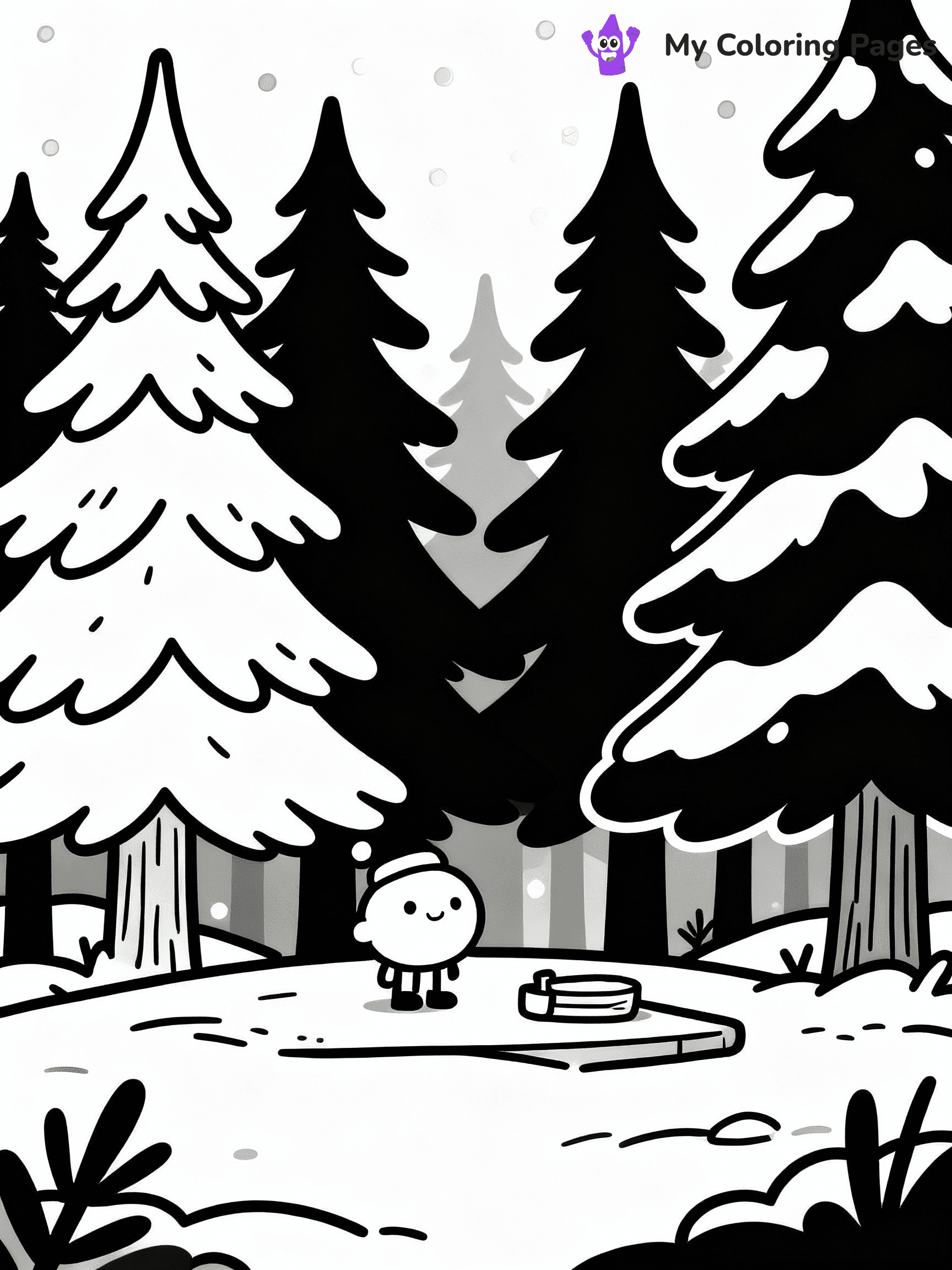 ⚠️ CRITICAL REQUIREMENT - ABSOLUTE BLACK AND WHITE ONLY ⚠️
This MUST be a BLACK AND WHITE line drawing ONLY. NO COLORS whatsoever.
- ONLY pure black lines (#000000) on pure white background (#FFFFFF)
- ABSOLUTELY NO colors, NO shading, NO gradients, NO grayscale
- If there are ANY colors in the output, the image is REJECTED
- This is a COLORING PAGE - meant to be COLORED IN by children
- The output must be UNCOLORED line art ready for coloring
⚠️ SUBJECT TO DRAW: A peaceful winter forest filled with tall pine trees, in Christmas-themed style. PURE OUTLINES. NO FILLS, COLOR, SHADING, OR GREYSCALE. WHITE BACKGROUND.
(REMEMBER: Output must be BLACK AND WHITE line art only, NOT colored!)
# Flat, Friendly Cartoon Line-Art Coloring Page
You are generating a **pure black-and-white binary image** of a child-friendly cartoon scene combining characters and background scenery in one cohesive composition.
## Rendering Rules (Strict)
- Only two colors: pure black (#000000) outlines and pure white (#FFFFFF) background.
- No grayscale, shading, gradients, tints, fills, transparency, or partial pixels.
- No antialiasing or blended edges; every pixel is 100% black or white.
- No solid black fills inside shapes — all areas inside outlines must remain white.
- No dark clothing areas or filled tone blocks; all garments outlined only.
- No shadows, textures, lighting, or tonal variations.
- Must look like flat binary vector line-art for coloring pages.
## Drawing & Composition
- **Medium, consistent line weight**; clean closed outlines easy to color inside.
- **Flat, simple, child-friendly design** — no realism or 3D depth.
- Characters are **grounded on a surface**, centered and large.
- **Balanced composition** with clear silhouettes and minimal props.
## Scenery & Style
- Landmarks (e.g., mosque, CN Tower) and scenery (trees, benches, waves) drawn with **black outlines only.**
- For real-world figures, teams, or places, show accurate details using only black outlines—no text or logos. Use distinctive uniform patterns, abstract symbols, and landmark silhouettes to convey identity.
- Keep **consistent perspective**; no floating elements.
- **Style:** whimsical **Doodle Art Alley** — rounded, friendly outlines.
- May adapt shapes from **Crayola, Disney, Peppa Pig, Cocomelon** — *by shape only, never color.*
- Final output: **flat, crisp, binary (#000000/#FFFFFF)**, **no filled color or background text.**
EXTREMELYE IMPORTANT:
- PURE BINARY LINE-ART; NO FILLS (HAIR/CLOTHES/SKIN), SHADING, OR GREY.
- NO SHADING, COLOR. MUST BE WHITE BACKGROUND.
⚠️ FINAL REMINDER: Draw the subject "A peaceful winter forest filled with tall pine trees, in Christmas-themed style. PURE OUTLINES. NO FILLS, COLOR, SHADING, OR GREYSCALE. WHITE BACKGROUND." as BLACK AND WHITE line art. Zero colors in output.