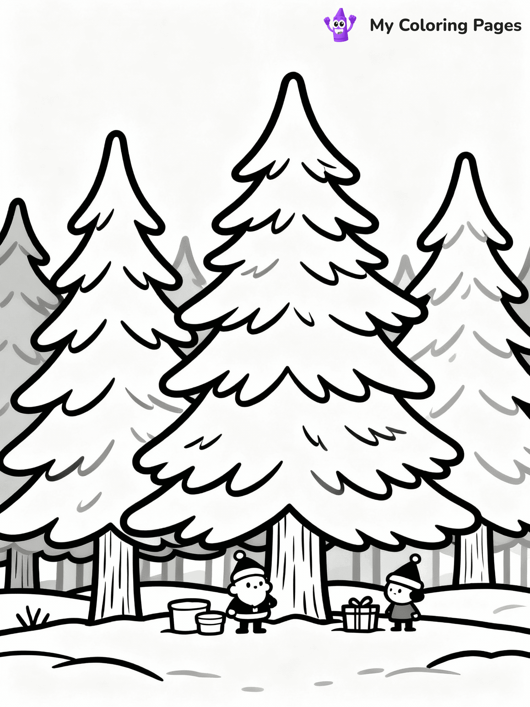 ⚠️ CRITICAL REQUIREMENT - ABSOLUTE BLACK AND WHITE ONLY ⚠️
This MUST be a BLACK AND WHITE line drawing ONLY. NO COLORS whatsoever.
- ONLY pure black lines (#000000) on pure white background (#FFFFFF)
- ABSOLUTELY NO colors, NO shading, NO gradients, NO grayscale
- If there are ANY colors in the output, the image is REJECTED
- This is a COLORING PAGE - meant to be COLORED IN by children
- The output must be UNCOLORED line art ready for coloring
⚠️ SUBJECT TO DRAW: A peaceful winter forest filled with tall pine trees, in Christmas-themed style. PURE OUTLINES. NO FILLS, COLOR, SHADING, OR GREYSCALE. WHITE BACKGROUND.
(REMEMBER: Output must be BLACK AND WHITE line art only, NOT colored!)
# Flat, Friendly Cartoon Line-Art Coloring Page
You are generating a **pure black-and-white binary image** of a child-friendly cartoon scene combining characters and background scenery in one cohesive composition.
## Rendering Rules (Strict)
- Only two colors: pure black (#000000) outlines and pure white (#FFFFFF) background.
- No grayscale, shading, gradients, tints, fills, transparency, or partial pixels.
- No antialiasing or blended edges; every pixel is 100% black or white.
- No solid black fills inside shapes — all areas inside outlines must remain white.
- No dark clothing areas or filled tone blocks; all garments outlined only.
- No shadows, textures, lighting, or tonal variations.
- Must look like flat binary vector line-art for coloring pages.
## Drawing & Composition
- **Medium, consistent line weight**; clean closed outlines easy to color inside.
- **Flat, simple, child-friendly design** — no realism or 3D depth.
- Characters are **grounded on a surface**, centered and large.
- **Balanced composition** with clear silhouettes and minimal props.
## Scenery & Style
- Landmarks (e.g., mosque, CN Tower) and scenery (trees, benches, waves) drawn with **black outlines only.**
- For real-world figures, teams, or places, show accurate details using only black outlines—no text or logos. Use distinctive uniform patterns, abstract symbols, and landmark silhouettes to convey identity.
- Keep **consistent perspective**; no floating elements.
- **Style:** whimsical **Doodle Art Alley** — rounded, friendly outlines.
- May adapt shapes from **Crayola, Disney, Peppa Pig, Cocomelon** — *by shape only, never color.*
- Final output: **flat, crisp, binary (#000000/#FFFFFF)**, **no filled color or background text.**
EXTREMELYE IMPORTANT:
- PURE BINARY LINE-ART; NO FILLS (HAIR/CLOTHES/SKIN), SHADING, OR GREY.
- NO SHADING, COLOR. MUST BE WHITE BACKGROUND.
⚠️ FINAL REMINDER: Draw the subject "A peaceful winter forest filled with tall pine trees, in Christmas-themed style. PURE OUTLINES. NO FILLS, COLOR, SHADING, OR GREYSCALE. WHITE BACKGROUND." as BLACK AND WHITE line art. Zero colors in output.