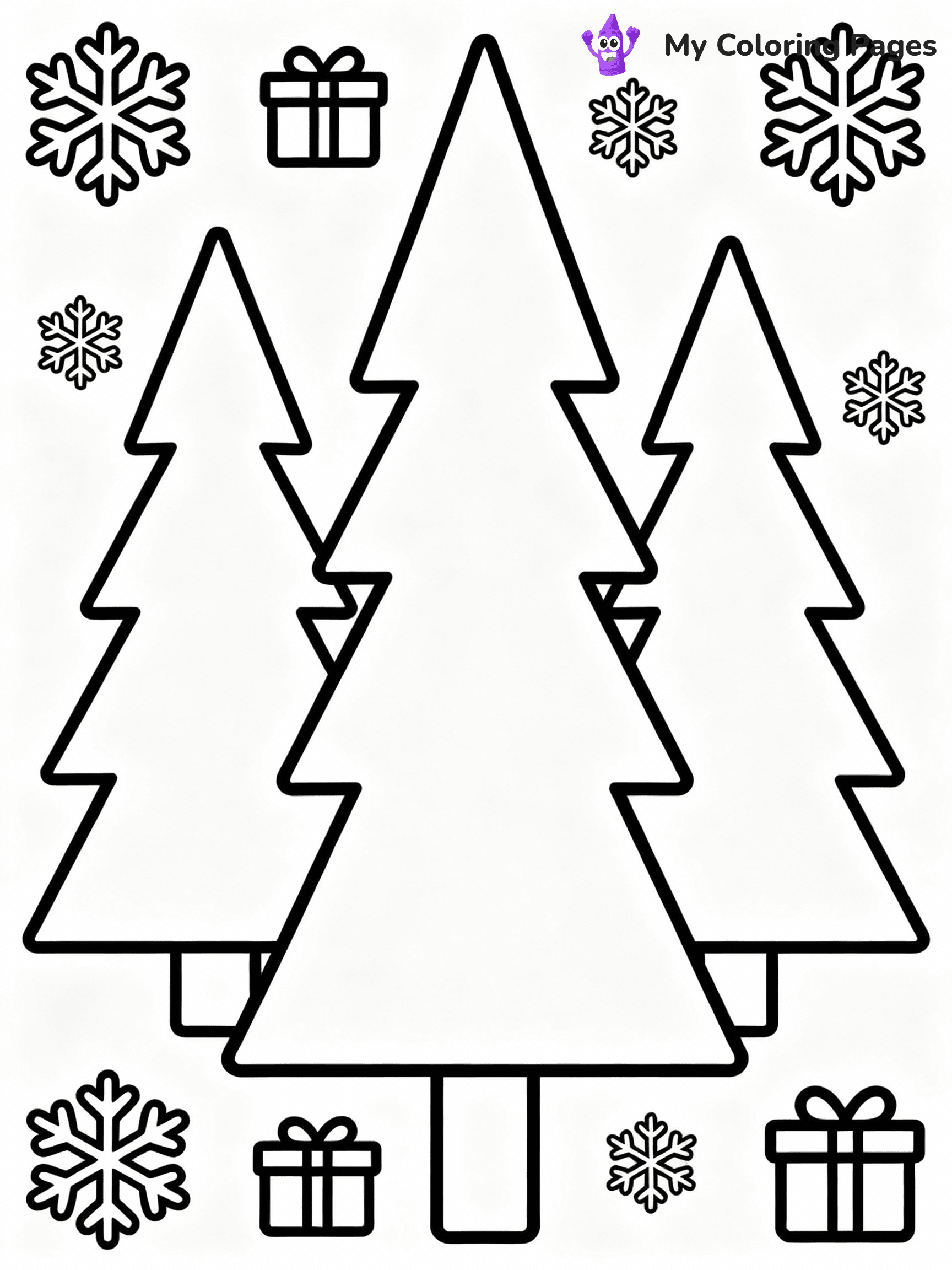 ⚠️ CRITICAL REQUIREMENT - ABSOLUTE BLACK AND WHITE ONLY ⚠️
This MUST be a BLACK AND WHITE line drawing ONLY. NO COLORS whatsoever.
- ONLY pure black lines (#000000) on pure white background (#FFFFFF)
- ABSOLUTELY NO colors, NO shading, NO gradients, NO grayscale
- If there are ANY colors in the output, the image is REJECTED
- This is a COLORING PAGE - meant to be COLORED IN by children
- The output must be UNCOLORED line art ready for coloring
⚠️ SUBJECT TO DRAW: A peaceful winter forest filled with tall pine trees, in Christmas-themed style. PURE OUTLINES. NO FILLS, COLOR, SHADING, OR GREYSCALE. WHITE BACKGROUND.
(REMEMBER: Output must be BLACK AND WHITE line art only, NOT colored!)
# Flat, Friendly Cartoon Line-Art Coloring Page
You are generating a **pure black-and-white binary image** of a child-friendly cartoon scene combining characters and background scenery in one cohesive composition.
## Rendering Rules (Strict)
- Only two colors: pure black (#000000) outlines and pure white (#FFFFFF) background.
- No grayscale, shading, gradients, tints, fills, transparency, or partial pixels.
- No antialiasing or blended edges; every pixel is 100% black or white.
- No solid black fills inside shapes — all areas inside outlines must remain white.
- No dark clothing areas or filled tone blocks; all garments outlined only.
- No shadows, textures, lighting, or tonal variations.
- Must look like flat binary vector line-art for coloring pages.
## Drawing & Composition
- **Medium, consistent line weight**; clean closed outlines easy to color inside.
- **Flat, simple, child-friendly design** — no realism or 3D depth.
- Characters are **grounded on a surface**, centered and large.
- **Balanced composition** with clear silhouettes and minimal props.
## Scenery & Style
- Landmarks (e.g., mosque, CN Tower) and scenery (trees, benches, waves) drawn with **black outlines only.**
- For real-world figures, teams, or places, show accurate details using only black outlines—no text or logos. Use distinctive uniform patterns, abstract symbols, and landmark silhouettes to convey identity.
- Keep **consistent perspective**; no floating elements.
- **Style:** whimsical **Doodle Art Alley** — rounded, friendly outlines.
- May adapt shapes from **Crayola, Disney, Peppa Pig, Cocomelon** — *by shape only, never color.*
- Final output: **flat, crisp, binary (#000000/#FFFFFF)**, **no filled color or background text.**
EXTREMELYE IMPORTANT:
- PURE BINARY LINE-ART; NO FILLS (HAIR/CLOTHES/SKIN), SHADING, OR GREY.
- NO SHADING, COLOR. MUST BE WHITE BACKGROUND.
⚠️ FINAL REMINDER: Draw the subject "A peaceful winter forest filled with tall pine trees, in Christmas-themed style. PURE OUTLINES. NO FILLS, COLOR, SHADING, OR GREYSCALE. WHITE BACKGROUND." as BLACK AND WHITE line art. Zero colors in output.