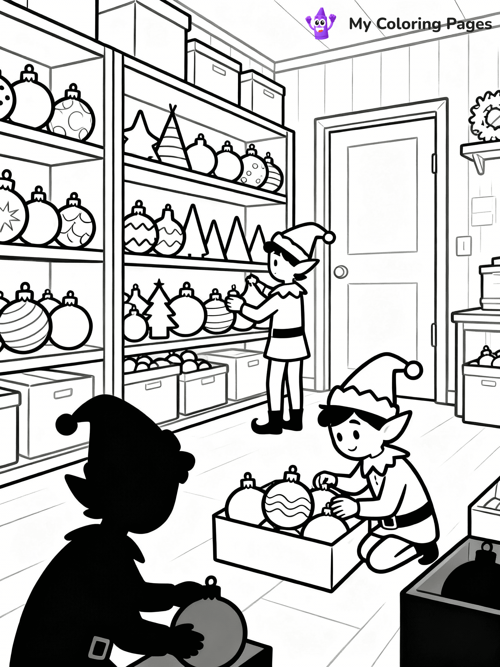 ⚠️ CRITICAL REQUIREMENT - ABSOLUTE BLACK AND WHITE ONLY ⚠️
This MUST be a BLACK AND WHITE line drawing ONLY. NO COLORS whatsoever.
- ONLY pure black lines (#000000) on pure white background (#FFFFFF)
- ABSOLUTELY NO colors, NO shading, NO gradients, NO grayscale
- If there are ANY colors in the output, the image is REJECTED
- This is a COLORING PAGE - meant to be COLORED IN by children
- The output must be UNCOLORED line art ready for coloring
⚠️ SUBJECT TO DRAW: Elves sorting ornaments in a storage room, in Christmas-themed style. PURE OUTLINES. NO FILLS, COLOR, SHADING, OR GREYSCALE. WHITE BACKGROUND.
(REMEMBER: Output must be BLACK AND WHITE line art only, NOT colored!)
# Flat, Friendly Cartoon Line-Art Coloring Page
You are generating a **pure black-and-white binary image** of a child-friendly cartoon scene combining characters and background scenery in one cohesive composition.
## Rendering Rules (Strict)
- Only two colors: pure black (#000000) outlines and pure white (#FFFFFF) background.
- No grayscale, shading, gradients, tints, fills, transparency, or partial pixels.
- No antialiasing or blended edges; every pixel is 100% black or white.
- No solid black fills inside shapes — all areas inside outlines must remain white.
- No dark clothing areas or filled tone blocks; all garments outlined only.
- No shadows, textures, lighting, or tonal variations.
- Must look like flat binary vector line-art for coloring pages.
## Drawing & Composition
- **Medium, consistent line weight**; clean closed outlines easy to color inside.
- **Flat, simple, child-friendly design** — no realism or 3D depth.
- Characters are **grounded on a surface**, centered and large.
- **Balanced composition** with clear silhouettes and minimal props.
## Scenery & Style
- Landmarks (e.g., mosque, CN Tower) and scenery (trees, benches, waves) drawn with **black outlines only.**
- For real-world figures, teams, or places, show accurate details using only black outlines—no text or logos. Use distinctive uniform patterns, abstract symbols, and landmark silhouettes to convey identity.
- Keep **consistent perspective**; no floating elements.
- **Style:** whimsical **Doodle Art Alley** — rounded, friendly outlines.
- May adapt shapes from **Crayola, Disney, Peppa Pig, Cocomelon** — *by shape only, never color.*
- Final output: **flat, crisp, binary (#000000/#FFFFFF)**, **no filled color or background text.**
EXTREMELYE IMPORTANT:
- PURE BINARY LINE-ART; NO FILLS (HAIR/CLOTHES/SKIN), SHADING, OR GREY.
- NO SHADING, COLOR. MUST BE WHITE BACKGROUND.
⚠️ FINAL REMINDER: Draw the subject "Elves sorting ornaments in a storage room, in Christmas-themed style. PURE OUTLINES. NO FILLS, COLOR, SHADING, OR GREYSCALE. WHITE BACKGROUND." as BLACK AND WHITE line art. Zero colors in output.