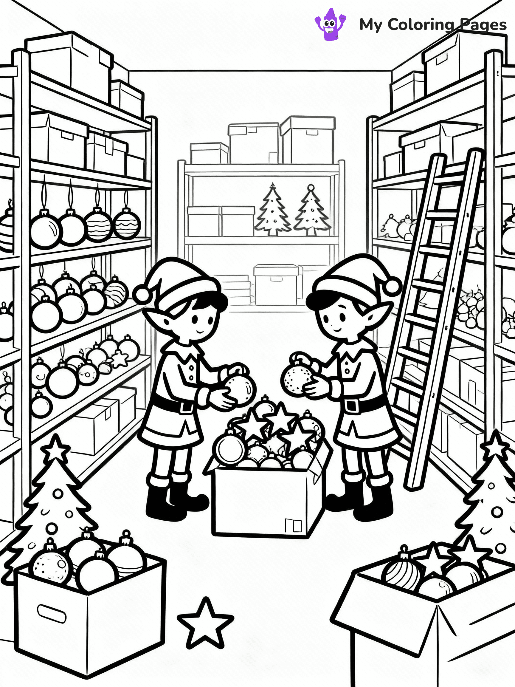 ⚠️ CRITICAL REQUIREMENT - ABSOLUTE BLACK AND WHITE ONLY ⚠️
This MUST be a BLACK AND WHITE line drawing ONLY. NO COLORS whatsoever.
- ONLY pure black lines (#000000) on pure white background (#FFFFFF)
- ABSOLUTELY NO colors, NO shading, NO gradients, NO grayscale
- If there are ANY colors in the output, the image is REJECTED
- This is a COLORING PAGE - meant to be COLORED IN by children
- The output must be UNCOLORED line art ready for coloring
⚠️ SUBJECT TO DRAW: Elves sorting ornaments in a storage room, in Christmas-themed style. PURE OUTLINES. NO FILLS, COLOR, SHADING, OR GREYSCALE. WHITE BACKGROUND.
(REMEMBER: Output must be BLACK AND WHITE line art only, NOT colored!)
# Flat, Friendly Cartoon Line-Art Coloring Page
You are generating a **pure black-and-white binary image** of a child-friendly cartoon scene combining characters and background scenery in one cohesive composition.
## Rendering Rules (Strict)
- Only two colors: pure black (#000000) outlines and pure white (#FFFFFF) background.
- No grayscale, shading, gradients, tints, fills, transparency, or partial pixels.
- No antialiasing or blended edges; every pixel is 100% black or white.
- No solid black fills inside shapes — all areas inside outlines must remain white.
- No dark clothing areas or filled tone blocks; all garments outlined only.
- No shadows, textures, lighting, or tonal variations.
- Must look like flat binary vector line-art for coloring pages.
## Drawing & Composition
- **Medium, consistent line weight**; clean closed outlines easy to color inside.
- **Flat, simple, child-friendly design** — no realism or 3D depth.
- Characters are **grounded on a surface**, centered and large.
- **Balanced composition** with clear silhouettes and minimal props.
## Scenery & Style
- Landmarks (e.g., mosque, CN Tower) and scenery (trees, benches, waves) drawn with **black outlines only.**
- For real-world figures, teams, or places, show accurate details using only black outlines—no text or logos. Use distinctive uniform patterns, abstract symbols, and landmark silhouettes to convey identity.
- Keep **consistent perspective**; no floating elements.
- **Style:** whimsical **Doodle Art Alley** — rounded, friendly outlines.
- May adapt shapes from **Crayola, Disney, Peppa Pig, Cocomelon** — *by shape only, never color.*
- Final output: **flat, crisp, binary (#000000/#FFFFFF)**, **no filled color or background text.**
EXTREMELYE IMPORTANT:
- PURE BINARY LINE-ART; NO FILLS (HAIR/CLOTHES/SKIN), SHADING, OR GREY.
- NO SHADING, COLOR. MUST BE WHITE BACKGROUND.
⚠️ FINAL REMINDER: Draw the subject "Elves sorting ornaments in a storage room, in Christmas-themed style. PURE OUTLINES. NO FILLS, COLOR, SHADING, OR GREYSCALE. WHITE BACKGROUND." as BLACK AND WHITE line art. Zero colors in output.