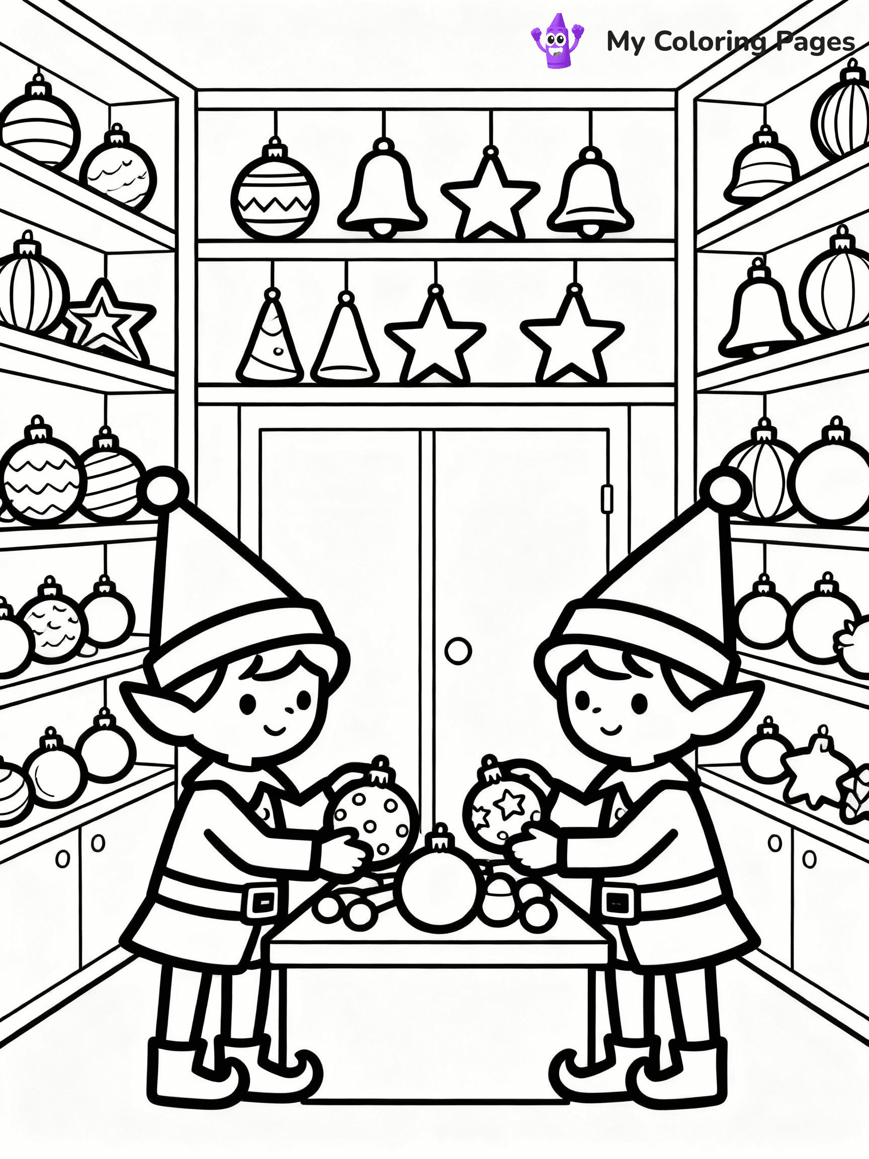 ⚠️ CRITICAL REQUIREMENT - ABSOLUTE BLACK AND WHITE ONLY ⚠️
This MUST be a BLACK AND WHITE line drawing ONLY. NO COLORS whatsoever.
- ONLY pure black lines (#000000) on pure white background (#FFFFFF)
- ABSOLUTELY NO colors, NO shading, NO gradients, NO grayscale
- If there are ANY colors in the output, the image is REJECTED
- This is a COLORING PAGE - meant to be COLORED IN by children
- The output must be UNCOLORED line art ready for coloring
⚠️ SUBJECT TO DRAW: Elves sorting ornaments in a storage room, in Christmas-themed style. PURE OUTLINES. NO FILLS, COLOR, SHADING, OR GREYSCALE. WHITE BACKGROUND.
(REMEMBER: Output must be BLACK AND WHITE line art only, NOT colored!)
# Flat, Friendly Cartoon Line-Art Coloring Page
You are generating a **pure black-and-white binary image** of a child-friendly cartoon scene combining characters and background scenery in one cohesive composition.
## Rendering Rules (Strict)
- Only two colors: pure black (#000000) outlines and pure white (#FFFFFF) background.
- No grayscale, shading, gradients, tints, fills, transparency, or partial pixels.
- No antialiasing or blended edges; every pixel is 100% black or white.
- No solid black fills inside shapes — all areas inside outlines must remain white.
- No dark clothing areas or filled tone blocks; all garments outlined only.
- No shadows, textures, lighting, or tonal variations.
- Must look like flat binary vector line-art for coloring pages.
## Drawing & Composition
- **Medium, consistent line weight**; clean closed outlines easy to color inside.
- **Flat, simple, child-friendly design** — no realism or 3D depth.
- Characters are **grounded on a surface**, centered and large.
- **Balanced composition** with clear silhouettes and minimal props.
## Scenery & Style
- Landmarks (e.g., mosque, CN Tower) and scenery (trees, benches, waves) drawn with **black outlines only.**
- For real-world figures, teams, or places, show accurate details using only black outlines—no text or logos. Use distinctive uniform patterns, abstract symbols, and landmark silhouettes to convey identity.
- Keep **consistent perspective**; no floating elements.
- **Style:** whimsical **Doodle Art Alley** — rounded, friendly outlines.
- May adapt shapes from **Crayola, Disney, Peppa Pig, Cocomelon** — *by shape only, never color.*
- Final output: **flat, crisp, binary (#000000/#FFFFFF)**, **no filled color or background text.**
EXTREMELYE IMPORTANT:
- PURE BINARY LINE-ART; NO FILLS (HAIR/CLOTHES/SKIN), SHADING, OR GREY.
- NO SHADING, COLOR. MUST BE WHITE BACKGROUND.
⚠️ FINAL REMINDER: Draw the subject "Elves sorting ornaments in a storage room, in Christmas-themed style. PURE OUTLINES. NO FILLS, COLOR, SHADING, OR GREYSCALE. WHITE BACKGROUND." as BLACK AND WHITE line art. Zero colors in output.