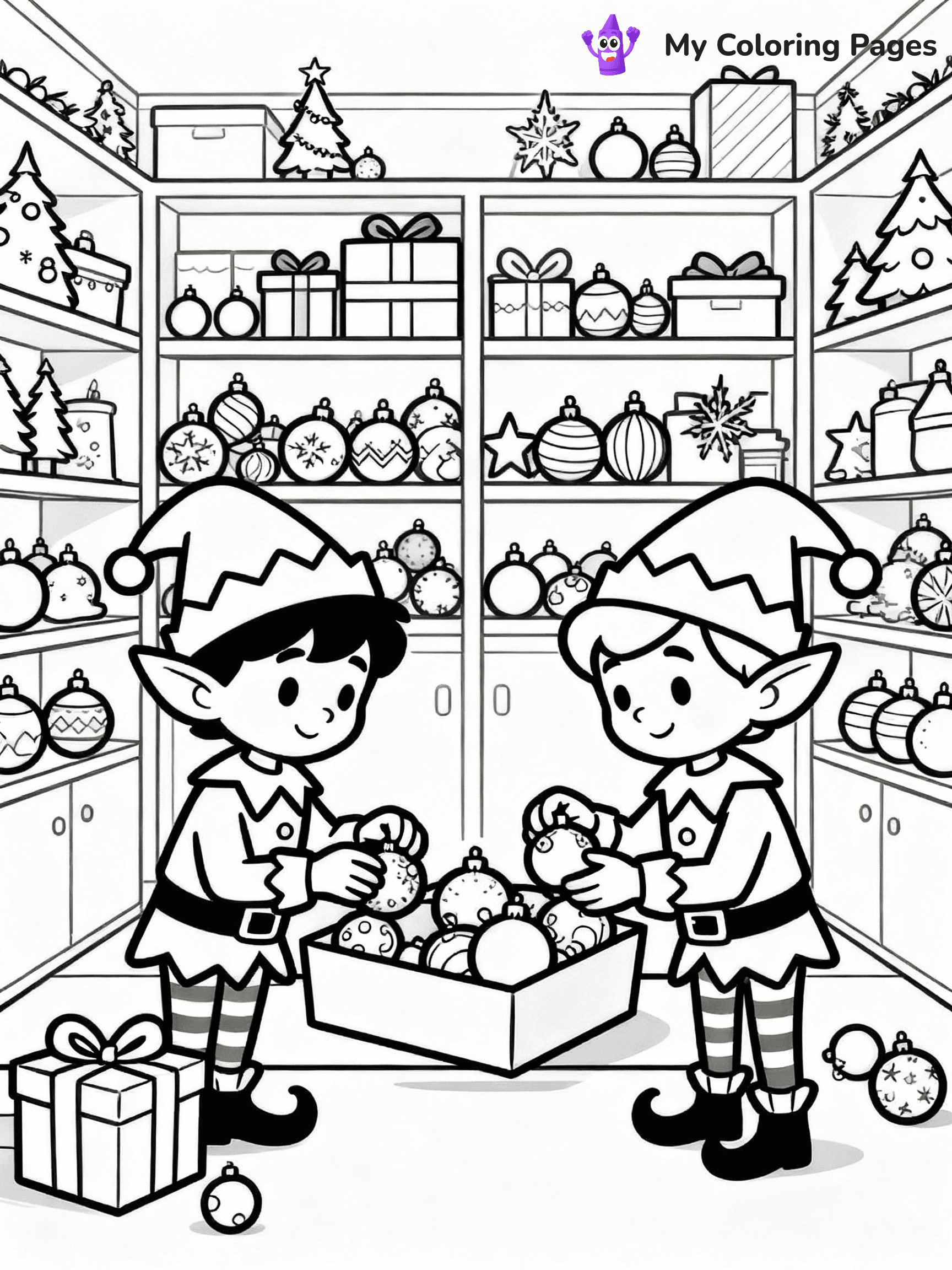⚠️ CRITICAL REQUIREMENT - ABSOLUTE BLACK AND WHITE ONLY ⚠️
This MUST be a BLACK AND WHITE line drawing ONLY. NO COLORS whatsoever.
- ONLY pure black lines (#000000) on pure white background (#FFFFFF)
- ABSOLUTELY NO colors, NO shading, NO gradients, NO grayscale
- If there are ANY colors in the output, the image is REJECTED
- This is a COLORING PAGE - meant to be COLORED IN by children
- The output must be UNCOLORED line art ready for coloring
⚠️ SUBJECT TO DRAW: Elves sorting ornaments in a storage room, in Christmas-themed style. PURE OUTLINES. NO FILLS, COLOR, SHADING, OR GREYSCALE. WHITE BACKGROUND.
(REMEMBER: Output must be BLACK AND WHITE line art only, NOT colored!)
# Flat, Friendly Cartoon Line-Art Coloring Page
You are generating a **pure black-and-white binary image** of a child-friendly cartoon scene combining characters and background scenery in one cohesive composition.
## Rendering Rules (Strict)
- Only two colors: pure black (#000000) outlines and pure white (#FFFFFF) background.
- No grayscale, shading, gradients, tints, fills, transparency, or partial pixels.
- No antialiasing or blended edges; every pixel is 100% black or white.
- No solid black fills inside shapes — all areas inside outlines must remain white.
- No dark clothing areas or filled tone blocks; all garments outlined only.
- No shadows, textures, lighting, or tonal variations.
- Must look like flat binary vector line-art for coloring pages.
## Drawing & Composition
- **Medium, consistent line weight**; clean closed outlines easy to color inside.
- **Flat, simple, child-friendly design** — no realism or 3D depth.
- Characters are **grounded on a surface**, centered and large.
- **Balanced composition** with clear silhouettes and minimal props.
## Scenery & Style
- Landmarks (e.g., mosque, CN Tower) and scenery (trees, benches, waves) drawn with **black outlines only.**
- For real-world figures, teams, or places, show accurate details using only black outlines—no text or logos. Use distinctive uniform patterns, abstract symbols, and landmark silhouettes to convey identity.
- Keep **consistent perspective**; no floating elements.
- **Style:** whimsical **Doodle Art Alley** — rounded, friendly outlines.
- May adapt shapes from **Crayola, Disney, Peppa Pig, Cocomelon** — *by shape only, never color.*
- Final output: **flat, crisp, binary (#000000/#FFFFFF)**, **no filled color or background text.**
EXTREMELYE IMPORTANT:
- PURE BINARY LINE-ART; NO FILLS (HAIR/CLOTHES/SKIN), SHADING, OR GREY.
- NO SHADING, COLOR. MUST BE WHITE BACKGROUND.
⚠️ FINAL REMINDER: Draw the subject "Elves sorting ornaments in a storage room, in Christmas-themed style. PURE OUTLINES. NO FILLS, COLOR, SHADING, OR GREYSCALE. WHITE BACKGROUND." as BLACK AND WHITE line art. Zero colors in output.