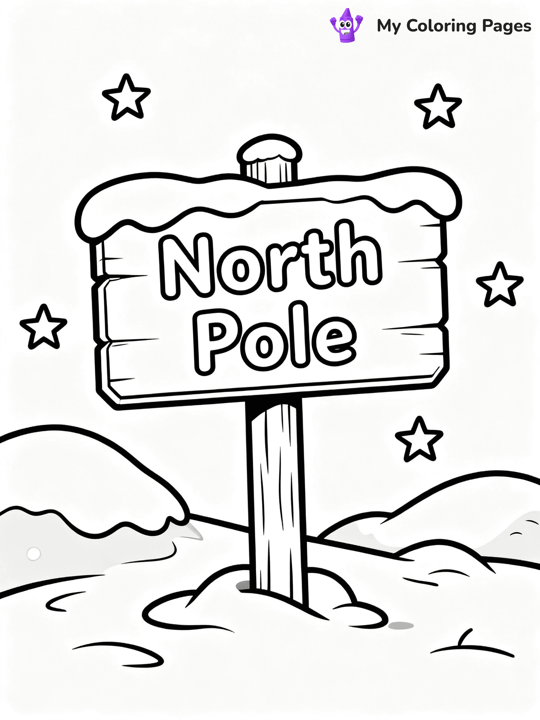 ⚠️ CRITICAL REQUIREMENT - ABSOLUTE BLACK AND WHITE ONLY ⚠️
This MUST be a BLACK AND WHITE line drawing ONLY. NO COLORS whatsoever.
- ONLY pure black lines (#000000) on pure white background (#FFFFFF)
- ABSOLUTELY NO colors, NO shading, NO gradients, NO grayscale
- If there are ANY colors in the output, the image is REJECTED
- This is a COLORING PAGE - meant to be COLORED IN by children
- The output must be UNCOLORED line art ready for coloring
⚠️ SUBJECT TO DRAW: A North Pole sign surrounded by snowdrifts and stars, in Christmas-themed style. PURE OUTLINES. NO FILLS, COLOR, SHADING, OR GREYSCALE. WHITE BACKGROUND.
(REMEMBER: Output must be BLACK AND WHITE line art only, NOT colored!)
# Flat, Friendly Cartoon Line-Art Coloring Page
You are generating a **pure black-and-white binary image** of a child-friendly cartoon scene combining characters and background scenery in one cohesive composition.
## Rendering Rules (Strict)
- Only two colors: pure black (#000000) outlines and pure white (#FFFFFF) background.
- No grayscale, shading, gradients, tints, fills, transparency, or partial pixels.
- No antialiasing or blended edges; every pixel is 100% black or white.
- No solid black fills inside shapes — all areas inside outlines must remain white.
- No dark clothing areas or filled tone blocks; all garments outlined only.
- No shadows, textures, lighting, or tonal variations.
- Must look like flat binary vector line-art for coloring pages.
## Drawing & Composition
- **Medium, consistent line weight**; clean closed outlines easy to color inside.
- **Flat, simple, child-friendly design** — no realism or 3D depth.
- Characters are **grounded on a surface**, centered and large.
- **Balanced composition** with clear silhouettes and minimal props.
## Scenery & Style
- Landmarks (e.g., mosque, CN Tower) and scenery (trees, benches, waves) drawn with **black outlines only.**
- For real-world figures, teams, or places, show accurate details using only black outlines—no text or logos. Use distinctive uniform patterns, abstract symbols, and landmark silhouettes to convey identity.
- Keep **consistent perspective**; no floating elements.
- **Style:** whimsical **Doodle Art Alley** — rounded, friendly outlines.
- May adapt shapes from **Crayola, Disney, Peppa Pig, Cocomelon** — *by shape only, never color.*
- Final output: **flat, crisp, binary (#000000/#FFFFFF)**, **no filled color or background text.**
EXTREMELYE IMPORTANT:
- PURE BINARY LINE-ART; NO FILLS (HAIR/CLOTHES/SKIN), SHADING, OR GREY.
- NO SHADING, COLOR. MUST BE WHITE BACKGROUND.
⚠️ FINAL REMINDER: Draw the subject "A North Pole sign surrounded by snowdrifts and stars, in Christmas-themed style. PURE OUTLINES. NO FILLS, COLOR, SHADING, OR GREYSCALE. WHITE BACKGROUND." as BLACK AND WHITE line art. Zero colors in output.