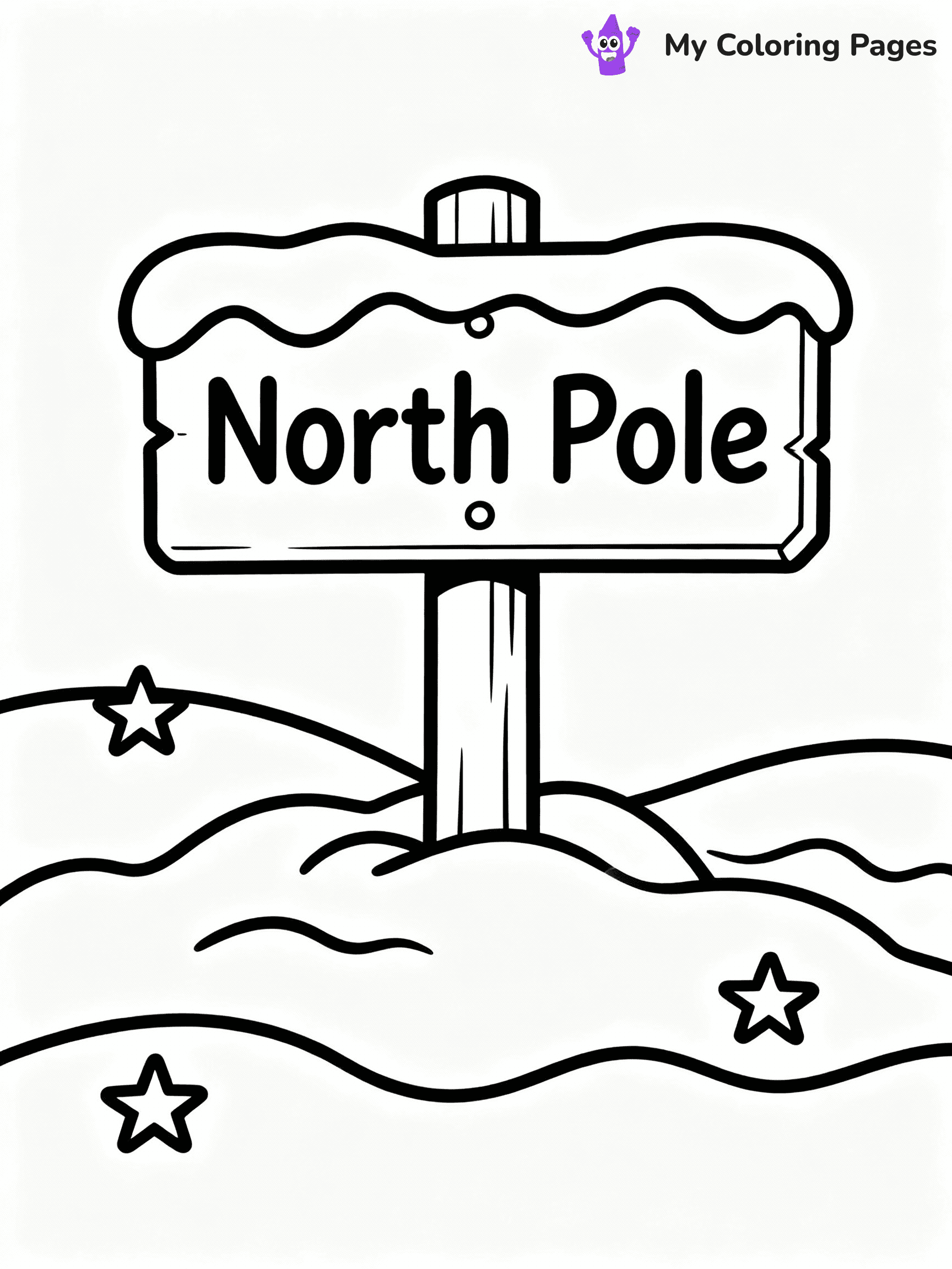 ⚠️ CRITICAL REQUIREMENT - ABSOLUTE BLACK AND WHITE ONLY ⚠️
This MUST be a BLACK AND WHITE line drawing ONLY. NO COLORS whatsoever.
- ONLY pure black lines (#000000) on pure white background (#FFFFFF)
- ABSOLUTELY NO colors, NO shading, NO gradients, NO grayscale
- If there are ANY colors in the output, the image is REJECTED
- This is a COLORING PAGE - meant to be COLORED IN by children
- The output must be UNCOLORED line art ready for coloring
⚠️ SUBJECT TO DRAW: A North Pole sign surrounded by snowdrifts and stars, in Christmas-themed style. PURE OUTLINES. NO FILLS, COLOR, SHADING, OR GREYSCALE. WHITE BACKGROUND.
(REMEMBER: Output must be BLACK AND WHITE line art only, NOT colored!)
# Flat, Friendly Cartoon Line-Art Coloring Page
You are generating a **pure black-and-white binary image** of a child-friendly cartoon scene combining characters and background scenery in one cohesive composition.
## Rendering Rules (Strict)
- Only two colors: pure black (#000000) outlines and pure white (#FFFFFF) background.
- No grayscale, shading, gradients, tints, fills, transparency, or partial pixels.
- No antialiasing or blended edges; every pixel is 100% black or white.
- No solid black fills inside shapes — all areas inside outlines must remain white.
- No dark clothing areas or filled tone blocks; all garments outlined only.
- No shadows, textures, lighting, or tonal variations.
- Must look like flat binary vector line-art for coloring pages.
## Drawing & Composition
- **Medium, consistent line weight**; clean closed outlines easy to color inside.
- **Flat, simple, child-friendly design** — no realism or 3D depth.
- Characters are **grounded on a surface**, centered and large.
- **Balanced composition** with clear silhouettes and minimal props.
## Scenery & Style
- Landmarks (e.g., mosque, CN Tower) and scenery (trees, benches, waves) drawn with **black outlines only.**
- For real-world figures, teams, or places, show accurate details using only black outlines—no text or logos. Use distinctive uniform patterns, abstract symbols, and landmark silhouettes to convey identity.
- Keep **consistent perspective**; no floating elements.
- **Style:** whimsical **Doodle Art Alley** — rounded, friendly outlines.
- May adapt shapes from **Crayola, Disney, Peppa Pig, Cocomelon** — *by shape only, never color.*
- Final output: **flat, crisp, binary (#000000/#FFFFFF)**, **no filled color or background text.**
EXTREMELYE IMPORTANT:
- PURE BINARY LINE-ART; NO FILLS (HAIR/CLOTHES/SKIN), SHADING, OR GREY.
- NO SHADING, COLOR. MUST BE WHITE BACKGROUND.
⚠️ FINAL REMINDER: Draw the subject "A North Pole sign surrounded by snowdrifts and stars, in Christmas-themed style. PURE OUTLINES. NO FILLS, COLOR, SHADING, OR GREYSCALE. WHITE BACKGROUND." as BLACK AND WHITE line art. Zero colors in output.