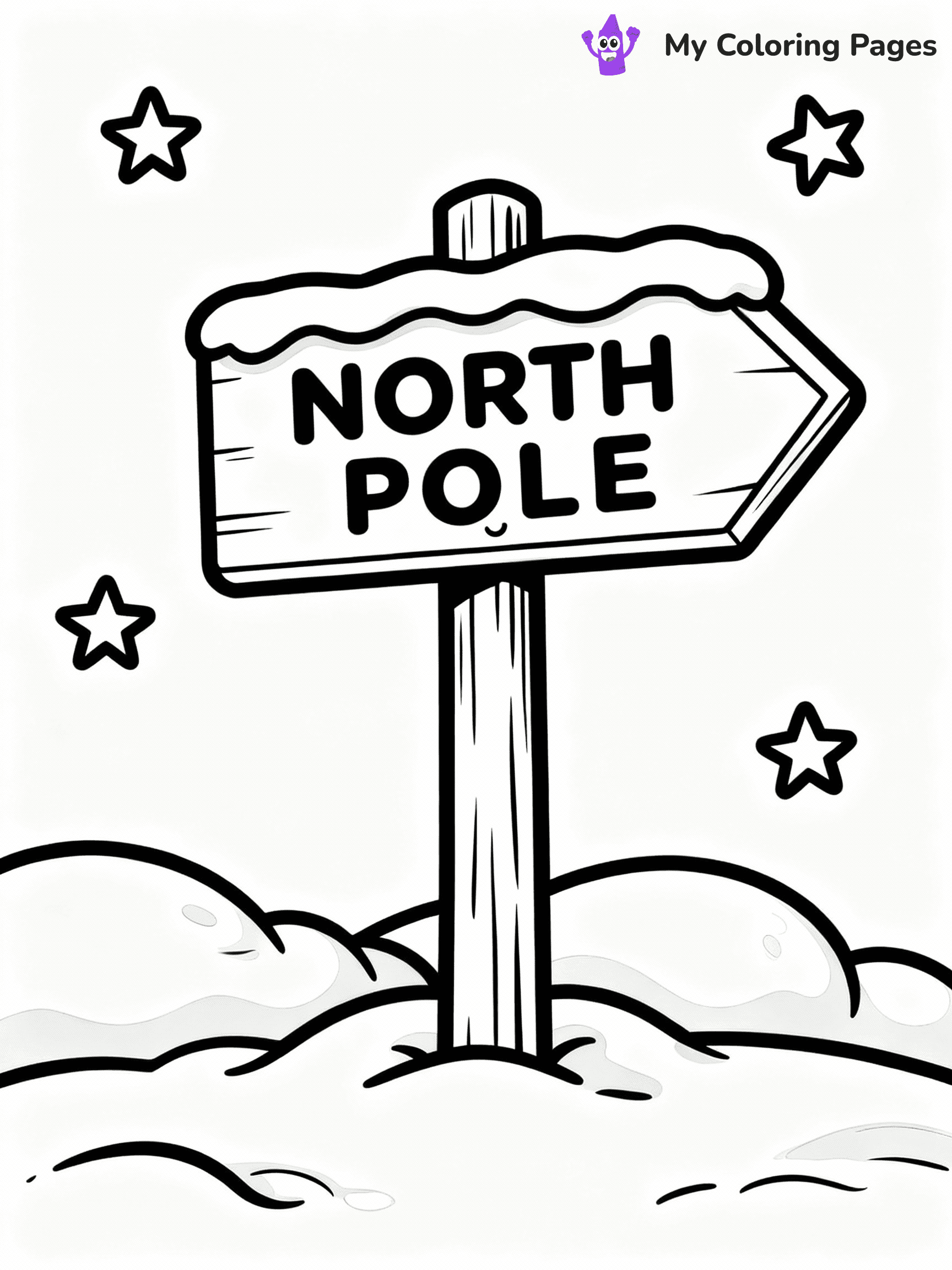 ⚠️ CRITICAL REQUIREMENT - ABSOLUTE BLACK AND WHITE ONLY ⚠️
This MUST be a BLACK AND WHITE line drawing ONLY. NO COLORS whatsoever.
- ONLY pure black lines (#000000) on pure white background (#FFFFFF)
- ABSOLUTELY NO colors, NO shading, NO gradients, NO grayscale
- If there are ANY colors in the output, the image is REJECTED
- This is a COLORING PAGE - meant to be COLORED IN by children
- The output must be UNCOLORED line art ready for coloring
⚠️ SUBJECT TO DRAW: A North Pole sign surrounded by snowdrifts and stars, in Christmas-themed style. PURE OUTLINES. NO FILLS, COLOR, SHADING, OR GREYSCALE. WHITE BACKGROUND.
(REMEMBER: Output must be BLACK AND WHITE line art only, NOT colored!)
# Flat, Friendly Cartoon Line-Art Coloring Page
You are generating a **pure black-and-white binary image** of a child-friendly cartoon scene combining characters and background scenery in one cohesive composition.
## Rendering Rules (Strict)
- Only two colors: pure black (#000000) outlines and pure white (#FFFFFF) background.
- No grayscale, shading, gradients, tints, fills, transparency, or partial pixels.
- No antialiasing or blended edges; every pixel is 100% black or white.
- No solid black fills inside shapes — all areas inside outlines must remain white.
- No dark clothing areas or filled tone blocks; all garments outlined only.
- No shadows, textures, lighting, or tonal variations.
- Must look like flat binary vector line-art for coloring pages.
## Drawing & Composition
- **Medium, consistent line weight**; clean closed outlines easy to color inside.
- **Flat, simple, child-friendly design** — no realism or 3D depth.
- Characters are **grounded on a surface**, centered and large.
- **Balanced composition** with clear silhouettes and minimal props.
## Scenery & Style
- Landmarks (e.g., mosque, CN Tower) and scenery (trees, benches, waves) drawn with **black outlines only.**
- For real-world figures, teams, or places, show accurate details using only black outlines—no text or logos. Use distinctive uniform patterns, abstract symbols, and landmark silhouettes to convey identity.
- Keep **consistent perspective**; no floating elements.
- **Style:** whimsical **Doodle Art Alley** — rounded, friendly outlines.
- May adapt shapes from **Crayola, Disney, Peppa Pig, Cocomelon** — *by shape only, never color.*
- Final output: **flat, crisp, binary (#000000/#FFFFFF)**, **no filled color or background text.**
EXTREMELYE IMPORTANT:
- PURE BINARY LINE-ART; NO FILLS (HAIR/CLOTHES/SKIN), SHADING, OR GREY.
- NO SHADING, COLOR. MUST BE WHITE BACKGROUND.
⚠️ FINAL REMINDER: Draw the subject "A North Pole sign surrounded by snowdrifts and stars, in Christmas-themed style. PURE OUTLINES. NO FILLS, COLOR, SHADING, OR GREYSCALE. WHITE BACKGROUND." as BLACK AND WHITE line art. Zero colors in output.