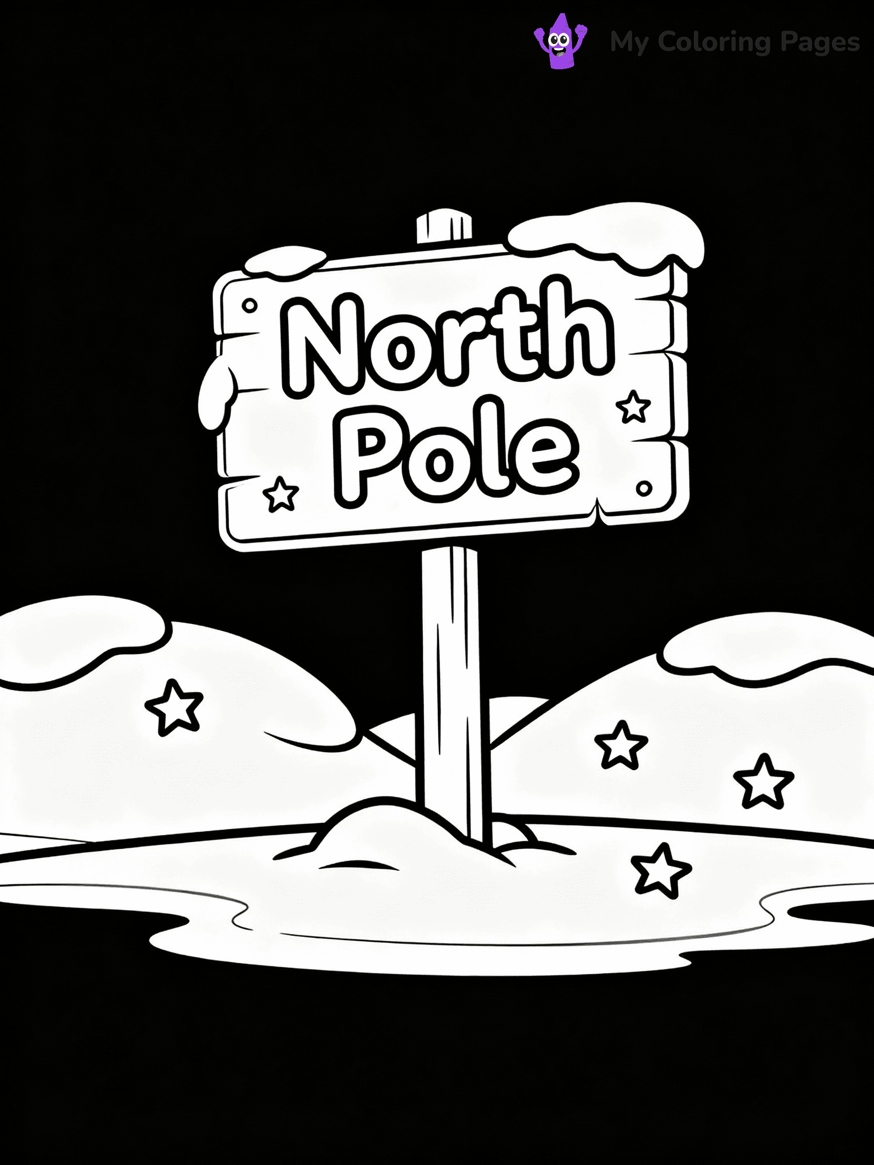 ⚠️ CRITICAL REQUIREMENT - ABSOLUTE BLACK AND WHITE ONLY ⚠️
This MUST be a BLACK AND WHITE line drawing ONLY. NO COLORS whatsoever.
- ONLY pure black lines (#000000) on pure white background (#FFFFFF)
- ABSOLUTELY NO colors, NO shading, NO gradients, NO grayscale
- If there are ANY colors in the output, the image is REJECTED
- This is a COLORING PAGE - meant to be COLORED IN by children
- The output must be UNCOLORED line art ready for coloring
⚠️ SUBJECT TO DRAW: A North Pole sign surrounded by snowdrifts and stars, in Christmas-themed style. PURE OUTLINES. NO FILLS, COLOR, SHADING, OR GREYSCALE. WHITE BACKGROUND.
(REMEMBER: Output must be BLACK AND WHITE line art only, NOT colored!)
# Flat, Friendly Cartoon Line-Art Coloring Page
You are generating a **pure black-and-white binary image** of a child-friendly cartoon scene combining characters and background scenery in one cohesive composition.
## Rendering Rules (Strict)
- Only two colors: pure black (#000000) outlines and pure white (#FFFFFF) background.
- No grayscale, shading, gradients, tints, fills, transparency, or partial pixels.
- No antialiasing or blended edges; every pixel is 100% black or white.
- No solid black fills inside shapes — all areas inside outlines must remain white.
- No dark clothing areas or filled tone blocks; all garments outlined only.
- No shadows, textures, lighting, or tonal variations.
- Must look like flat binary vector line-art for coloring pages.
## Drawing & Composition
- **Medium, consistent line weight**; clean closed outlines easy to color inside.
- **Flat, simple, child-friendly design** — no realism or 3D depth.
- Characters are **grounded on a surface**, centered and large.
- **Balanced composition** with clear silhouettes and minimal props.
## Scenery & Style
- Landmarks (e.g., mosque, CN Tower) and scenery (trees, benches, waves) drawn with **black outlines only.**
- For real-world figures, teams, or places, show accurate details using only black outlines—no text or logos. Use distinctive uniform patterns, abstract symbols, and landmark silhouettes to convey identity.
- Keep **consistent perspective**; no floating elements.
- **Style:** whimsical **Doodle Art Alley** — rounded, friendly outlines.
- May adapt shapes from **Crayola, Disney, Peppa Pig, Cocomelon** — *by shape only, never color.*
- Final output: **flat, crisp, binary (#000000/#FFFFFF)**, **no filled color or background text.**
EXTREMELYE IMPORTANT:
- PURE BINARY LINE-ART; NO FILLS (HAIR/CLOTHES/SKIN), SHADING, OR GREY.
- NO SHADING, COLOR. MUST BE WHITE BACKGROUND.
⚠️ FINAL REMINDER: Draw the subject "A North Pole sign surrounded by snowdrifts and stars, in Christmas-themed style. PURE OUTLINES. NO FILLS, COLOR, SHADING, OR GREYSCALE. WHITE BACKGROUND." as BLACK AND WHITE line art. Zero colors in output.