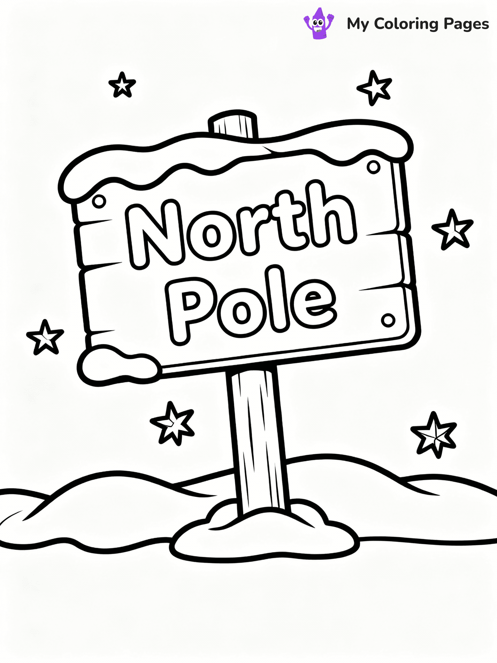 ⚠️ CRITICAL REQUIREMENT - ABSOLUTE BLACK AND WHITE ONLY ⚠️
This MUST be a BLACK AND WHITE line drawing ONLY. NO COLORS whatsoever.
- ONLY pure black lines (#000000) on pure white background (#FFFFFF)
- ABSOLUTELY NO colors, NO shading, NO gradients, NO grayscale
- If there are ANY colors in the output, the image is REJECTED
- This is a COLORING PAGE - meant to be COLORED IN by children
- The output must be UNCOLORED line art ready for coloring
⚠️ SUBJECT TO DRAW: A North Pole sign surrounded by snowdrifts and stars, in Christmas-themed style. PURE OUTLINES. NO FILLS, COLOR, SHADING, OR GREYSCALE. WHITE BACKGROUND.
(REMEMBER: Output must be BLACK AND WHITE line art only, NOT colored!)
# Flat, Friendly Cartoon Line-Art Coloring Page
You are generating a **pure black-and-white binary image** of a child-friendly cartoon scene combining characters and background scenery in one cohesive composition.
## Rendering Rules (Strict)
- Only two colors: pure black (#000000) outlines and pure white (#FFFFFF) background.
- No grayscale, shading, gradients, tints, fills, transparency, or partial pixels.
- No antialiasing or blended edges; every pixel is 100% black or white.
- No solid black fills inside shapes — all areas inside outlines must remain white.
- No dark clothing areas or filled tone blocks; all garments outlined only.
- No shadows, textures, lighting, or tonal variations.
- Must look like flat binary vector line-art for coloring pages.
## Drawing & Composition
- **Medium, consistent line weight**; clean closed outlines easy to color inside.
- **Flat, simple, child-friendly design** — no realism or 3D depth.
- Characters are **grounded on a surface**, centered and large.
- **Balanced composition** with clear silhouettes and minimal props.
## Scenery & Style
- Landmarks (e.g., mosque, CN Tower) and scenery (trees, benches, waves) drawn with **black outlines only.**
- For real-world figures, teams, or places, show accurate details using only black outlines—no text or logos. Use distinctive uniform patterns, abstract symbols, and landmark silhouettes to convey identity.
- Keep **consistent perspective**; no floating elements.
- **Style:** whimsical **Doodle Art Alley** — rounded, friendly outlines.
- May adapt shapes from **Crayola, Disney, Peppa Pig, Cocomelon** — *by shape only, never color.*
- Final output: **flat, crisp, binary (#000000/#FFFFFF)**, **no filled color or background text.**
EXTREMELYE IMPORTANT:
- PURE BINARY LINE-ART; NO FILLS (HAIR/CLOTHES/SKIN), SHADING, OR GREY.
- NO SHADING, COLOR. MUST BE WHITE BACKGROUND.
⚠️ FINAL REMINDER: Draw the subject "A North Pole sign surrounded by snowdrifts and stars, in Christmas-themed style. PURE OUTLINES. NO FILLS, COLOR, SHADING, OR GREYSCALE. WHITE BACKGROUND." as BLACK AND WHITE line art. Zero colors in output.