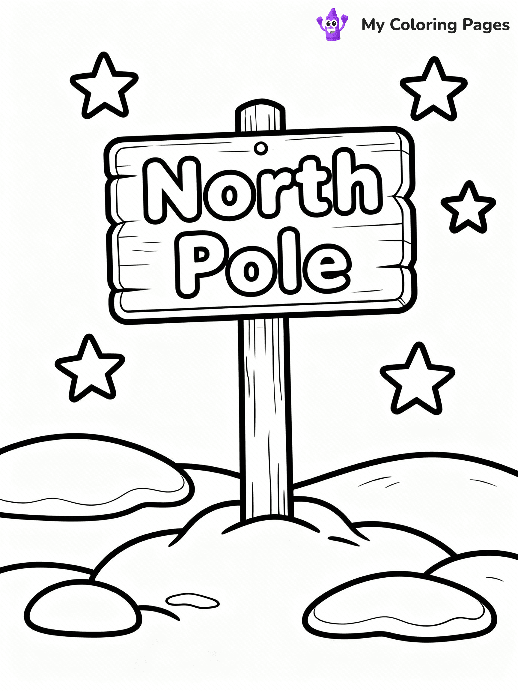 ⚠️ CRITICAL REQUIREMENT - ABSOLUTE BLACK AND WHITE ONLY ⚠️
This MUST be a BLACK AND WHITE line drawing ONLY. NO COLORS whatsoever.
- ONLY pure black lines (#000000) on pure white background (#FFFFFF)
- ABSOLUTELY NO colors, NO shading, NO gradients, NO grayscale
- If there are ANY colors in the output, the image is REJECTED
- This is a COLORING PAGE - meant to be COLORED IN by children
- The output must be UNCOLORED line art ready for coloring
⚠️ SUBJECT TO DRAW: A North Pole sign surrounded by snowdrifts and stars, in Christmas-themed style. PURE OUTLINES. NO FILLS, COLOR, SHADING, OR GREYSCALE. WHITE BACKGROUND.
(REMEMBER: Output must be BLACK AND WHITE line art only, NOT colored!)
# Flat, Friendly Cartoon Line-Art Coloring Page
You are generating a **pure black-and-white binary image** of a child-friendly cartoon scene combining characters and background scenery in one cohesive composition.
## Rendering Rules (Strict)
- Only two colors: pure black (#000000) outlines and pure white (#FFFFFF) background.
- No grayscale, shading, gradients, tints, fills, transparency, or partial pixels.
- No antialiasing or blended edges; every pixel is 100% black or white.
- No solid black fills inside shapes — all areas inside outlines must remain white.
- No dark clothing areas or filled tone blocks; all garments outlined only.
- No shadows, textures, lighting, or tonal variations.
- Must look like flat binary vector line-art for coloring pages.
## Drawing & Composition
- **Medium, consistent line weight**; clean closed outlines easy to color inside.
- **Flat, simple, child-friendly design** — no realism or 3D depth.
- Characters are **grounded on a surface**, centered and large.
- **Balanced composition** with clear silhouettes and minimal props.
## Scenery & Style
- Landmarks (e.g., mosque, CN Tower) and scenery (trees, benches, waves) drawn with **black outlines only.**
- For real-world figures, teams, or places, show accurate details using only black outlines—no text or logos. Use distinctive uniform patterns, abstract symbols, and landmark silhouettes to convey identity.
- Keep **consistent perspective**; no floating elements.
- **Style:** whimsical **Doodle Art Alley** — rounded, friendly outlines.
- May adapt shapes from **Crayola, Disney, Peppa Pig, Cocomelon** — *by shape only, never color.*
- Final output: **flat, crisp, binary (#000000/#FFFFFF)**, **no filled color or background text.**
EXTREMELYE IMPORTANT:
- PURE BINARY LINE-ART; NO FILLS (HAIR/CLOTHES/SKIN), SHADING, OR GREY.
- NO SHADING, COLOR. MUST BE WHITE BACKGROUND.
⚠️ FINAL REMINDER: Draw the subject "A North Pole sign surrounded by snowdrifts and stars, in Christmas-themed style. PURE OUTLINES. NO FILLS, COLOR, SHADING, OR GREYSCALE. WHITE BACKGROUND." as BLACK AND WHITE line art. Zero colors in output.