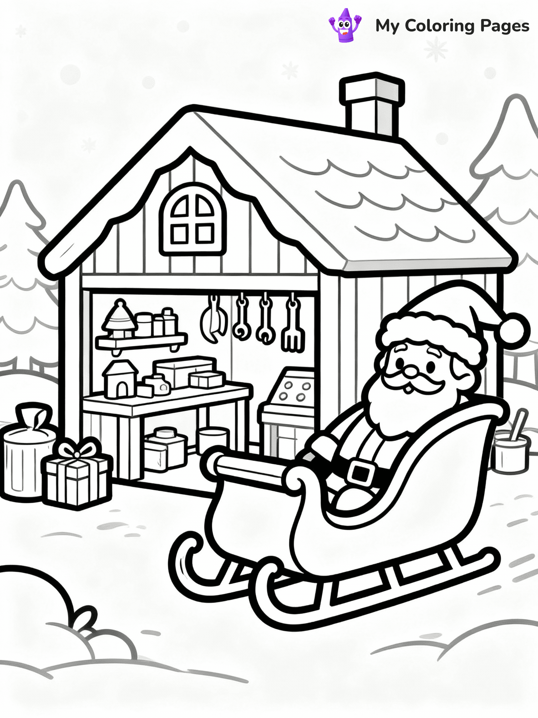 ⚠️ CRITICAL REQUIREMENT - ABSOLUTE BLACK AND WHITE ONLY ⚠️
This MUST be a BLACK AND WHITE line drawing ONLY. NO COLORS whatsoever.
- ONLY pure black lines (#000000) on pure white background (#FFFFFF)
- ABSOLUTELY NO colors, NO shading, NO gradients, NO grayscale
- If there are ANY colors in the output, the image is REJECTED
- This is a COLORING PAGE - meant to be COLORED IN by children
- The output must be UNCOLORED line art ready for coloring
⚠️ SUBJECT TO DRAW: Santa’s sleigh parked beside a toy workshop barn, in Christmas-themed style. PURE OUTLINES. NO FILLS, COLOR, SHADING, OR GREYSCALE. WHITE BACKGROUND.
(REMEMBER: Output must be BLACK AND WHITE line art only, NOT colored!)
# Flat, Friendly Cartoon Line-Art Coloring Page
You are generating a **pure black-and-white binary image** of a child-friendly cartoon scene combining characters and background scenery in one cohesive composition.
## Rendering Rules (Strict)
- Only two colors: pure black (#000000) outlines and pure white (#FFFFFF) background.
- No grayscale, shading, gradients, tints, fills, transparency, or partial pixels.
- No antialiasing or blended edges; every pixel is 100% black or white.
- No solid black fills inside shapes — all areas inside outlines must remain white.
- No dark clothing areas or filled tone blocks; all garments outlined only.
- No shadows, textures, lighting, or tonal variations.
- Must look like flat binary vector line-art for coloring pages.
## Drawing & Composition
- **Medium, consistent line weight**; clean closed outlines easy to color inside.
- **Flat, simple, child-friendly design** — no realism or 3D depth.
- Characters are **grounded on a surface**, centered and large.
- **Balanced composition** with clear silhouettes and minimal props.
## Scenery & Style
- Landmarks (e.g., mosque, CN Tower) and scenery (trees, benches, waves) drawn with **black outlines only.**
- For real-world figures, teams, or places, show accurate details using only black outlines—no text or logos. Use distinctive uniform patterns, abstract symbols, and landmark silhouettes to convey identity.
- Keep **consistent perspective**; no floating elements.
- **Style:** whimsical **Doodle Art Alley** — rounded, friendly outlines.
- May adapt shapes from **Crayola, Disney, Peppa Pig, Cocomelon** — *by shape only, never color.*
- Final output: **flat, crisp, binary (#000000/#FFFFFF)**, **no filled color or background text.**
EXTREMELYE IMPORTANT:
- PURE BINARY LINE-ART; NO FILLS (HAIR/CLOTHES/SKIN), SHADING, OR GREY.
- NO SHADING, COLOR. MUST BE WHITE BACKGROUND.
⚠️ FINAL REMINDER: Draw the subject "Santa’s sleigh parked beside a toy workshop barn, in Christmas-themed style. PURE OUTLINES. NO FILLS, COLOR, SHADING, OR GREYSCALE. WHITE BACKGROUND." as BLACK AND WHITE line art. Zero colors in output.