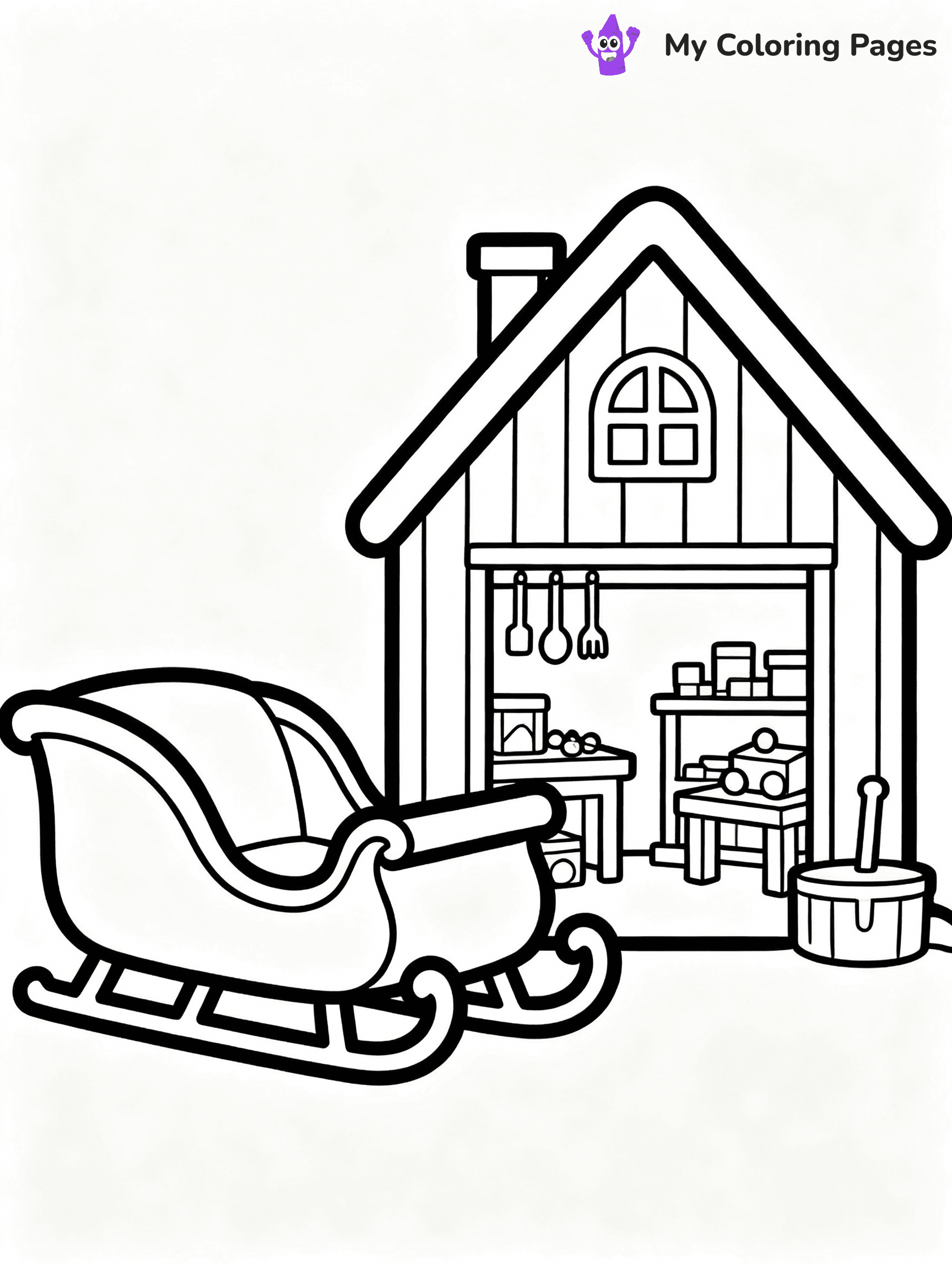 ⚠️ CRITICAL REQUIREMENT - ABSOLUTE BLACK AND WHITE ONLY ⚠️
This MUST be a BLACK AND WHITE line drawing ONLY. NO COLORS whatsoever.
- ONLY pure black lines (#000000) on pure white background (#FFFFFF)
- ABSOLUTELY NO colors, NO shading, NO gradients, NO grayscale
- If there are ANY colors in the output, the image is REJECTED
- This is a COLORING PAGE - meant to be COLORED IN by children
- The output must be UNCOLORED line art ready for coloring
⚠️ SUBJECT TO DRAW: Santa’s sleigh parked beside a toy workshop barn, in Christmas-themed style. PURE OUTLINES. NO FILLS, COLOR, SHADING, OR GREYSCALE. WHITE BACKGROUND.
(REMEMBER: Output must be BLACK AND WHITE line art only, NOT colored!)
# Flat, Friendly Cartoon Line-Art Coloring Page
You are generating a **pure black-and-white binary image** of a child-friendly cartoon scene combining characters and background scenery in one cohesive composition.
## Rendering Rules (Strict)
- Only two colors: pure black (#000000) outlines and pure white (#FFFFFF) background.
- No grayscale, shading, gradients, tints, fills, transparency, or partial pixels.
- No antialiasing or blended edges; every pixel is 100% black or white.
- No solid black fills inside shapes — all areas inside outlines must remain white.
- No dark clothing areas or filled tone blocks; all garments outlined only.
- No shadows, textures, lighting, or tonal variations.
- Must look like flat binary vector line-art for coloring pages.
## Drawing & Composition
- **Medium, consistent line weight**; clean closed outlines easy to color inside.
- **Flat, simple, child-friendly design** — no realism or 3D depth.
- Characters are **grounded on a surface**, centered and large.
- **Balanced composition** with clear silhouettes and minimal props.
## Scenery & Style
- Landmarks (e.g., mosque, CN Tower) and scenery (trees, benches, waves) drawn with **black outlines only.**
- For real-world figures, teams, or places, show accurate details using only black outlines—no text or logos. Use distinctive uniform patterns, abstract symbols, and landmark silhouettes to convey identity.
- Keep **consistent perspective**; no floating elements.
- **Style:** whimsical **Doodle Art Alley** — rounded, friendly outlines.
- May adapt shapes from **Crayola, Disney, Peppa Pig, Cocomelon** — *by shape only, never color.*
- Final output: **flat, crisp, binary (#000000/#FFFFFF)**, **no filled color or background text.**
EXTREMELYE IMPORTANT:
- PURE BINARY LINE-ART; NO FILLS (HAIR/CLOTHES/SKIN), SHADING, OR GREY.
- NO SHADING, COLOR. MUST BE WHITE BACKGROUND.
⚠️ FINAL REMINDER: Draw the subject "Santa’s sleigh parked beside a toy workshop barn, in Christmas-themed style. PURE OUTLINES. NO FILLS, COLOR, SHADING, OR GREYSCALE. WHITE BACKGROUND." as BLACK AND WHITE line art. Zero colors in output.