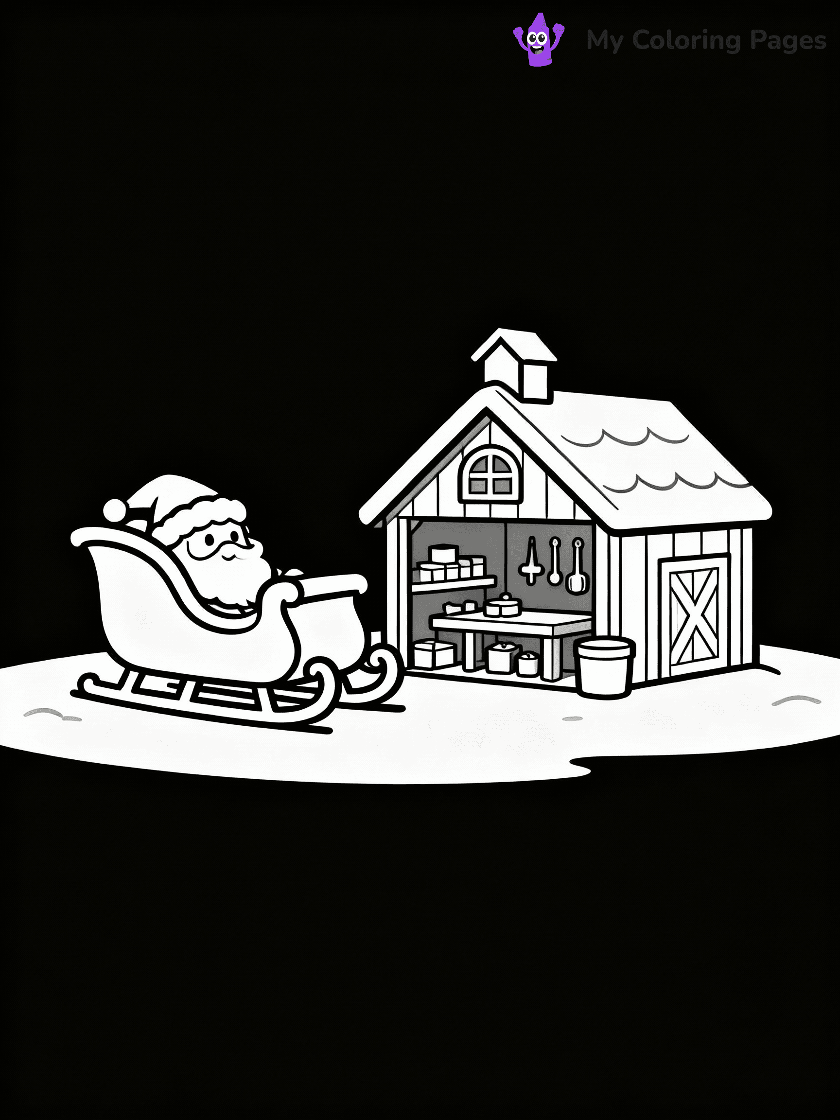 ⚠️ CRITICAL REQUIREMENT - ABSOLUTE BLACK AND WHITE ONLY ⚠️
This MUST be a BLACK AND WHITE line drawing ONLY. NO COLORS whatsoever.
- ONLY pure black lines (#000000) on pure white background (#FFFFFF)
- ABSOLUTELY NO colors, NO shading, NO gradients, NO grayscale
- If there are ANY colors in the output, the image is REJECTED
- This is a COLORING PAGE - meant to be COLORED IN by children
- The output must be UNCOLORED line art ready for coloring
⚠️ SUBJECT TO DRAW: Santa’s sleigh parked beside a toy workshop barn, in Christmas-themed style. PURE OUTLINES. NO FILLS, COLOR, SHADING, OR GREYSCALE. WHITE BACKGROUND.
(REMEMBER: Output must be BLACK AND WHITE line art only, NOT colored!)
# Flat, Friendly Cartoon Line-Art Coloring Page
You are generating a **pure black-and-white binary image** of a child-friendly cartoon scene combining characters and background scenery in one cohesive composition.
## Rendering Rules (Strict)
- Only two colors: pure black (#000000) outlines and pure white (#FFFFFF) background.
- No grayscale, shading, gradients, tints, fills, transparency, or partial pixels.
- No antialiasing or blended edges; every pixel is 100% black or white.
- No solid black fills inside shapes — all areas inside outlines must remain white.
- No dark clothing areas or filled tone blocks; all garments outlined only.
- No shadows, textures, lighting, or tonal variations.
- Must look like flat binary vector line-art for coloring pages.
## Drawing & Composition
- **Medium, consistent line weight**; clean closed outlines easy to color inside.
- **Flat, simple, child-friendly design** — no realism or 3D depth.
- Characters are **grounded on a surface**, centered and large.
- **Balanced composition** with clear silhouettes and minimal props.
## Scenery & Style
- Landmarks (e.g., mosque, CN Tower) and scenery (trees, benches, waves) drawn with **black outlines only.**
- For real-world figures, teams, or places, show accurate details using only black outlines—no text or logos. Use distinctive uniform patterns, abstract symbols, and landmark silhouettes to convey identity.
- Keep **consistent perspective**; no floating elements.
- **Style:** whimsical **Doodle Art Alley** — rounded, friendly outlines.
- May adapt shapes from **Crayola, Disney, Peppa Pig, Cocomelon** — *by shape only, never color.*
- Final output: **flat, crisp, binary (#000000/#FFFFFF)**, **no filled color or background text.**
EXTREMELYE IMPORTANT:
- PURE BINARY LINE-ART; NO FILLS (HAIR/CLOTHES/SKIN), SHADING, OR GREY.
- NO SHADING, COLOR. MUST BE WHITE BACKGROUND.
⚠️ FINAL REMINDER: Draw the subject "Santa’s sleigh parked beside a toy workshop barn, in Christmas-themed style. PURE OUTLINES. NO FILLS, COLOR, SHADING, OR GREYSCALE. WHITE BACKGROUND." as BLACK AND WHITE line art. Zero colors in output.