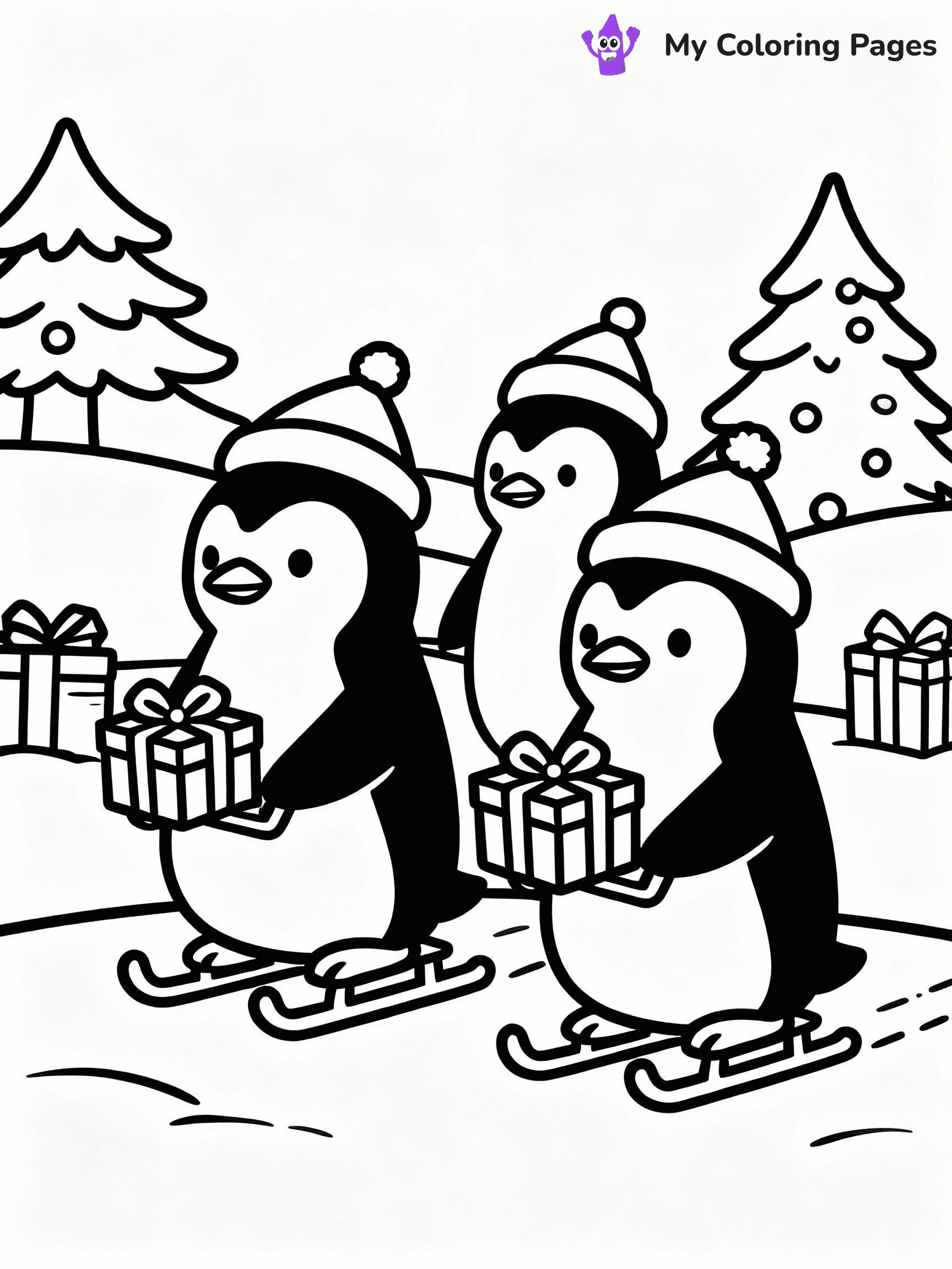 ⚠️ CRITICAL REQUIREMENT - ABSOLUTE BLACK AND WHITE ONLY ⚠️
This MUST be a BLACK AND WHITE line drawing ONLY. NO COLORS whatsoever.
- ONLY pure black lines (#000000) on pure white background (#FFFFFF)
- ABSOLUTELY NO colors, NO shading, NO gradients, NO grayscale
- If there are ANY colors in the output, the image is REJECTED
- This is a COLORING PAGE - meant to be COLORED IN by children
- The output must be UNCOLORED line art ready for coloring
⚠️ SUBJECT TO DRAW: Penguins delivering small gifts with tiny sleds, in Christmas-themed style. PURE OUTLINES. NO FILLS, COLOR, SHADING, OR GREYSCALE. WHITE BACKGROUND.
(REMEMBER: Output must be BLACK AND WHITE line art only, NOT colored!)
# Flat, Friendly Cartoon Line-Art Coloring Page
You are generating a **pure black-and-white binary image** of a child-friendly cartoon scene combining characters and background scenery in one cohesive composition.
## Rendering Rules (Strict)
- Only two colors: pure black (#000000) outlines and pure white (#FFFFFF) background.
- No grayscale, shading, gradients, tints, fills, transparency, or partial pixels.
- No antialiasing or blended edges; every pixel is 100% black or white.
- No solid black fills inside shapes — all areas inside outlines must remain white.
- No dark clothing areas or filled tone blocks; all garments outlined only.
- No shadows, textures, lighting, or tonal variations.
- Must look like flat binary vector line-art for coloring pages.
## Drawing & Composition
- **Medium, consistent line weight**; clean closed outlines easy to color inside.
- **Flat, simple, child-friendly design** — no realism or 3D depth.
- Characters are **grounded on a surface**, centered and large.
- **Balanced composition** with clear silhouettes and minimal props.
## Scenery & Style
- Landmarks (e.g., mosque, CN Tower) and scenery (trees, benches, waves) drawn with **black outlines only.**
- For real-world figures, teams, or places, show accurate details using only black outlines—no text or logos. Use distinctive uniform patterns, abstract symbols, and landmark silhouettes to convey identity.
- Keep **consistent perspective**; no floating elements.
- **Style:** whimsical **Doodle Art Alley** — rounded, friendly outlines.
- May adapt shapes from **Crayola, Disney, Peppa Pig, Cocomelon** — *by shape only, never color.*
- Final output: **flat, crisp, binary (#000000/#FFFFFF)**, **no filled color or background text.**
EXTREMELYE IMPORTANT:
- PURE BINARY LINE-ART; NO FILLS (HAIR/CLOTHES/SKIN), SHADING, OR GREY.
- NO SHADING, COLOR. MUST BE WHITE BACKGROUND.
⚠️ FINAL REMINDER: Draw the subject "Penguins delivering small gifts with tiny sleds, in Christmas-themed style. PURE OUTLINES. NO FILLS, COLOR, SHADING, OR GREYSCALE. WHITE BACKGROUND." as BLACK AND WHITE line art. Zero colors in output.