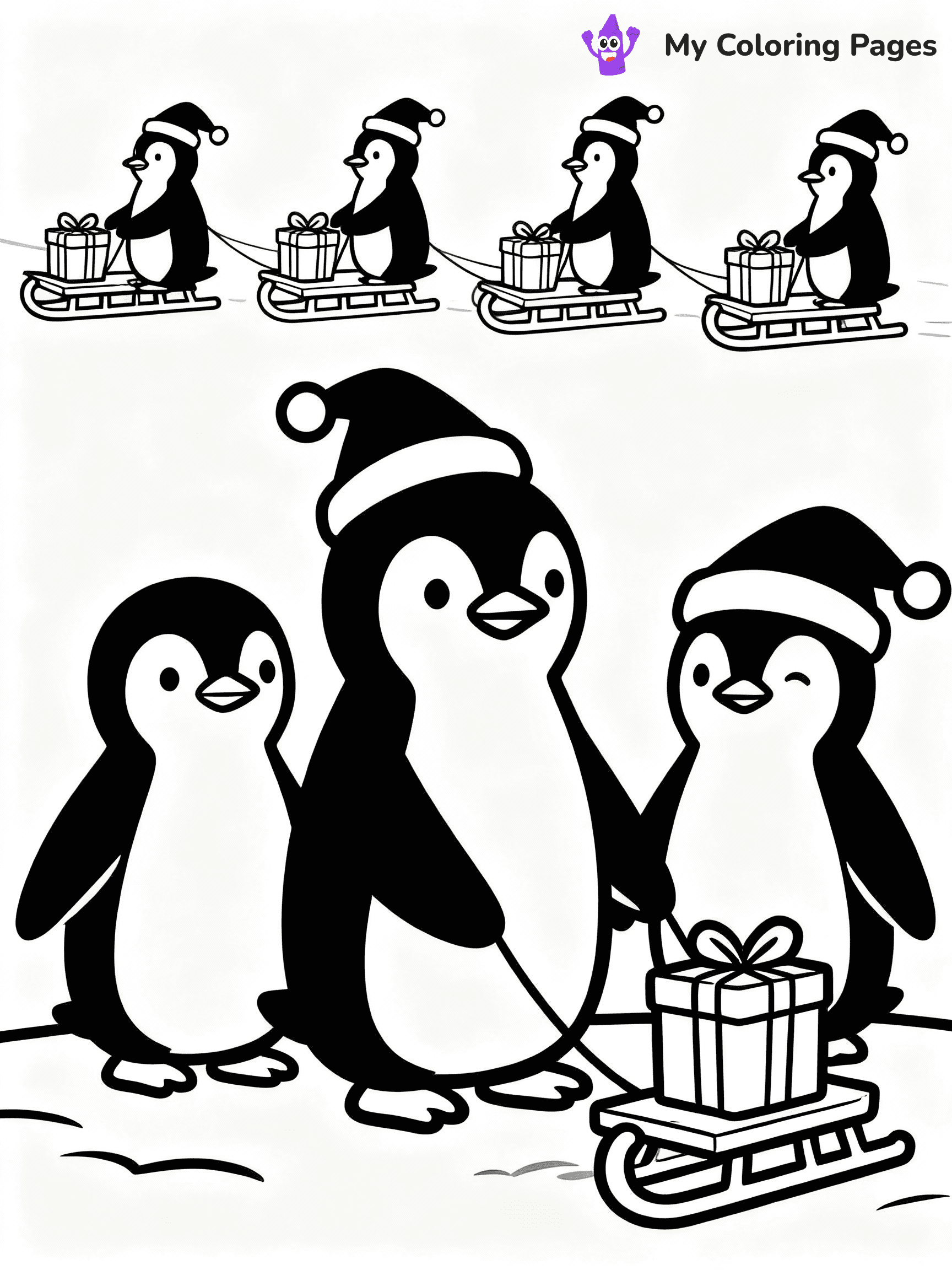 ⚠️ CRITICAL REQUIREMENT - ABSOLUTE BLACK AND WHITE ONLY ⚠️
This MUST be a BLACK AND WHITE line drawing ONLY. NO COLORS whatsoever.
- ONLY pure black lines (#000000) on pure white background (#FFFFFF)
- ABSOLUTELY NO colors, NO shading, NO gradients, NO grayscale
- If there are ANY colors in the output, the image is REJECTED
- This is a COLORING PAGE - meant to be COLORED IN by children
- The output must be UNCOLORED line art ready for coloring
⚠️ SUBJECT TO DRAW: Penguins delivering small gifts with tiny sleds, in Christmas-themed style. PURE OUTLINES. NO FILLS, COLOR, SHADING, OR GREYSCALE. WHITE BACKGROUND.
(REMEMBER: Output must be BLACK AND WHITE line art only, NOT colored!)
# Flat, Friendly Cartoon Line-Art Coloring Page
You are generating a **pure black-and-white binary image** of a child-friendly cartoon scene combining characters and background scenery in one cohesive composition.
## Rendering Rules (Strict)
- Only two colors: pure black (#000000) outlines and pure white (#FFFFFF) background.
- No grayscale, shading, gradients, tints, fills, transparency, or partial pixels.
- No antialiasing or blended edges; every pixel is 100% black or white.
- No solid black fills inside shapes — all areas inside outlines must remain white.
- No dark clothing areas or filled tone blocks; all garments outlined only.
- No shadows, textures, lighting, or tonal variations.
- Must look like flat binary vector line-art for coloring pages.
## Drawing & Composition
- **Medium, consistent line weight**; clean closed outlines easy to color inside.
- **Flat, simple, child-friendly design** — no realism or 3D depth.
- Characters are **grounded on a surface**, centered and large.
- **Balanced composition** with clear silhouettes and minimal props.
## Scenery & Style
- Landmarks (e.g., mosque, CN Tower) and scenery (trees, benches, waves) drawn with **black outlines only.**
- For real-world figures, teams, or places, show accurate details using only black outlines—no text or logos. Use distinctive uniform patterns, abstract symbols, and landmark silhouettes to convey identity.
- Keep **consistent perspective**; no floating elements.
- **Style:** whimsical **Doodle Art Alley** — rounded, friendly outlines.
- May adapt shapes from **Crayola, Disney, Peppa Pig, Cocomelon** — *by shape only, never color.*
- Final output: **flat, crisp, binary (#000000/#FFFFFF)**, **no filled color or background text.**
EXTREMELYE IMPORTANT:
- PURE BINARY LINE-ART; NO FILLS (HAIR/CLOTHES/SKIN), SHADING, OR GREY.
- NO SHADING, COLOR. MUST BE WHITE BACKGROUND.
⚠️ FINAL REMINDER: Draw the subject "Penguins delivering small gifts with tiny sleds, in Christmas-themed style. PURE OUTLINES. NO FILLS, COLOR, SHADING, OR GREYSCALE. WHITE BACKGROUND." as BLACK AND WHITE line art. Zero colors in output.