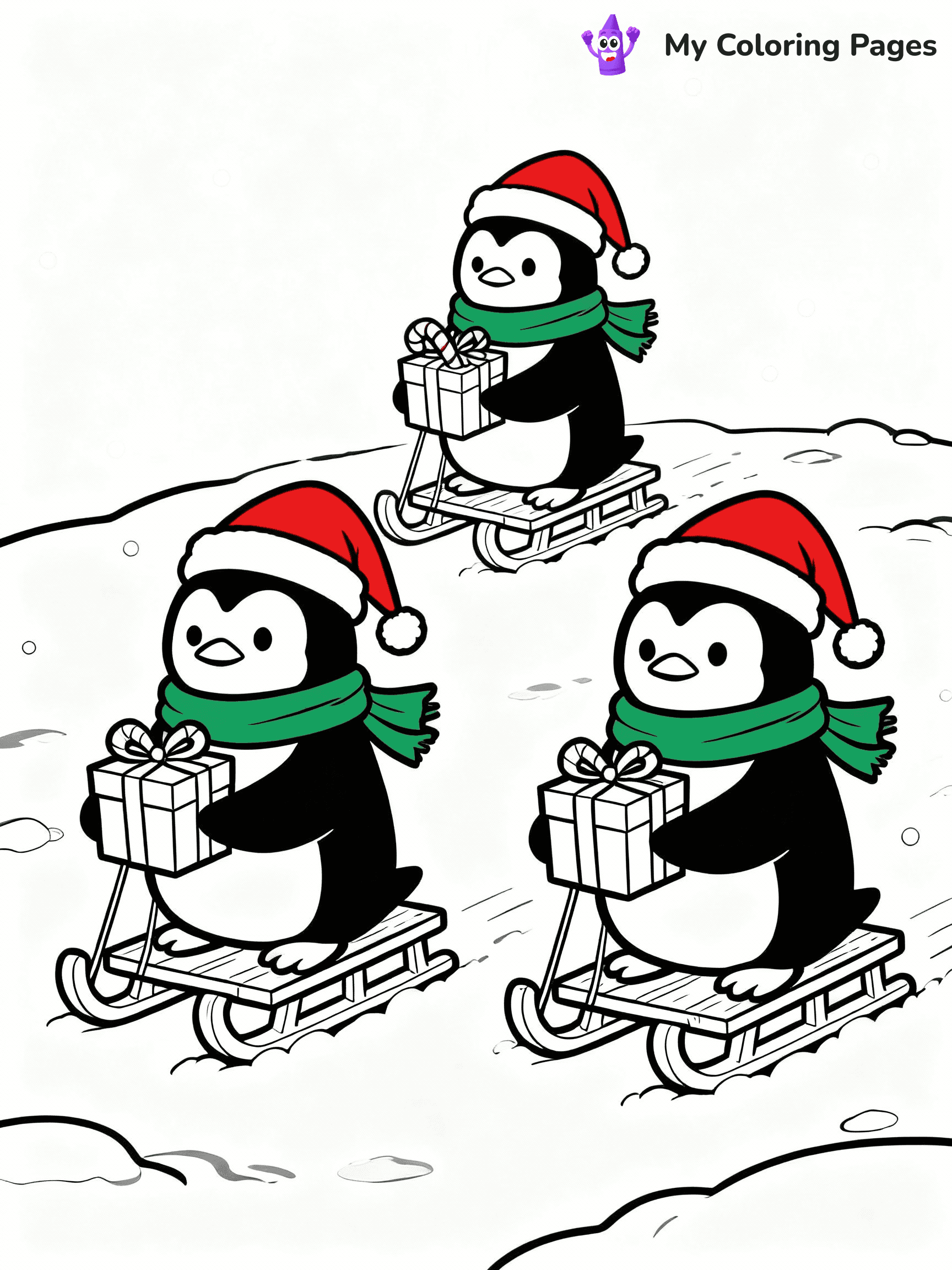 ⚠️ CRITICAL REQUIREMENT - ABSOLUTE BLACK AND WHITE ONLY ⚠️
This MUST be a BLACK AND WHITE line drawing ONLY. NO COLORS whatsoever.
- ONLY pure black lines (#000000) on pure white background (#FFFFFF)
- ABSOLUTELY NO colors, NO shading, NO gradients, NO grayscale
- If there are ANY colors in the output, the image is REJECTED
- This is a COLORING PAGE - meant to be COLORED IN by children
- The output must be UNCOLORED line art ready for coloring
⚠️ SUBJECT TO DRAW: Penguins delivering small gifts with tiny sleds, in Christmas-themed style. PURE OUTLINES. NO FILLS, COLOR, SHADING, OR GREYSCALE. WHITE BACKGROUND.
(REMEMBER: Output must be BLACK AND WHITE line art only, NOT colored!)
# Flat, Friendly Cartoon Line-Art Coloring Page
You are generating a **pure black-and-white binary image** of a child-friendly cartoon scene combining characters and background scenery in one cohesive composition.
## Rendering Rules (Strict)
- Only two colors: pure black (#000000) outlines and pure white (#FFFFFF) background.
- No grayscale, shading, gradients, tints, fills, transparency, or partial pixels.
- No antialiasing or blended edges; every pixel is 100% black or white.
- No solid black fills inside shapes — all areas inside outlines must remain white.
- No dark clothing areas or filled tone blocks; all garments outlined only.
- No shadows, textures, lighting, or tonal variations.
- Must look like flat binary vector line-art for coloring pages.
## Drawing & Composition
- **Medium, consistent line weight**; clean closed outlines easy to color inside.
- **Flat, simple, child-friendly design** — no realism or 3D depth.
- Characters are **grounded on a surface**, centered and large.
- **Balanced composition** with clear silhouettes and minimal props.
## Scenery & Style
- Landmarks (e.g., mosque, CN Tower) and scenery (trees, benches, waves) drawn with **black outlines only.**
- For real-world figures, teams, or places, show accurate details using only black outlines—no text or logos. Use distinctive uniform patterns, abstract symbols, and landmark silhouettes to convey identity.
- Keep **consistent perspective**; no floating elements.
- **Style:** whimsical **Doodle Art Alley** — rounded, friendly outlines.
- May adapt shapes from **Crayola, Disney, Peppa Pig, Cocomelon** — *by shape only, never color.*
- Final output: **flat, crisp, binary (#000000/#FFFFFF)**, **no filled color or background text.**
EXTREMELYE IMPORTANT:
- PURE BINARY LINE-ART; NO FILLS (HAIR/CLOTHES/SKIN), SHADING, OR GREY.
- NO SHADING, COLOR. MUST BE WHITE BACKGROUND.
⚠️ FINAL REMINDER: Draw the subject "Penguins delivering small gifts with tiny sleds, in Christmas-themed style. PURE OUTLINES. NO FILLS, COLOR, SHADING, OR GREYSCALE. WHITE BACKGROUND." as BLACK AND WHITE line art. Zero colors in output.