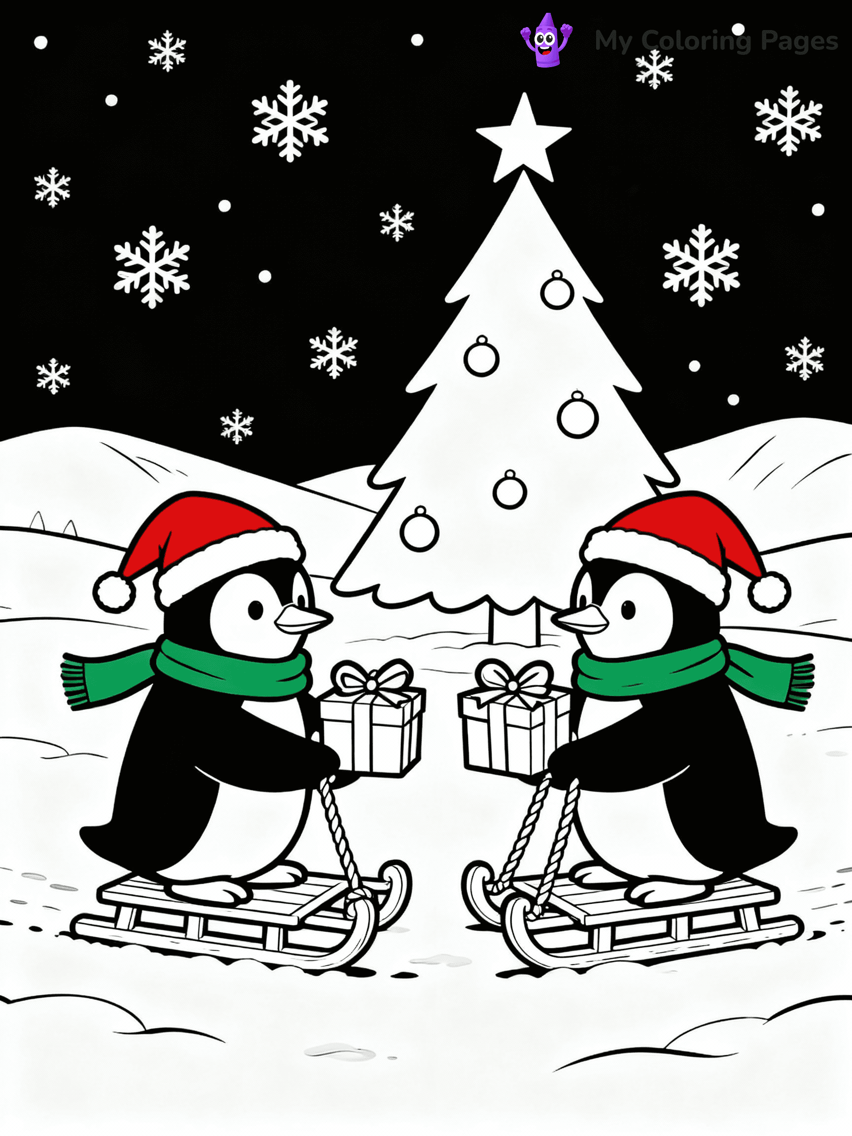 ⚠️ CRITICAL REQUIREMENT - ABSOLUTE BLACK AND WHITE ONLY ⚠️
This MUST be a BLACK AND WHITE line drawing ONLY. NO COLORS whatsoever.
- ONLY pure black lines (#000000) on pure white background (#FFFFFF)
- ABSOLUTELY NO colors, NO shading, NO gradients, NO grayscale
- If there are ANY colors in the output, the image is REJECTED
- This is a COLORING PAGE - meant to be COLORED IN by children
- The output must be UNCOLORED line art ready for coloring
⚠️ SUBJECT TO DRAW: Penguins delivering small gifts with tiny sleds, in Christmas-themed style. PURE OUTLINES. NO FILLS, COLOR, SHADING, OR GREYSCALE. WHITE BACKGROUND.
(REMEMBER: Output must be BLACK AND WHITE line art only, NOT colored!)
# Flat, Friendly Cartoon Line-Art Coloring Page
You are generating a **pure black-and-white binary image** of a child-friendly cartoon scene combining characters and background scenery in one cohesive composition.
## Rendering Rules (Strict)
- Only two colors: pure black (#000000) outlines and pure white (#FFFFFF) background.
- No grayscale, shading, gradients, tints, fills, transparency, or partial pixels.
- No antialiasing or blended edges; every pixel is 100% black or white.
- No solid black fills inside shapes — all areas inside outlines must remain white.
- No dark clothing areas or filled tone blocks; all garments outlined only.
- No shadows, textures, lighting, or tonal variations.
- Must look like flat binary vector line-art for coloring pages.
## Drawing & Composition
- **Medium, consistent line weight**; clean closed outlines easy to color inside.
- **Flat, simple, child-friendly design** — no realism or 3D depth.
- Characters are **grounded on a surface**, centered and large.
- **Balanced composition** with clear silhouettes and minimal props.
## Scenery & Style
- Landmarks (e.g., mosque, CN Tower) and scenery (trees, benches, waves) drawn with **black outlines only.**
- For real-world figures, teams, or places, show accurate details using only black outlines—no text or logos. Use distinctive uniform patterns, abstract symbols, and landmark silhouettes to convey identity.
- Keep **consistent perspective**; no floating elements.
- **Style:** whimsical **Doodle Art Alley** — rounded, friendly outlines.
- May adapt shapes from **Crayola, Disney, Peppa Pig, Cocomelon** — *by shape only, never color.*
- Final output: **flat, crisp, binary (#000000/#FFFFFF)**, **no filled color or background text.**
EXTREMELYE IMPORTANT:
- PURE BINARY LINE-ART; NO FILLS (HAIR/CLOTHES/SKIN), SHADING, OR GREY.
- NO SHADING, COLOR. MUST BE WHITE BACKGROUND.
⚠️ FINAL REMINDER: Draw the subject "Penguins delivering small gifts with tiny sleds, in Christmas-themed style. PURE OUTLINES. NO FILLS, COLOR, SHADING, OR GREYSCALE. WHITE BACKGROUND." as BLACK AND WHITE line art. Zero colors in output.