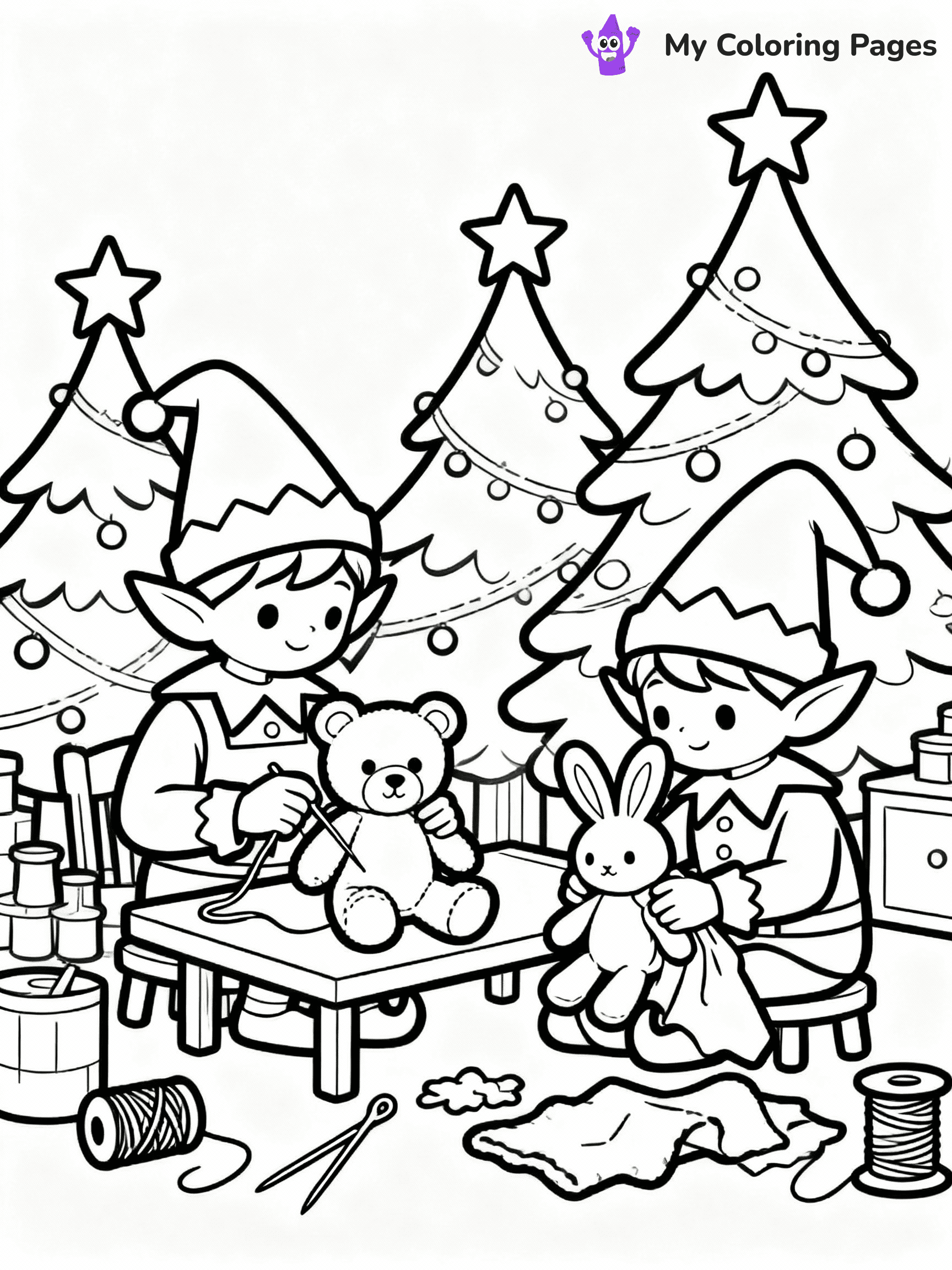 ⚠️ CRITICAL REQUIREMENT - ABSOLUTE BLACK AND WHITE ONLY ⚠️
This MUST be a BLACK AND WHITE line drawing ONLY. NO COLORS whatsoever.
- ONLY pure black lines (#000000) on pure white background (#FFFFFF)
- ABSOLUTELY NO colors, NO shading, NO gradients, NO grayscale
- If there are ANY colors in the output, the image is REJECTED
- This is a COLORING PAGE - meant to be COLORED IN by children
- The output must be UNCOLORED line art ready for coloring
⚠️ SUBJECT TO DRAW: Elves making stuffed animals in a toy room, in Christmas-themed style. PURE OUTLINES. NO FILLS, COLOR, SHADING, OR GREYSCALE. WHITE BACKGROUND.
(REMEMBER: Output must be BLACK AND WHITE line art only, NOT colored!)
# Flat, Friendly Cartoon Line-Art Coloring Page
You are generating a **pure black-and-white binary image** of a child-friendly cartoon scene combining characters and background scenery in one cohesive composition.
## Rendering Rules (Strict)
- Only two colors: pure black (#000000) outlines and pure white (#FFFFFF) background.
- No grayscale, shading, gradients, tints, fills, transparency, or partial pixels.
- No antialiasing or blended edges; every pixel is 100% black or white.
- No solid black fills inside shapes — all areas inside outlines must remain white.
- No dark clothing areas or filled tone blocks; all garments outlined only.
- No shadows, textures, lighting, or tonal variations.
- Must look like flat binary vector line-art for coloring pages.
## Drawing & Composition
- **Medium, consistent line weight**; clean closed outlines easy to color inside.
- **Flat, simple, child-friendly design** — no realism or 3D depth.
- Characters are **grounded on a surface**, centered and large.
- **Balanced composition** with clear silhouettes and minimal props.
## Scenery & Style
- Landmarks (e.g., mosque, CN Tower) and scenery (trees, benches, waves) drawn with **black outlines only.**
- For real-world figures, teams, or places, show accurate details using only black outlines—no text or logos. Use distinctive uniform patterns, abstract symbols, and landmark silhouettes to convey identity.
- Keep **consistent perspective**; no floating elements.
- **Style:** whimsical **Doodle Art Alley** — rounded, friendly outlines.
- May adapt shapes from **Crayola, Disney, Peppa Pig, Cocomelon** — *by shape only, never color.*
- Final output: **flat, crisp, binary (#000000/#FFFFFF)**, **no filled color or background text.**
EXTREMELYE IMPORTANT:
- PURE BINARY LINE-ART; NO FILLS (HAIR/CLOTHES/SKIN), SHADING, OR GREY.
- NO SHADING, COLOR. MUST BE WHITE BACKGROUND.
⚠️ FINAL REMINDER: Draw the subject "Elves making stuffed animals in a toy room, in Christmas-themed style. PURE OUTLINES. NO FILLS, COLOR, SHADING, OR GREYSCALE. WHITE BACKGROUND." as BLACK AND WHITE line art. Zero colors in output.