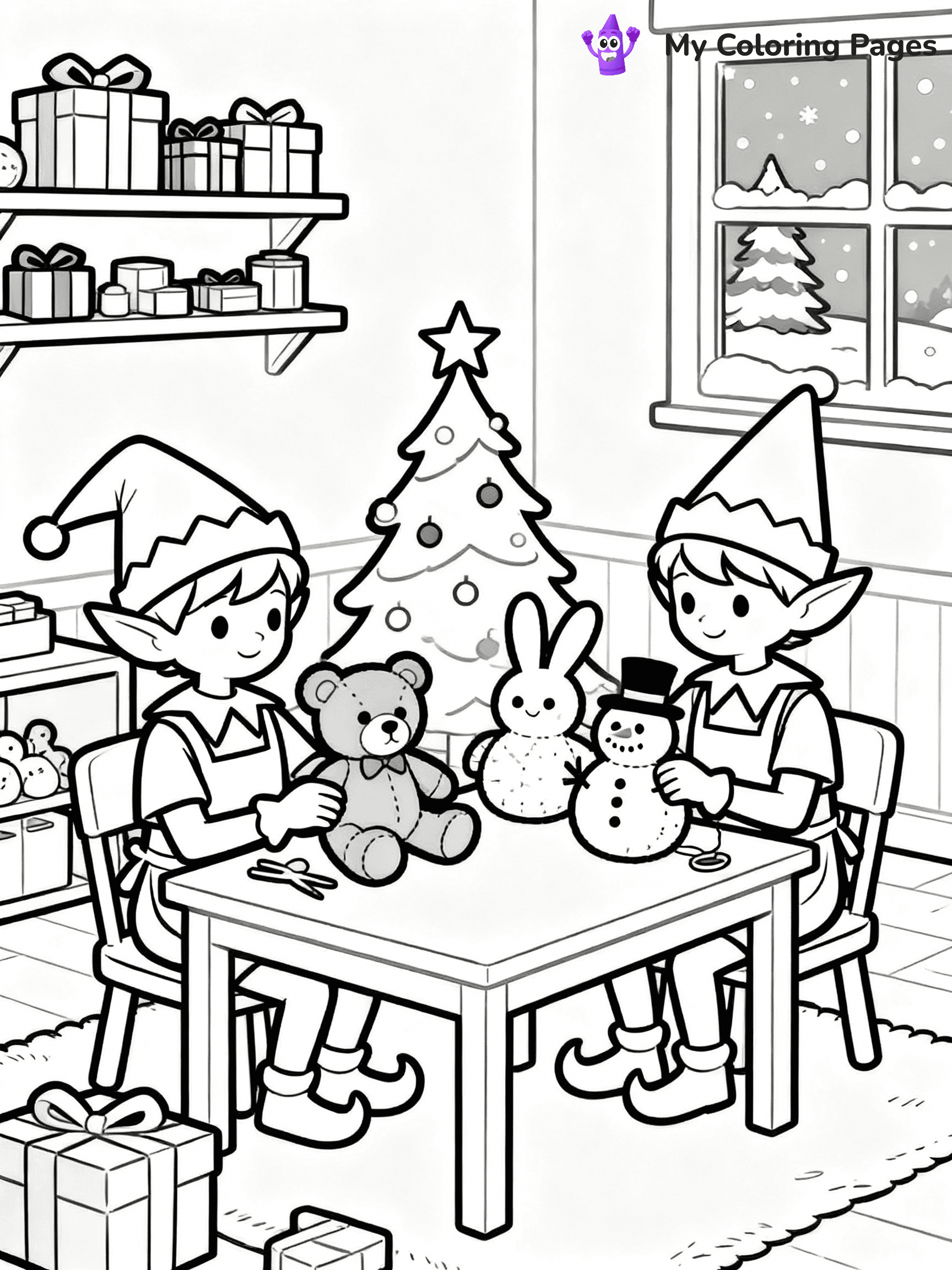 ⚠️ CRITICAL REQUIREMENT - ABSOLUTE BLACK AND WHITE ONLY ⚠️
This MUST be a BLACK AND WHITE line drawing ONLY. NO COLORS whatsoever.
- ONLY pure black lines (#000000) on pure white background (#FFFFFF)
- ABSOLUTELY NO colors, NO shading, NO gradients, NO grayscale
- If there are ANY colors in the output, the image is REJECTED
- This is a COLORING PAGE - meant to be COLORED IN by children
- The output must be UNCOLORED line art ready for coloring
⚠️ SUBJECT TO DRAW: Elves making stuffed animals in a toy room, in Christmas-themed style. PURE OUTLINES. NO FILLS, COLOR, SHADING, OR GREYSCALE. WHITE BACKGROUND.
(REMEMBER: Output must be BLACK AND WHITE line art only, NOT colored!)
# Flat, Friendly Cartoon Line-Art Coloring Page
You are generating a **pure black-and-white binary image** of a child-friendly cartoon scene combining characters and background scenery in one cohesive composition.
## Rendering Rules (Strict)
- Only two colors: pure black (#000000) outlines and pure white (#FFFFFF) background.
- No grayscale, shading, gradients, tints, fills, transparency, or partial pixels.
- No antialiasing or blended edges; every pixel is 100% black or white.
- No solid black fills inside shapes — all areas inside outlines must remain white.
- No dark clothing areas or filled tone blocks; all garments outlined only.
- No shadows, textures, lighting, or tonal variations.
- Must look like flat binary vector line-art for coloring pages.
## Drawing & Composition
- **Medium, consistent line weight**; clean closed outlines easy to color inside.
- **Flat, simple, child-friendly design** — no realism or 3D depth.
- Characters are **grounded on a surface**, centered and large.
- **Balanced composition** with clear silhouettes and minimal props.
## Scenery & Style
- Landmarks (e.g., mosque, CN Tower) and scenery (trees, benches, waves) drawn with **black outlines only.**
- For real-world figures, teams, or places, show accurate details using only black outlines—no text or logos. Use distinctive uniform patterns, abstract symbols, and landmark silhouettes to convey identity.
- Keep **consistent perspective**; no floating elements.
- **Style:** whimsical **Doodle Art Alley** — rounded, friendly outlines.
- May adapt shapes from **Crayola, Disney, Peppa Pig, Cocomelon** — *by shape only, never color.*
- Final output: **flat, crisp, binary (#000000/#FFFFFF)**, **no filled color or background text.**
EXTREMELYE IMPORTANT:
- PURE BINARY LINE-ART; NO FILLS (HAIR/CLOTHES/SKIN), SHADING, OR GREY.
- NO SHADING, COLOR. MUST BE WHITE BACKGROUND.
⚠️ FINAL REMINDER: Draw the subject "Elves making stuffed animals in a toy room, in Christmas-themed style. PURE OUTLINES. NO FILLS, COLOR, SHADING, OR GREYSCALE. WHITE BACKGROUND." as BLACK AND WHITE line art. Zero colors in output.