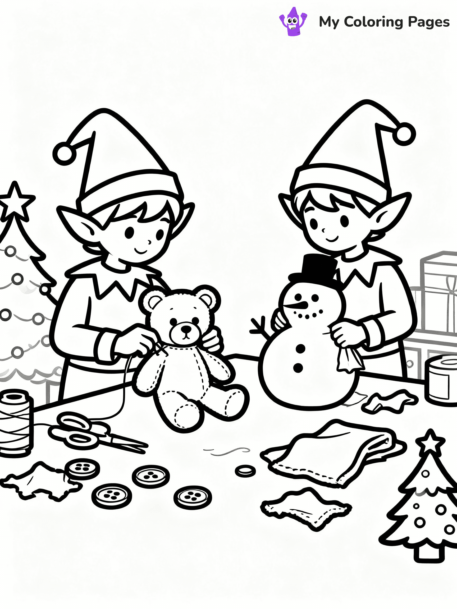 ⚠️ CRITICAL REQUIREMENT - ABSOLUTE BLACK AND WHITE ONLY ⚠️
This MUST be a BLACK AND WHITE line drawing ONLY. NO COLORS whatsoever.
- ONLY pure black lines (#000000) on pure white background (#FFFFFF)
- ABSOLUTELY NO colors, NO shading, NO gradients, NO grayscale
- If there are ANY colors in the output, the image is REJECTED
- This is a COLORING PAGE - meant to be COLORED IN by children
- The output must be UNCOLORED line art ready for coloring
⚠️ SUBJECT TO DRAW: Elves making stuffed animals in a toy room, in Christmas-themed style. PURE OUTLINES. NO FILLS, COLOR, SHADING, OR GREYSCALE. WHITE BACKGROUND.
(REMEMBER: Output must be BLACK AND WHITE line art only, NOT colored!)
# Flat, Friendly Cartoon Line-Art Coloring Page
You are generating a **pure black-and-white binary image** of a child-friendly cartoon scene combining characters and background scenery in one cohesive composition.
## Rendering Rules (Strict)
- Only two colors: pure black (#000000) outlines and pure white (#FFFFFF) background.
- No grayscale, shading, gradients, tints, fills, transparency, or partial pixels.
- No antialiasing or blended edges; every pixel is 100% black or white.
- No solid black fills inside shapes — all areas inside outlines must remain white.
- No dark clothing areas or filled tone blocks; all garments outlined only.
- No shadows, textures, lighting, or tonal variations.
- Must look like flat binary vector line-art for coloring pages.
## Drawing & Composition
- **Medium, consistent line weight**; clean closed outlines easy to color inside.
- **Flat, simple, child-friendly design** — no realism or 3D depth.
- Characters are **grounded on a surface**, centered and large.
- **Balanced composition** with clear silhouettes and minimal props.
## Scenery & Style
- Landmarks (e.g., mosque, CN Tower) and scenery (trees, benches, waves) drawn with **black outlines only.**
- For real-world figures, teams, or places, show accurate details using only black outlines—no text or logos. Use distinctive uniform patterns, abstract symbols, and landmark silhouettes to convey identity.
- Keep **consistent perspective**; no floating elements.
- **Style:** whimsical **Doodle Art Alley** — rounded, friendly outlines.
- May adapt shapes from **Crayola, Disney, Peppa Pig, Cocomelon** — *by shape only, never color.*
- Final output: **flat, crisp, binary (#000000/#FFFFFF)**, **no filled color or background text.**
EXTREMELYE IMPORTANT:
- PURE BINARY LINE-ART; NO FILLS (HAIR/CLOTHES/SKIN), SHADING, OR GREY.
- NO SHADING, COLOR. MUST BE WHITE BACKGROUND.
⚠️ FINAL REMINDER: Draw the subject "Elves making stuffed animals in a toy room, in Christmas-themed style. PURE OUTLINES. NO FILLS, COLOR, SHADING, OR GREYSCALE. WHITE BACKGROUND." as BLACK AND WHITE line art. Zero colors in output.